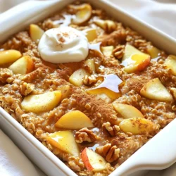To make these tasty squares, gather the following main ingredients: - 2 cups rolled oats - 1 cup unsweetened applesauce - 1 cup almond milk (or any milk of choice) - 1 large egg, lightly beaten - 1/4 cup maple syrup (or honey) - 1 teaspoon baking powder - 1 teaspoon ground cinnamon - 1/2 teaspoon vanilla extract - 1/4 teaspoon salt - 2 medium apples, peeled and diced These basic items come together to create a warm, flavorful dish. The oats provide a hearty base, while the applesauce adds moisture and sweetness. You can personalize your squares with these optional ingredients: - 1/2 cup chopped walnuts or pecans (optional) - Dried fruits like raisins or cranberries - A pinch of nutmeg for extra spice - A scoop of protein powder for added nutrition These add-ins can enhance the flavor and texture. Don’t hesitate to mix and match based on what you love! If you need to swap out items, here are some great substitutes: - Use coconut milk instead of almond milk for a creamier taste. - Try flaxseed meal mixed with water instead of an egg for a vegan option. - Brown sugar can replace maple syrup if you prefer a different sweetener. These substitutes help you adapt the recipe to your tastes or dietary needs. Feel free to get creative! 1. Start by preheating the oven to 350°F (175°C). Grease an 8x8-inch baking dish with a bit of oil or butter. 2. In a large bowl, mix together 2 cups of rolled oats, 1 teaspoon of baking powder, 1 teaspoon of ground cinnamon, and 1/4 teaspoon of salt. Set this bowl aside. 3. In another bowl, combine 1 cup of unsweetened applesauce, 1 cup of almond milk, 1 large beaten egg, 1/4 cup of maple syrup, and 1/2 teaspoon of vanilla extract. Whisk these ingredients together until well blended. 4. Pour the wet mixture into the dry oat mixture. Stir gently to combine everything well. 5. Fold in 2 diced apples and 1/2 cup of chopped walnuts or pecans if you want. Ensure that they mix evenly with the oats. 6. Transfer the mixture to your prepared baking dish. Spread it out evenly with a spatula. 7. Place the dish in the preheated oven and bake for 30 to 35 minutes. You will know it’s ready when the edges turn golden brown. A toothpick inserted in the center should come out clean. - To check if it is done, insert a toothpick into the center. If it comes out clean, it's ready. - If the top looks golden but the middle is still wet, bake a few more minutes. - Let the baked oatmeal cool for at least 10 minutes before cutting it into squares. This helps them set and makes them easier to serve. These steps ensure your Apple Cinnamon Baked Oatmeal Squares turn out perfectly every time. Enjoy the warm, comforting flavors! To make perfect oatmeal squares, follow these steps closely. Start by preheating your oven to 350°F (175°C). Grease an 8x8-inch baking dish to prevent sticking. Mix dry ingredients first: rolled oats, baking powder, ground cinnamon, and salt. In another bowl, blend the wet ingredients: applesauce, almond milk, egg, maple syrup, and vanilla. Whisk them until smooth. Combine both mixtures gently. This will keep the oats fluffy. Fold in diced apples and nuts evenly. Spread the mix in the baking dish. Bake for 30-35 minutes. Look for golden edges and a clean toothpick. Many home cooks make common mistakes. One mistake is over-mixing the batter. This can make the squares tough. Another mistake is not measuring ingredients properly. Use measuring cups and spoons for accuracy. Forgetting to grease the baking dish can lead to sticking. Always grease well, even if using non-stick pans. Lastly, avoid underbaking. Ensure the edges are golden. A toothpick should come out clean from the center. Serving these oatmeal squares can be fun! Drizzle warm squares with extra maple syrup. A dollop of yogurt adds creaminess. Sprinkle some cinnamon on top for extra flavor. You can also add a few apple slices on the side for freshness. Consider serving in a rustic dish to highlight the homemade feel. These simple touches make your dish look appealing and taste even better. {{image_2}} You can easily make this recipe gluten-free. Use certified gluten-free rolled oats instead of regular oats. This change keeps the texture and flavor intact while ensuring safety for those with gluten allergies. You can also check your baking powder to confirm it is gluten-free. To create a vegan version, replace the egg with a flax egg. Mix one tablespoon of ground flaxseed with three tablespoons of water. Let it sit for about five minutes until it becomes gel-like. You can also swap almond milk for any plant-based milk, like soy or oat milk. This keeps the dish dairy-free while still being moist and tasty. If you want to avoid nuts, simply leave out the walnuts or pecans. You can also add seeds like pumpkin or sunflower seeds for extra crunch. These seeds add protein and healthy fats without the nut allergens. Enjoy the same delicious flavor without worry! To keep your baked oatmeal squares fresh, let them cool completely first. Once cool, cut them into squares. Place the squares in an airtight container. Store them in the fridge if you plan to eat them within a week. This helps maintain their soft texture and flavor. You can freeze the squares for longer storage. Wrap each square in plastic wrap. Then, place them in a freezer-safe bag. When you want to enjoy them, just take out a square. Let it thaw in the fridge overnight or microwave it for about 30 seconds. This warms the square nicely without drying it out. Baked oatmeal squares can last in the fridge for about five to seven days. If frozen, they can last up to three months. For best taste and texture, eat them within one month of freezing. Label your containers with the date to keep track. This way, you’ll always enjoy fresh, tasty oatmeal squares when you want a snack! Yes, you can use quick oats. Quick oats will cook faster. They absorb more liquid, so the texture may be softer. If you want a chewier bite, stick with rolled oats. Rolled oats hold their shape well and give a nice texture. To reduce sweetness, cut down on maple syrup. You can use less, or leave it out. The applesauce adds natural sweetness, so your squares will still taste great. You can also add spices like nutmeg or ginger for extra flavor without extra sugar. Many toppings work well with these squares. Here are a few tasty options: - Greek yogurt for creaminess - Fresh fruit like bananas or berries - A sprinkle of nuts for crunch - A drizzle of honey or maple syrup - A bit of peanut butter for richness Feel free to mix and match! Enjoy creating your perfect combination. In this article, we covered how to make delicious apple cinnamon baked oatmeal squares. We explored key ingredients, optional add-ins, and substitutes. The step-by-step instructions guided you through preparation and baking. We shared tips, common mistakes, and serving ideas. Variations included gluten-free, vegan, and nut-free options. Lastly, we discussed storage and answered common questions. Baking these squares is simple and rewarding. You can easily customize them for great taste. Enjoy this treat!