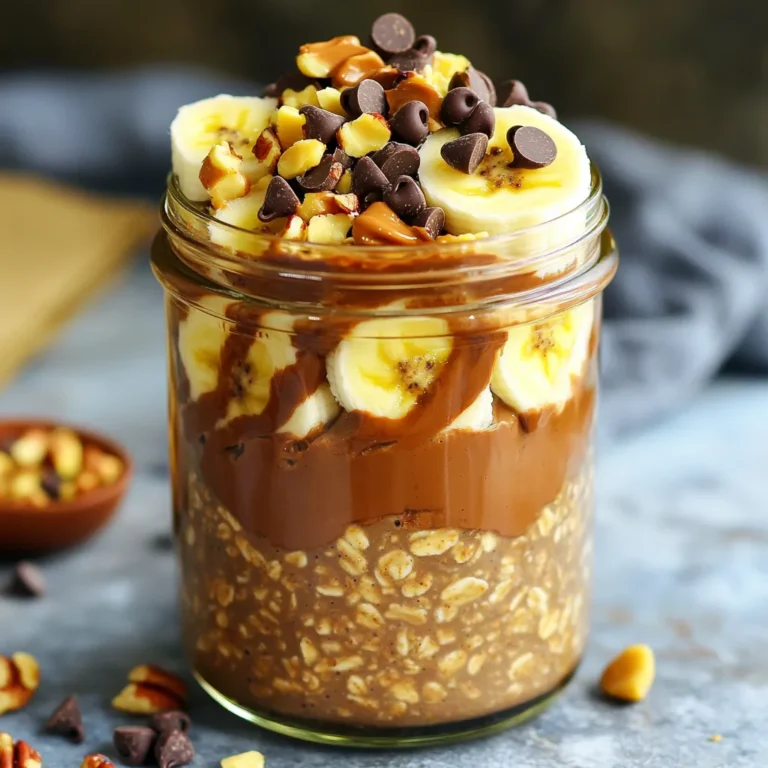 For my Mocha Peanut Butter Overnight Oats, I use simple, tasty ingredients. You need: - 1/2 cup rolled oats - 1 cup almond milk (or any milk of choice) - 1 tablespoon unsweetened cocoa powder - 1 tablespoon maple syrup (or honey) - 2 tablespoons peanut butter - 1/2 teaspoon vanilla extract - 1/2 teaspoon instant coffee granules (or espresso powder) - A pinch of salt These items blend well to create a creamy texture. The oats soak up the milk and flavors overnight. Cocoa powder gives it a nice chocolate taste. The peanut butter adds richness and protein. Toppings can make your oats even better. I love to add: - Sliced bananas - Chocolate chips - Chopped nuts - Shredded coconut These toppings add crunch and sweetness. You can mix and match to find your favorite flavor combo. You can easily change the recipe for dietary needs. If you're vegan, use maple syrup and almond milk. For nut allergies, try oat milk or soy milk instead. You can swap peanut butter for sunflower seed butter if needed. Adjusting these ingredients keeps the recipe delicious and friendly for everyone. Start by gathering all your ingredients. You need rolled oats, almond milk, cocoa powder, maple syrup, peanut butter, vanilla extract, coffee granules, and salt. In a medium bowl, combine 1/2 cup of rolled oats and 1 cup of almond milk. Add 1 tablespoon of cocoa powder and 1 tablespoon of maple syrup for sweetness. Pour in 1/2 teaspoon of vanilla extract. Mix well until everything is combined. Next, add 1/2 teaspoon of instant coffee granules and a pinch of salt. Stir until the coffee dissolves. This step is key! It brings out the rich flavor of mocha in your oats. Now, gently fold in 2 tablespoons of peanut butter. This makes your oats creamy. You might see swirls of peanut butter, which look great. Transfer the mixture into a mason jar or an airtight container. Seal it tightly to keep it fresh. Refrigerate overnight, or for at least 4 hours. This soaking time is important. It allows the oats to absorb the milk and flavors. In the morning, stir the oats. If they seem too thick, add a splash of almond milk. Enjoy your mocha peanut butter overnight oats cold or warm, topped with your favorite extras! To get the best flavor in your mocha peanut butter overnight oats, use high-quality cocoa powder and fresh coffee granules. I suggest using unsweetened cocoa powder. It allows the peanut butter to shine through. The coffee adds depth and a little kick. Mix it in well. The flavors blend better when you let them sit overnight. Each bite will taste rich and creamy. You control the sweetness in this recipe. If you like it sweeter, add more maple syrup or honey. Start with one tablespoon and taste. You can always add more. For thickness, if the oats are too thick in the morning, just mix in a splash of almond milk. This makes it creamy without losing the flavor. You want a smooth texture that is easy to eat. Presentation matters! Use clear glass jars to show off your oats. Layer the oats with your toppings for a fun look. Add sliced bananas or chocolate chips on top for color. You can sprinkle chopped nuts or shredded coconut for crunch. This makes your breakfast not just tasty but also beautiful. Serve it at brunch or when friends visit for an eye-catching treat! {{image_2}} You can change the flavor of mocha peanut butter overnight oats easily. Use different nut butters like almond or cashew for a twist. Try using chocolate protein powder instead of cocoa for extra protein. You can also switch maple syrup for agave or honey to change the sweetness. For a fruity kick, add berries or diced apples. Each swap brings a new taste to your bowl. Making this recipe vegan is simple. Just use plant-based milk and maple syrup. Many brands offer gluten-free oats, so check the label if needed. You can also use gluten-free granola as a topping. This way, everyone can enjoy these oats, no matter their diet! Adding seasonal fruits can enhance your oats. In spring, use fresh strawberries or blueberries. Summer is perfect for peaches or cherries. In fall, try diced apples with cinnamon. Winter can call for pomegranate seeds or citrus slices. These ingredients bring freshness and color to your breakfast. Store your mocha peanut butter overnight oats in an airtight container. Glass jars work great. These help keep the oats fresh and prevent spills. Make sure to seal it tightly before putting it in the fridge. This keeps out air and moisture. You can layer oats and toppings in the jar for a nice look. Just keep the toppings separate if you want them crunchy. Mocha peanut butter overnight oats will stay fresh for up to five days in the fridge. After that, the oats may lose their texture. Check for any off smells or changes in color before eating. If they look or smell strange, it's best to toss them. To keep them fresh longer, store the oats without toppings first. Add your toppings right before you eat for the best flavor. These oats are best served cold, but you can reheat them if you prefer warm oats. To do this, transfer the oats to a microwave-safe bowl. Heat them for 30 seconds, then stir. If they are too thick after heating, add a splash of almond milk to loosen them up. Enjoy your mocha peanut butter overnight oats hot or cold, depending on your mood! Yes, you can use other types of oats. Quick oats and steel-cut oats work well. Quick oats will absorb liquid faster. They may make the oats softer. Steel-cut oats take longer to soften. They add a chewier texture. You might need to adjust the liquid and soak time. Always check the package for specific instructions. Almond milk is a great choice for overnight oats. It adds a nice flavor and creaminess. You can also use soy milk, oat milk, or coconut milk. Each type gives a different taste. Choose one that fits your diet or taste. Make sure it’s unsweetened for less sugar. You can store Mocha Peanut Butter Overnight Oats for up to five days. Keep them in an airtight container in the fridge. The oats will stay fresh and tasty. If it thickens too much, add a little milk before eating. Enjoy your meal prep with ease! We've explored how to make Mocha Peanut Butter Overnight Oats. You learned the key ingredients, helpful preparation steps, and tips for flavor. I shared ways to adjust sweetness and texture, along with serving ideas. You can even try variations to suit your taste, including vegan and gluten-free options. Remember to store your oats properly to keep them fresh. With these insights, you now have everything to create a delicious, customizable breakfast that fits your needs. Enjoy your oats and make them your own!