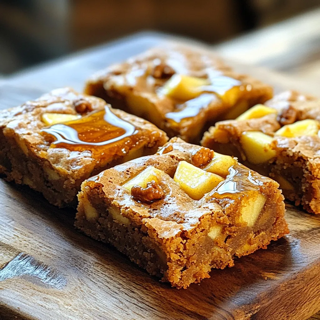 - 1 cup unsalted butter - 1 ½ cups brown sugar, packed - 2 large eggs - 1 teaspoon vanilla extract - 2 cups all-purpose flour - ½ teaspoon baking powder - ½ teaspoon baking soda - ½ teaspoon salt - 1 teaspoon ground cinnamon - 1 ½ cups peeled and diced apples (about 2 medium apples) - ½ cup chopped walnuts (optional) - ¼ cup maple syrup (for drizzling) When I make bakery-style brown butter apple blondies, I love using simple, fresh ingredients. It starts with unsalted butter. It gives the blondies a rich taste. I prefer brown sugar for sweetness. It adds a nice depth to the flavor. Next, I crack in two large eggs. They bring moisture and help bind everything together. A hint of vanilla extract rounds out the flavors nicely. For the dry mix, I use all-purpose flour, baking powder, baking soda, and salt. These create a nice rise and texture. Ground cinnamon adds warmth and spice, making them taste like fall. The star of the show is the apples. I use about 1 ½ cups of peeled and diced apples. They keep the blondies moist and add a sweet crunch. If I want more texture, I toss in ½ cup of chopped walnuts. This step is optional, but I enjoy their nutty flavor. Finally, I drizzle maple syrup over the top once they cool. This sweet touch makes every bite a treat. Each ingredient plays a role in creating a delicious, bakery-style dessert. First, preheat your oven to 350°F (175°C). This step is important for even baking. While the oven heats, get your baking pan ready. Grease an 8x8-inch pan with some butter. Next, line it with parchment paper, leaving some paper hanging over the edges. This helps you lift the blondies out easily later. Now, let's brown the butter. In a medium saucepan, melt 1 cup of unsalted butter over medium heat. Keep stirring it often. You want it to foam and then turn a rich golden brown. This usually takes about 5-7 minutes. You will notice a nutty smell. Be careful, as burnt butter has a bitter taste. If it turns too dark, you need to start over. Once your butter is browned, take it off the heat and let it cool for a minute. In a large bowl, add 1 ½ cups of packed brown sugar to the warm butter. Stir it well until it's smooth. Next, crack in 2 large eggs. Mix them in one at a time. After that, add 1 teaspoon of vanilla extract and stir until everything blends well. In a separate bowl, whisk together 2 cups of all-purpose flour, ½ teaspoon of baking powder, ½ teaspoon of baking soda, ½ teaspoon of salt, and 1 teaspoon of ground cinnamon. Slowly add this dry mix to the wet mix. Stir until just combined; do not overmix. Now it’s time to add some texture. Gently fold in 1 ½ cups of peeled and diced apples and ½ cup of chopped walnuts, if you like. Make sure they are evenly spread out in the batter. This will give your blondies a lovely bite! To get the best texture, avoid overmixing the batter. Once you add the dry ingredients, stir gently. Mix just until you see no flour. Overmixing can make the blondies tough. The goal is a soft, chewy bite. Browning butter gives a nutty flavor. To do this, melt it slowly over medium heat. Watch closely as it can burn fast. Stir constantly and look for a golden color. This usually takes about 5 to 7 minutes. If it starts smelling burnt, it’s too late. Use a light-colored pan to see the color change better. To enhance the taste, add spices or extracts. Ground cinnamon works well, but you can also try nutmeg. A splash of almond or maple extract adds a nice twist too. Feel free to adjust based on your taste. Adding these small touches can elevate your blondies. {{image_2}} You can switch up the nuts and fruits in this recipe. Instead of walnuts, try pecans or almonds for a new flavor. For fruits, mix in diced pears or even berries. Each choice adds a unique twist to the blondies. You can also use dried fruits like cranberries or apricots for extra sweetness. To make these blondies gluten-free, replace all-purpose flour with a gluten-free blend. Make sure it has xanthan gum for the best texture. You can also use almond flour for a nutty taste. Just adjust the amount since almond flour is denser. This way, everyone can enjoy the blondies, even those avoiding gluten. While maple syrup is tasty, there are other fun toppings. Try a drizzle of caramel sauce for a rich touch. You can also top with a cream cheese frosting for added creaminess. A sprinkle of powdered sugar gives a sweet finish without overpowering the flavor. Each topping changes the taste and look of your blondies. To keep your blondies fresh, store them in an airtight container. Place parchment paper between layers to avoid sticking. Blondies can last up to a week at room temperature. For longer freshness, you can refrigerate them. Just make sure they are well-sealed to avoid drying out. Freezing blondies is easy and great for meal prep. Cut the blondies into squares first. Wrap each square tightly in plastic wrap. Then, place them in a freezer-safe bag. They can last for about three months in the freezer. When you’re ready to enjoy, just thaw them in the fridge overnight. To reheat blondies, use your oven or microwave. For the oven, set it to 350°F (175°C). Place the blondies on a baking sheet for about 5-7 minutes. This keeps them warm without drying them out. If using a microwave, heat for 10-15 seconds. Check to ensure they are warm but not hot. Enjoy your delicious blondies! Yes, you can use different sugars in this recipe. If you want a lighter flavor, try using white sugar. It will give a different texture but still taste good. You could also mix sugars. For example, half brown sugar and half white sugar work well together. Just keep in mind that brown sugar adds moisture and a caramel flavor, while white sugar is drier and lighter. To check if your blondies are done, insert a toothpick into the center. If it comes out clean or with just a few crumbs, they are ready. You can also look for a golden-brown top. The edges should pull away slightly from the pan. If the top looks shiny or wet, give them a few more minutes. Absolutely! You can make these blondies a day ahead. Just store them in an airtight container at room temperature. This way, the flavors meld together. If you want to make them even earlier, consider freezing them. Wrap them tightly in plastic wrap and foil. They can last up to three months in the freezer. When ready to eat, just thaw and enjoy! In this post, we covered how to make delicious blondies. We explored key ingredients like butter, apples, and nuts. I shared step-by-step instructions to brown butter and mix your batter. You learned tips for the best texture and flavor. I also provided variations to suit your taste and storage tips to keep them fresh. Now, grab your ingredients and start baking! You will enjoy every bite of your warm, sweet treats. Trust me, these blondies will be a hit every time.