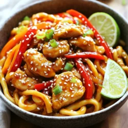 - 200g udon noodles - 200g chicken breast - 2 tablespoons sweet chili sauce - 1 tablespoon soy sauce - 1 tablespoon sesame oil - 1 small red bell pepper - 1 small carrot - 2 green onions - 1 garlic clove - 1 teaspoon grated ginger - Sesame seeds - Fresh cilantro The main ingredients form the heart of this dish. Udon noodles are thick and chewy, making them a great base. Chicken breast adds protein and flavor. Sweet chili sauce gives a nice kick of sweetness and spice. Soy sauce adds depth, while sesame oil brings a nutty aroma. Fresh produce adds color and crunch. Red bell peppers give a sweet crunch, and carrots add a touch of earthiness. Green onions add brightness with their mild onion flavor. Garlic and ginger provide warmth and zest to the dish. For garnishes, you can use sesame seeds for crunch and cilantro for freshness. These finishing touches elevate your dish, making it not just tasty but also beautiful. Cooking the udon noodles Start by boiling a large pot of water. Once it bubbles, add 200g of udon noodles. Cook them for about 2 to 3 minutes, as the package suggests. After that, drain the noodles and rinse them under cold water. This stops the cooking process and keeps them from getting mushy. Set them aside for later. Preparing the chicken and vegetables Next, thinly slice 200g of chicken breast. You can use a sharp knife for this task. It helps to have even pieces for cooking. Now, slice a small red bell pepper and julienne one small carrot. Chop two green onions for garnish later. Mince one garlic clove and grate one teaspoon of ginger. These add great flavor to your dish. Sautéing garlic and ginger Heat a large pan or wok over medium heat. Add one tablespoon of sesame oil. Once hot, toss in the minced garlic and grated ginger. Sauté them for about 30 seconds until you smell their aroma. This step is key to building flavor. Cooking the chicken Now, increase the heat to medium-high. Add the sliced chicken to the pan. Stir-fry it for about 4 to 5 minutes. Cook until the chicken turns golden brown and is no longer pink inside. This ensures it is safe and tasty. Adding vegetables After the chicken is cooked, toss in the sliced red bell pepper and julienned carrot. Stir-fry these for another 2 to 3 minutes. You want them tender yet still crisp. This keeps your dish fresh and vibrant. Combining sauces Drizzle two tablespoons of sweet chili sauce and one tablespoon of soy sauce over the chicken and vegetables. Stir well to coat everything evenly. This mix gives your dish a sweet and savory flavor. Mixing in udon noodles Now, add the cooked udon noodles to the pan. Gently toss everything together for about 1 to 2 minutes. This warms the noodles and combines the flavors nicely. Garnishing before serving Remove the pan from the heat. Sprinkle chopped green onions on top. For extra flair, you can add sesame seeds and fresh cilantro if you like. These garnishes give your dish a beautiful finish and enhance the taste. - To cook udon noodles, boil water in a large pot. Add the noodles and cook for 2-3 minutes. Drain and rinse with cold water to stop cooking. This keeps them firm. - For perfect chicken, heat sesame oil in a pan. Add garlic and ginger first for flavor. Then, increase heat and stir-fry the chicken until golden brown, about 4-5 minutes. - You can add more veggies, like snap peas or mushrooms, for extra color and taste. - To adjust spice levels, mix in more sweet chili sauce or a dash of hot sauce. Taste as you go to find your perfect heat. - Serve udon in bowls. Top with extra sesame seeds and green onions for a nice look. - Pair this dish with a light drink, like iced tea or a crisp white wine. A side of steamed bok choy or a simple salad can round out your meal nicely. {{image_2}} You can easily switch up the protein in this dish. Shrimp makes a great choice. Just sauté them until they turn pink. Tofu is another excellent option. Use firm tofu for the best texture. Cut it into cubes and fry until golden brown. You can also try different meats like beef or pork. Just slice them thinly and stir-fry until cooked through. Feel free to add more veggies to your stir-fry. Broccoli, snap peas, or mushrooms all work well. They add color and nutrition. Seasonal vegetables are a fun way to change this dish. In the spring, use asparagus. In the fall, try adding pumpkin or squash for a unique twist. If you need a gluten-free version, use gluten-free udon noodles or rice noodles. Check the labels to be sure. For vegetarian or vegan diets, swap the chicken for more tofu or even tempeh. You can also replace the sweet chili sauce with a homemade vegan option. Just mix sugar, vinegar, and chili flakes for a tasty alternative. To keep your Minute Sweet Chili Chicken Udon fresh, place it in an airtight container. This helps prevent drying out and keeps flavors intact. Store the container in the fridge. Leftovers are best eaten within 3 days for optimal taste. When reheating udon, you want to keep it moist. I suggest adding a splash of water or broth before reheating. Use a microwave or a pan on low heat. Stir frequently to prevent sticking. This will help regain that nice texture. Yes, you can freeze Minute Sweet Chili Chicken Udon. To freeze, cool the dish completely first. Then, place it in a freezer-safe container or bag. Make sure to remove as much air as possible. It can stay frozen for up to 2 months. When ready to eat, thaw it in the fridge overnight. Reheat using the methods mentioned above for the best results. It takes about 15 minutes to make Minute Sweet Chili Chicken Udon. You will need 10 minutes for prep and 5 minutes for cooking. This quick time makes it perfect for busy days. You can make this dish ahead of time. Cook it fully and store it in the fridge for up to two days. Just reheat it in a pan or microwave before serving. You can use regular chili sauce or a mix of honey and hot sauce. This gives a similar sweet and spicy flavor. Adjust the amount to match your taste. Yes, rinsing udon noodles is necessary. It stops the cooking process and keeps them from getting sticky. Rinse them under cold water for the best texture. You can omit sesame oil if you must. However, it adds a nice nutty flavor. If you need a substitute, use olive oil or another oil you prefer. In this post, we covered how to make Minute Sweet Chili Chicken Udon. We explored the essential ingredients, like udon noodles, chicken, and fresh veggies. I shared step-by-step instructions for preparation and cooking, plus tips for flavor and serving. You learned about variations and storage for leftovers. Try out this dish tonight for a tasty, quick meal. Enjoy each bite and have fun experimenting with your own twists!