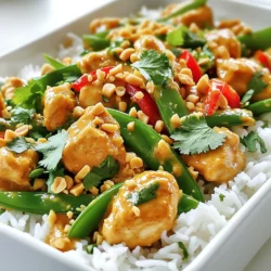 - 1 lb boneless chicken thighs - Vegetable oil, garlic, and ginger - Red bell pepper, snow peas, and green onions To create the best Thai peanut chicken, start with boneless chicken thighs. They stay tender and juicy. Use fresh garlic and ginger to add flavor. The red bell pepper brings color and sweetness. Snow peas add a nice crunch, and green onions give a fresh taste. - Unsweetened peanut butter - Soy sauce, coconut milk, and honey - Rice vinegar and sriracha The peanut sauce is key to this dish. Use unsweetened peanut butter for a rich taste. Soy sauce adds saltiness, while coconut milk makes it creamy. Honey adds sweetness. Rice vinegar gives a tangy kick, and sriracha brings some heat. Adjust these to your liking. - Crushed peanuts and cilantro - Cooked rice or noodles for serving Garnish your dish with crushed peanuts for extra crunch. Fresh cilantro adds brightness and flavor. Serve the Thai peanut chicken over cooked rice or noodles. This helps soak up the sauce and makes every bite delicious. 1. Start by heating 1 tablespoon of vegetable oil in a large skillet or wok over medium-high heat. 2. Once the oil is hot, add 1 pound of boneless chicken thighs, cut into bite-sized pieces. 3. Cook the chicken for about 5-6 minutes. Stir frequently until it turns golden brown and is cooked through. 4. Next, stir in 2 cloves of minced garlic and 1 tablespoon of grated fresh ginger. Cook for another minute until you smell their fragrant aroma. 1. Now it's time to add color and crunch! Toss in 1 sliced red bell pepper and 1 cup of trimmed snow peas. 2. Cook these vegetables for about 3-4 minutes, stirring until they are tender-crisp. You want them to stay bright and vibrant! 1. In a separate bowl, mix together ½ cup of unsweetened peanut butter, ¼ cup soy sauce, ¼ cup coconut milk, 2 tablespoons honey, 1 tablespoon rice vinegar, and 1 teaspoon of sriracha if you like heat. Stir until smooth. 2. Pour this delicious peanut sauce over the chicken and vegetables. Stir gently to combine everything evenly. 3. Let it simmer for an additional 2-3 minutes, so all the flavors meld together. 4. Season with salt and pepper to taste before serving. Enjoy your Thai peanut chicken over cooked rice or noodles! To get the peanut sauce just right, aim for a smooth and creamy texture. Start with unsweetened peanut butter. If it feels too thick, add a bit more coconut milk. This will help create a nice pourable sauce. You can swap out the honey for maple syrup if you want a different flavor. If you like a bit of kick, add more sriracha. Adjust it to your taste! Use high heat when cooking the chicken. This helps it get a nice, crispy edge while staying juicy inside. Stir the chicken often for even cooking. When you add the vegetables, use a quick stir-fry method. This keeps them tender-crisp and bright in color. Cook them for just a few minutes, so they stay crunchy. For the best experience, serve this dish over jasmine rice or rice noodles. Both options soak up the sauce well. Don’t forget the garnishes! Crushed peanuts add crunch, and fresh cilantro gives a burst of flavor. You can also try adding lime wedges for a zesty finish. {{image_2}} You can control the heat in this dish easily. If you want more spice, add more sriracha. Start with one teaspoon and taste. If it needs more heat, add another teaspoon. You can also sprinkle chili flakes on top for extra heat. Just be careful; a little goes a long way! If you want to change the protein, shrimp or tofu work well. If using shrimp, cook them for about 3-4 minutes until they turn pink. For tofu, use firm tofu and cook until golden brown, about 5-7 minutes. This keeps the dish tasty and fun. Feel free to switch up the veggies. Broccoli, carrots, or snap peas fit well. You can even use seasonal veggies like zucchini in summer or butternut squash in fall. This keeps your meal fresh and exciting! To keep your Thai peanut chicken fresh, place it in an airtight container. This helps lock in the flavor. It stays good in the fridge for up to three days. If you want to enjoy it later, don’t let it sit out too long. Always cool it down before storing. You can freeze this dish for future meals. Just let it cool completely. Then, spoon it into freezer-safe bags or containers. Make sure to remove as much air as possible. This way, it avoids freezer burn. It lasts up to three months in the freezer. When ready to eat, thaw it overnight in the fridge. Reheat it in a pan over low heat. Add a splash of coconut milk to keep it creamy. Meal prep makes cooking easier during busy weeks. Start by chopping the chicken and veggies in advance. Store them in separate containers in the fridge. You can also mix the peanut sauce a day ahead. When you’re ready to cook, just combine everything. This saves time and keeps your meals fresh for the week ahead. Yes, you can use chicken breast. Chicken thighs have more fat, giving a rich flavor. They stay juicy and tender when cooked. Chicken breast is leaner, so it cooks faster. If you use breast, watch it closely to avoid dryness. To make this dish gluten-free, use gluten-free soy sauce. Tamari is a great option. It has a similar taste and works well in the recipe. Check labels to ensure no hidden gluten in other ingredients. This way, you can enjoy the same great flavor! You can serve Thai peanut chicken with rice or noodles. Jasmine rice or brown rice pairs well. For noodles, try rice noodles or soba. Add a fresh salad or steamed veggies as sides. These complement the flavors and make a complete meal. This blog post showed you how to make delicious Thai peanut chicken. You learned about key ingredients, how to cook them, and tips for great taste. I shared ways to adjust spice levels and swap proteins. Also, we discussed storing leftovers and meal prep tips for busy days. Use these ideas to create your own tasty dishes. Enjoy experimenting with flavors and ingredients. Cooking can be fun and rewarding!