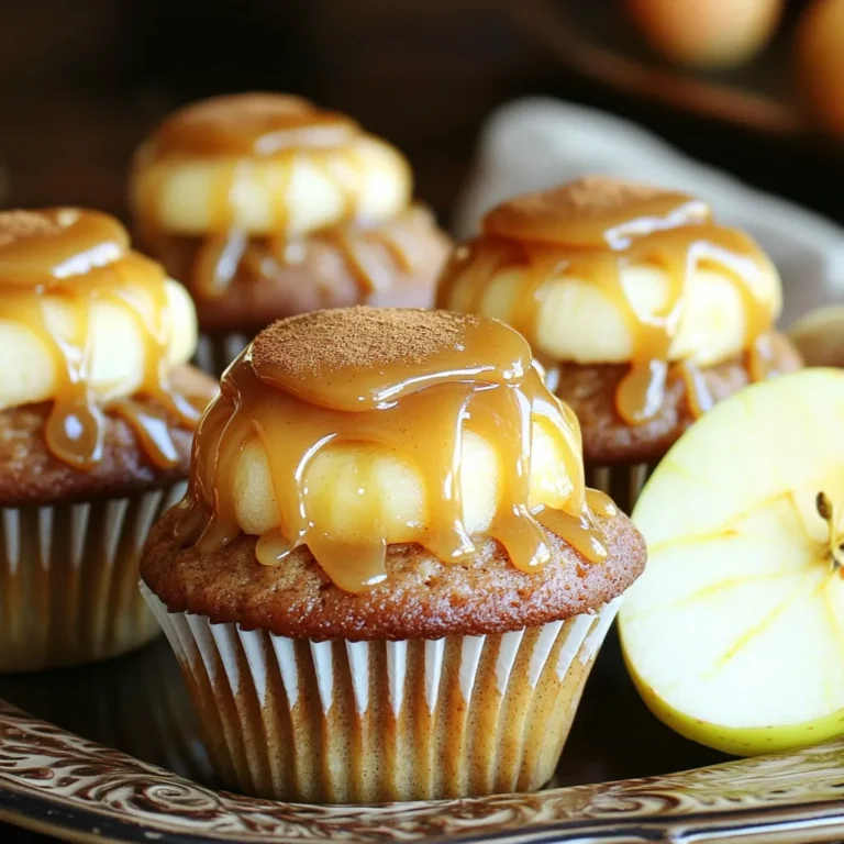 - 1 ½ cups all-purpose flour - 1 teaspoon baking powder - ½ teaspoon baking soda - ½ teaspoon salt - 1 teaspoon ground cinnamon - ½ cup unsalted butter, softened - 1 cup granulated sugar - 2 large eggs - 1 teaspoon vanilla extract - ½ cup applesauce - 1 cup diced apples (peeled and cored) - ½ cup caramel sauce (store-bought or homemade) - Optional: additional caramel sauce for drizzling on top - 1 cup = 240 ml - 1 teaspoon = 5 ml - ½ cup = 120 ml - ¾ cup = 180 ml - ½ teaspoon = 2.5 ml - 1 ½ cups = 360 ml When picking apples, go for firm varieties like Granny Smith or Honeycrisp. These add nice texture and flavor. Choose unsalted butter for better control over salt levels. This helps your cupcakes taste just right. For the caramel sauce, homemade is great, but store-bought works well too. Just make sure it has a rich flavor. Always use fresh ingredients for the best taste. Fresh eggs and apples can make a big difference in your cupcakes. First, preheat your oven to 350°F (175°C). This step is key for even baking. Next, line a cupcake pan with paper liners. This keeps the cupcakes from sticking. In a medium bowl, whisk together the dry ingredients: flour, baking powder, baking soda, salt, and ground cinnamon. This mix adds flavor and helps the cupcakes rise. Set this bowl aside for now. In a large mixing bowl, cream the softened butter and granulated sugar together. Mix until it looks light and fluffy. This step adds air, making the cupcakes soft. Then, beat in the eggs one at a time. Add the vanilla extract next and mix until everything is well blended. Now, stir in the applesauce. This adds moisture and a nice apple taste. Gradually add the dry mix to the wet mix. Stir until just combined, being careful not to overmix. Now, gently fold in the diced apples. Make sure they are spread evenly throughout the batter. This will give each bite a sweet apple surprise. Finally, fill each cupcake liner about three-quarters full with the batter. Place the cupcake pan in your preheated oven. Bake for 18-20 minutes. Check for doneness with a toothpick. Insert the toothpick into the center of a cupcake. If it comes out clean, they are ready. If not, give them a few more minutes. Once baked, allow the cupcakes to cool in the pan for 5 minutes. This helps them firm up. After that, transfer them to a wire rack to cool completely. When the cupcakes are cool, take a small knife and core the center of each cupcake. This creates space for the delicious filling. Fill each core with a small amount of caramel sauce. Drizzle additional caramel sauce on top of each cupcake. For a finishing touch, sprinkle a pinch of cinnamon on top. Enjoy this sweet treat! To keep your cupcakes moist, use room temperature ingredients. This helps them mix well. I recommend using unsalted butter. It gives a rich flavor and better control over salt. Also, don’t overmix your batter. Gently fold in the dry ingredients until just combined. This keeps the cupcakes light. Adding applesauce helps too. It adds moisture and flavor without extra fat. Decorating your cupcakes can be fun! After cooling, fill each center with caramel sauce. Drizzle more caramel on top for a sweet touch. A sprinkle of ground cinnamon adds warmth. You can also use apple slices for a fresh look. For crunch, add chopped nuts on top. Arrange them on a nice platter for a pretty display. Avoid filling your cupcake liners too full. Leave some space for rising. Check your oven temperature with a thermometer. Sometimes, ovens bake unevenly. If you overbake, cupcakes can turn dry. Always test with a toothpick. If it comes out clean, they’re ready. Lastly, don’t skip the cooling step. Let them cool before filling; it prevents the caramel from melting away. {{image_2}} To make gluten-free caramel apple cinnamon cupcakes, swap all-purpose flour for a gluten-free blend. Look for blends that work well in baking. These blends often have a mix of rice flour, potato starch, and xanthan gum. With this swap, you can still enjoy the same great taste and texture. Just follow the same steps in the recipe. While these cupcakes shine with caramel drizzle, you might want to try other frostings. Cream cheese frosting pairs nicely with the flavors. For a lighter option, try whipped cream. You can also use a simple vanilla buttercream. Each of these options adds a unique touch while keeping the cupcakes delicious. You can easily adapt these cupcakes to fit the season. In fall, consider adding chopped pecans or walnuts for crunch. A pinch of nutmeg alongside the cinnamon brings warmth. For spring, mix in lemon zest for a fresh twist. Each addition enhances the flavor and makes your cupcakes stand out. To keep your caramel apple cinnamon cupcakes fresh, store them in an airtight container. This helps prevent them from drying out. Place the cupcakes at room temperature for up to three days. If you want to keep them longer, consider refrigerating them. Just remember to let them reach room temperature before serving. You can freeze these cupcakes for later enjoyment. First, let them cool completely. Then, wrap each cupcake tightly in plastic wrap. Place the wrapped cupcakes in a freezer-safe bag or container. They can last for about three months in the freezer. When you’re ready to enjoy, simply thaw them at room temperature. If you prefer warm cupcakes, you can reheat them. Preheat your oven to 350°F (175°C). Place the cupcakes on a baking sheet and cover them with foil to keep them moist. Heat for about 5-10 minutes. You can also use a microwave. Heat each cupcake for about 15-20 seconds. Check to make sure they are warm, but not too hot. Enjoy your delicious caramel apple cinnamon cupcakes! Yes, you can make these cupcakes ahead of time. Bake them and let them cool completely. Store them in an airtight container at room temperature for up to three days. You can also freeze them for up to three months. Just make sure to wrap them well in plastic wrap before freezing. This keeps them fresh and moist. When you are ready to enjoy them, let them thaw in the fridge. You can use mashed bananas or pumpkin puree as a substitute for applesauce. These options add moisture and flavor. Yogurt is another great choice. If you want a nutty taste, try almond butter or peanut butter. Each substitute will change the flavor a bit, so choose what you like best. To make homemade caramel sauce, you need sugar, butter, and cream. Start by heating one cup of sugar in a saucepan over medium heat. Stir the sugar until it melts and turns golden brown. Once melted, add 6 tablespoons of unsalted butter and stir until smooth. Then, slowly add half a cup of heavy cream while stirring. Be careful, as it may bubble up. Let it cool, and it’s ready to drizzle on your cupcakes. You’ve learned how to bake tasty cupcakes using simple steps and key ingredients. We covered measurements, preparation, and great tips to make your cupcakes the best. Remember, small changes can lead to big flavors, whether you go gluten-free or try new frostings. Storing cupcakes correctly helps them stay fresh longer. Don’t be afraid to experiment and have fun! With these tips, you can create delightful treats that everyone will love. Now, get baking and enjoy your sweet creations!
