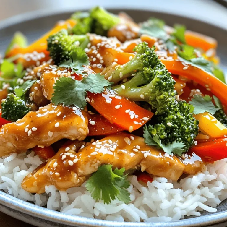 - 1 lb chicken breast, sliced into thin strips - 1 cup bell peppers, sliced (red, yellow, and green) - 1 cup broccoli florets - 1 medium carrot, julienned - 1/4 cup sweet chili sauce - 2 tablespoons soy sauce - 1 tablespoon rice vinegar - 1 teaspoon sesame oil - Fresh cilantro - Sesame seeds Sweet Chili Chicken Stir Fry shines because of its fresh ingredients. You start with chicken breast, which is lean and easy to cook. I recommend slicing it into thin strips. This helps the chicken cook evenly and quickly. Next, you want colorful bell peppers. I use red, yellow, and green for a vibrant look. They also add a sweet crunch. Don't forget broccoli florets. They give a nice bite and are packed with nutrients. A julienned carrot adds sweetness and color. Now for the magic—the sauces. Sweet chili sauce brings a sweet kick. I often mix it with soy sauce for saltiness. Rice vinegar adds a bit of tang, and sesame oil gives a nutty flavor. Finally, garnish with fresh cilantro and sesame seeds. They not only look good but also add fresh taste. Use these ingredients to create a dish that is both easy and delightful! - Seasoning the chicken First, take your sliced chicken breast. Sprinkle salt and pepper on it. Mix well and set it aside. This simple step adds great flavor. - Prepping vegetables Next, slice your bell peppers into thin strips. Chop broccoli into small florets. Julienne the carrot into thin sticks. Mince the garlic and grate the ginger. Keep these ready for cooking. - Heating the oil In a large skillet or wok, pour in the vegetable oil. Heat it over medium-high heat until it shimmers. This shows the oil is hot enough for cooking. - Cooking the chicken Add the seasoned chicken strips to the skillet. Spread them out in a single layer. Cook for about 5-6 minutes. Turn the chicken occasionally until it's browned and cooked through. Then, take it out and set it aside. - Stir-frying vegetables In the same skillet, add the minced garlic and grated ginger. Stir-fry for about 30 seconds. You want it to smell good. Then, toss in the bell peppers, broccoli, and carrot. Cook for 4-5 minutes. Keep stirring until the veggies are tender but still crisp. - Adding sauces Return the cooked chicken to the skillet. Pour in the sweet chili sauce, soy sauce, rice vinegar, and sesame oil. Stir everything well to coat the chicken and vegetables. - Adjusting flavors Cook for an additional 2-3 minutes until everything is hot. Taste the stir fry and adjust salt and pepper as needed. This step ensures your dish is just right. - Serving suggestions Serve the stir fry over cooked jasmine rice or noodles. For a nice touch, garnish with fresh cilantro and a sprinkle of sesame seeds. Enjoy your delicious meal! - Ensuring tender chicken: Start with thin strips of chicken breast. This helps them cook fast and stay juicy. Season them well with salt and pepper before cooking. This adds flavor and helps keep the chicken moist. Cook just until browned and no longer pink inside. - Perfecting vegetable crunch: Cut your vegetables into even pieces. This ensures they cook at the same rate. Stir-fry them over high heat for just a few minutes. You want them tender but still crisp and colorful. - Adding heat with chili flakes: If you like spice, sprinkle some chili flakes into the mix. Start with a small amount, then taste and add more if needed. This gives your dish a nice kick without overpowering the sweet chili sauce. - Alternative sauces and seasonings: You can swap sweet chili sauce with teriyaki or hoisin sauce for a different taste. Soy sauce adds saltiness, while rice vinegar gives a tangy note. Experiment to find your favorite balance of flavors. - Plating suggestions: Serve your stir fry over a mound of fluffy jasmine rice or noodles. This makes a beautiful base. Use a large spoon to pile the stir fry on top. This creates height and looks appetizing. - Garnishing effectively: Finish your dish with fresh cilantro and a sprinkle of sesame seeds. This adds color and texture. You can also add lime wedges for a zesty touch. A well-garnished dish makes it more inviting. {{image_2}} You can switch out chicken for shrimp or tofu. Shrimp cooks fast and adds a nice flavor. Tofu is great for a plant-based meal. Just make sure to press the tofu to remove excess water. This helps it soak up the sauce better. If you have dietary needs, these options fit well. You can add more colorful veggies to your stir fry. Try snap peas, zucchini, or mushrooms for extra flavor. Seasonal vegetables work well too. In summer, use fresh corn or green beans. In fall, consider adding squash or kale. These add taste and make the dish more colorful. You can make your own sweet chili sauce at home. Combine sugar, vinegar, and chili flakes for a quick mix. Adjust the sweetness to your taste. If you like heat, add more chili flakes or hot sauce. This gives you control over the flavor and spice level. To keep your Sweet Chili Chicken Stir Fry fresh, cool it down quickly. Place it in a shallow dish for better air flow. Cover it with a tight lid or plastic wrap. This helps prevent moisture loss. Store it in the fridge within two hours of cooking. Use it within three to four days for the best taste. You can freeze this stir fry for later. Let it cool completely before freezing. Place it in an airtight container or freezer bag. Remove as much air as possible. For the best quality, use it within two to three months. To reheat, thaw it in the fridge overnight. Warm it in a skillet or microwave until hot. This dish stays fresh for three to four days in the fridge. Look for changes in color or smell. If it smells off or looks slimy, it is best to discard it. Enjoy your stir fry while it’s still tasty to get the most flavor! To add more heat to your Sweet Chili Chicken Stir Fry, you can: - Add chili sauce: Mix in a bit more sweet chili sauce or a hotter variety. - Incorporate jalapeños: Slice fresh jalapeños and toss them in with your veggies. This adds both heat and flavor. Adding these ingredients at the start will help the heat blend into the dish. You can always taste as you cook to find the right level of spice for your liking. Yes, you can use frozen vegetables. Here are the pros and cons: - Pros: Frozen veggies save time and are often pre-cut. They can be just as nutritious as fresh ones. - Cons: Frozen veggies may release more water while cooking. This can make your stir fry a bit watery. If you choose frozen, cook them for a few extra minutes. This ensures they heat through properly. You have many options for serving this tasty dish: - Rice options: Jasmine rice is a classic choice. You can also try brown rice or cauliflower rice for a lower-carb option. - Side dishes to complement the dish: Serve with spring rolls, Asian slaw, or a simple cucumber salad. These sides add freshness and balance. Pairing these sides will enhance your meal and make it even more enjoyable. You now know how to make a delicious Sweet Chili Chicken Stir Fry. Start with fresh ingredients like chicken, bell peppers, and broccoli, then add bold sauces for flavor. Follow the steps to cook and combine everything perfectly. Remember tips for tender chicken and crunchy veggies. You can also try new proteins or sauces for variety. With proper storage, your stir fry will stay fresh longer. Enjoy this meal and feel free to experiment further!