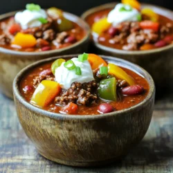 - 2 lbs ground beef (80/20 for optimal flavor) - 2 cans (15 oz each) kidney beans, drained and rinsed - 1 can (15 oz) black beans, drained and rinsed - 2 cans (14.5 oz each) diced tomatoes (with juice) - 1 large onion, diced - 1 red bell pepper, diced - 1 green bell pepper, diced - 3 cloves garlic, minced - 2 tablespoons chili powder - 1 tablespoon ground cumin - 1 teaspoon smoked paprika - 1 teaspoon dried oregano - ½ teaspoon cayenne pepper (adjust to taste) - Salt and pepper to taste - 1 cup beef broth - Shredded cheese - Sour cream - Chopped green onions - Fresh cilantro Gathering the right ingredients makes a big difference. I like to use 80/20 ground beef for the best flavor. The combination of kidney beans and black beans gives the chili a hearty texture. Diced tomatoes add a nice base. Fresh bell peppers and garlic bring more depth to the dish. For seasoning, chili powder and cumin are a must. Smoked paprika adds a warm and rich note. Oregano gives it a classic taste. Adjust the cayenne pepper to your heat preference. Don't forget to taste and adjust salt and pepper as you go. Finally, think about toppings. Shredded cheese and sour cream balance the heat. Chopped green onions and fresh cilantro add freshness and color. First, heat a large skillet over medium-high heat. Add 2 pounds of ground beef. Cook it until it is browned. This step adds great flavor. After browning, drain the excess fat. Then, transfer the beef to your slow cooker. In the same skillet, add 1 large diced onion, 3 minced garlic cloves, and 1 each of diced red and green bell peppers. Sauté these veggies for about 5 minutes. You want them to soften up nicely. Once softened, add them to the slow cooker with the beef. Now it's time to add more goodness. To the slow cooker, add: - 2 cans (15 oz each) kidney beans, drained and rinsed - 1 can (15 oz) black beans, drained and rinsed - 2 cans (14.5 oz each) diced tomatoes (with juice) - 2 tablespoons tomato paste - 2 tablespoons chili powder - 1 tablespoon ground cumin - 1 teaspoon smoked paprika - 1 teaspoon dried oregano - ½ teaspoon cayenne pepper (adjust to taste) - Salt and pepper to taste - 1 cup beef broth Stir everything well to combine. Cover the slow cooker and set it on low for 6-8 hours or high for 3-4 hours. The flavors will meld beautifully. About 20 minutes before serving, taste your chili. Adjust seasoning as needed. Enjoy the hearty satisfaction! Browning the beef is key for great taste. It creates a rich, deep flavor. When you cook the beef in a skillet, let it brown well before adding it to the slow cooker. After browning, drain any extra fat. This step keeps the chili from being greasy. Adjusting seasoning is important, too. You can taste the chili before serving and tweak it. If it needs more spice, add cayenne pepper. For salt, sprinkle in a little more to enhance the flavors. To make your chili thicker, try adding more beans or a little tomato paste. You can also mash some of the beans against the pot for a heartier texture. If you want it soupier, add more beef broth or diced tomatoes. Cooking time matters. If you're short on time, set your slow cooker on high for 3-4 hours. For deeper flavor, let it cook on low for 6-8 hours. This slow cooking helps meld all the yummy tastes together. Using lean ground beef can make your chili lighter. Look for 90/10 or 93/7 blends. This option cuts down on fat but keeps great flavor. To reduce sodium, use low-sodium beef broth. This small change helps keep the dish healthy while still tasting amazing. You can also drain and rinse the canned beans to cut back on salt. {{image_2}} To make a vegetarian or vegan chili, swap the beef for meat alternatives. Options include lentils, tempeh, or a plant-based ground meat. These options add texture and flavor. For beans, you can keep kidney and black beans. They offer protein and heartiness. Use vegetable broth instead of beef broth for a full flavor. This change keeps the dish vegan-friendly. You can enhance your chili with fun add-ins. Try adding corn for sweetness and texture. Fresh jalapeños bring heat and crunch. You might also consider diced zucchini or carrots for extra nutrition. If you love beans, try different varieties like pinto or cannellini. Each bean changes the taste and feel of the chili. If you want more heat, adjust the cayenne and chili powder. Start with less and add more to taste. You can also add fresh peppers like serrano or habanero. These will give your chili a fresh, spicy kick. Remember to taste as you go. This way, you can find the right spice level for you. To store your chili in the fridge, wait until it cools. Use an airtight container to keep it fresh. This helps prevent spoilage and keeps flavors intact. Cooked chili lasts about 3 to 4 days in the fridge. Make sure to label your container with the date. This way, you won't forget how long it's been there. Freezing is a great way to keep chili for longer. First, let it cool completely. Then, pour your chili into freezer bags or containers. Make sure to leave some space for it to expand. It can stay good for 3 to 6 months in the freezer. To thaw, place it in the fridge overnight. You can also use the microwave for quick thawing. When reheating, stir it well and heat until it's hot all the way through. Chili is great on its own but pairs well with many sides. Try serving it with cornbread or tortilla chips for extra crunch. You can also serve it over rice or with a fresh salad. If you have leftover chili, get creative! Use it as a topping for baked potatoes or nachos. It can even be mixed into scrambled eggs for a spicy breakfast. Yes, you can skip browning the meat. However, it will change the flavor. Browning adds rich, deep notes to the dish. It also helps the meat to be tender. If you don’t brown it, the chili will still taste good but may lack some depth. To heat things up, add more cayenne pepper. You can also use fresh jalapeños or serrano peppers. Another option is to try spicy chili powder or hot sauce. Start with a small amount, then taste and adjust. Spicy flavors can build up, so go slow! If you need a different flavor, use chicken broth or vegetable broth. Both options add their unique taste to the chili. For a richer flavor, try beef bouillon cubes mixed with water. This will enhance the beef taste without using actual broth. To wrap up, we explored making a classic slow cooker beef chili. You learned about the key ingredients, from ground beef to beans and spices. I shared steps for browning beef, sautéing veggies, and combining everything for a perfect cook. We also covered tips for flavor, texture, and healthier choices. You can even try variations or substitute ingredients as you like. With this knowledge, you’re ready to craft a delicious chili anyone will enjoy. Happy cooking!