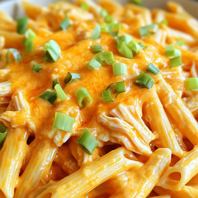 - 1.5 lbs boneless chicken breasts - 1 cup buffalo sauce - 1 cup chicken broth - 12 oz penne pasta - 1 cup cream cheese - 1 cup shredded cheddar cheese - 1 teaspoon garlic powder - 1 teaspoon onion powder - 1/2 teaspoon paprika - Salt and pepper to taste - 1/4 cup chopped green onions (for garnish) Using these ingredients makes the dish rich and tasty. The boneless chicken breasts serve as the main protein. The buffalo sauce adds heat and flavor. Chicken broth keeps it moist and adds depth. For creaminess, cream cheese and shredded cheddar cheese work well. They melt into the sauce, making it smooth. Garlic powder, onion powder, and paprika add nice notes. Don’t forget salt and pepper to enhance all the flavors! Finally, chopped green onions add a fresh touch when you serve. This mix of ingredients ensures every bite is packed with flavor. - Place chicken in the slow cooker. - Add buffalo sauce and chicken broth. - Season with garlic powder, onion powder, paprika, salt, and pepper. Mix well. In this step, you create a strong base of flavor. The buffalo sauce adds heat, while chicken broth keeps it moist. The spices bring depth. - Cover and cook on low for 6 hours or high for 3 hours. - Shred chicken and return to the slow cooker. Cooking on low helps the chicken become very tender. After cooking, shredding the chicken is easy with two forks. This step adds a nice texture to your dish. - Add cream cheese and cheddar cheese. - Cook pasta separately and mix with chicken. Adding cream cheese and cheddar makes the dish creamy and rich. Mixing in cooked penne pasta gives you a hearty meal. Stir gently to coat the pasta with the sauce. This step ensures every bite is full of flavor. For this dish, boneless chicken breasts work best. They cook evenly and shred easily. You can also use thighs for more flavor. To get tender chicken, cook it low and slow. This method makes the meat soft and full of flavor. To boost the taste, try making your own buffalo sauce. Combine hot sauce, butter, and vinegar for a fresh twist. You can also add unique spices. Consider smoked paprika or cayenne pepper for extra kick. A pinch of brown sugar can balance the heat too. Pair this pasta with simple side dishes. A fresh salad or garlic bread works well. For gatherings, serve it in a big bowl. This dish is perfect for sharing. You can even set up a topping bar with extra cheese or green onions. {{image_2}} You can change the pasta type if you want. Try using rotini, fusilli, or even gluten-free pasta. Each shape holds the sauce differently, adding a unique twist. If you want to switch up the protein, consider turkey or tofu. Both options can soak up the buffalo sauce well and give you a different flavor experience. To control the heat, add less buffalo sauce. You can also mix in some sour cream or yogurt to cool it down. If you love spice, add more hot sauce to the dish. For a different flavor, consider using sriracha or a chipotle sauce. Both can give you that smoky, spicy kick. If you need to make this dish gluten-free, use gluten-free pasta. Check the labels to ensure all other ingredients are safe. For a dairy-free version, swap cream cheese and cheddar cheese for plant-based options. Nutritional yeast can also add a cheesy flavor without dairy. To store leftovers properly, place them in an airtight container. This keeps the pasta fresh and tasty. You can store it in the fridge for about 3-4 days. Make sure to let it cool before sealing. You can freeze this dish before or after cooking. If you freeze it before cooking, assemble the chicken, sauce, and spices in a container. For freezing after cooking, let it cool and then pack it. When you want to eat it, thaw it in the fridge overnight. You have two options for reheating: microwave or stovetop. If using the microwave, heat in short bursts to avoid overcooking. For stovetop, add a splash of broth to keep it creamy. Stir gently to mix the flavors well as it heats up. Yes, you can make this dish ahead of time. Prepare it as normal, then store it in the fridge. Just reheat it on the stove or in the microwave. The flavors will blend even better after a day. The chicken is cooked when it reaches an internal temperature of 165°F. You can also check if the chicken shreds easily with a fork. If it does, it’s ready to mix with the pasta. You can serve this pasta with a fresh side salad or some garlic bread. Both add a nice touch. You might also consider celery sticks and blue cheese dressing for a classic buffalo flavor. Yes, you can use frozen chicken breasts. Just add an extra hour to the cooking time on low. The chicken will still turn out tender and delicious. Absolutely! You can use a pressure cooker for this dish. Cook the chicken and sauce on high pressure for about 10-12 minutes. Then, shred the chicken and mix in the cheese as you would in the slow cooker. In this article, we explored making Slow Cooker Buffalo Chicken Pasta. We covered key ingredients, detailed step-by-step cooking instructions, and helpful tips. The dish features tender chicken, creamy cheese, and flavorful spices. It suits various diets with easy ingredient swaps. As you try this recipe, feel free to adjust flavors to your taste. Enjoy sharing this delicious dish with friends and family. With these simple steps, you’ll create a meal loved by all. Happy cooking!