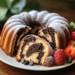 - 1 cup unsalted butter, softened - 2 cups granulated sugar - 4 large eggs - 1 teaspoon vanilla extract - 3 cups all-purpose flour - 1 teaspoon baking powder - 1/2 teaspoon salt - 1 cup whole milk - 1/2 cup unsweetened cocoa powder - 1/2 cup chocolate chips - 1 tablespoon coffee powder (optional) Each of these ingredients plays a key role in the cake's texture and flavor. The butter adds richness, while the sugar sweetens and helps the cake rise. Eggs provide structure and moisture. Flour gives the cake body, and baking powder helps it rise. The milk keeps it moist, and the cocoa powder gives chocolate flavor. Chocolate chips add delightful bursts of chocolate. - 1 tablespoon coffee powder This optional ingredient deepens the chocolate flavor. It enhances the taste without adding a coffee flavor. You can skip it if you prefer a simpler taste. - Unsalted butter: Use salted butter if that's what you have. Cut back on the added salt. - Granulated sugar: You can use brown sugar for a hint of caramel flavor. - All-purpose flour: Substitute with a gluten-free blend if needed. - Whole milk: Use almond milk or any other milk you like. - Cocoa powder: Dark cocoa powder can give a richer taste. These substitutes keep your cake tasty while working with what you have on hand. Start by gathering all your ingredients. You will need: - 1 cup unsalted butter, softened - 2 cups granulated sugar - 4 large eggs - 1 teaspoon vanilla extract - 3 cups all-purpose flour - 1 teaspoon baking powder - 1/2 teaspoon salt - 1 cup whole milk - 1/2 cup unsweetened cocoa powder - 1/2 cup chocolate chips - 1 tablespoon coffee powder (optional) Make sure your butter is soft. This helps it mix well with sugar. Preheat your oven to 350°F (175°C). Grease and flour a 10-inch loaf pan. This keeps your cake from sticking. In a large bowl, cream the softened butter and sugar together. Mix until it is light and fluffy. This should take about 3-4 minutes. Next, add the eggs one at a time. Mix well after each egg. Stir in the vanilla extract. In another bowl, sift the flour, baking powder, and salt together. Gradually mix this into the butter mixture. Alternate adding the dry mix and the milk. Stop mixing once just combined. Now, divide the batter in half. Mix cocoa powder and coffee powder into one half until smooth. Fold in the chocolate chips into the chocolate batter. Dollop both batters into the greased loaf pan. Alternate between the vanilla and chocolate batters. Use a knife or skewer to swirl them together gently. Be careful not to overmix! Bake the cake for 60-70 minutes. Check doneness with a toothpick. Insert it in the center; it should come out clean. After baking, let the cake cool in the pan for 10 minutes. Then, transfer it to a wire rack to cool completely. Enjoy the delightful blend of flavors! When baking your chocolate marble pound cake, avoid overmixing the batter. This can make your cake dense. Also, make sure to measure your ingredients correctly. Too much flour can ruin the texture. Do not skip greasing and flouring your pan. A stuck cake is a sad cake! To get that stunning marble look, dollop the batters alternately into the pan. Use a knife or skewer to swirl gently. Too much swirling will mix the batters too much. Remember, less is more! Keep some of each batter visible for the best design. To know if your cake is done, insert a toothpick into the center. If it comes out clean, your cake is ready. If it has wet batter, it needs more time. Bake for 60 to 70 minutes, but check around 60 minutes. Oven times can vary, so stay alert! {{image_2}} You can mix it up with flavors. Try adding orange zest for a citrus twist. Almond extract offers a nutty depth. For extra texture, toss in chopped nuts or dried fruit. You can also swap cocoa powder for matcha for a green tea flavor. This adds a unique look and taste. To make this cake gluten-free, use a 1:1 gluten-free flour blend. Make sure it has xanthan gum for the right texture. For a dairy-free version, substitute buttermilk with almond milk and use plant-based butter. These swaps keep the cake moist and soft without losing flavor. Serve slices warm or at room temperature. A dusting of powdered sugar makes a lovely touch. Pair it with fresh berries for color and a pop of flavor. Add a dollop of whipped cream for extra creaminess. A scoop of vanilla ice cream on the side feels indulgent and delightful. To keep your chocolate marble pound cake fresh, wrap it tightly in plastic wrap. You can also place it in an airtight container. This keeps it moist and tasty. Store it at room temperature for up to three days. If you want to keep it longer, use the freezer. Freezing is a great way to save your cake for later. First, let the cake cool completely. Then, slice it into pieces. Wrap each slice in plastic wrap. Place the wrapped slices in a freezer bag. Remove as much air as possible before sealing. Your cake can last for up to three months in the freezer. To enjoy your cake again, you can reheat it. For the best taste, use an oven. Preheat your oven to 350°F (175°C). Place the cake slices on a baking sheet. Heat for about 10 minutes. You can also use a microwave. Heat each slice for about 15-20 seconds. Enjoy your warm, delicious cake! To make your pound cake moist, use fresh ingredients. Always cream butter and sugar until fluffy. This adds air, giving your cake a light texture. Use whole milk in your batter for added moisture. Avoid overbaking, as this dries out the cake. Check for doneness with a toothpick. If it comes out clean, your cake is ready. Yes, you can use margarine instead of butter. However, using butter gives a richer flavor. Margarine may change the texture slightly, making it less dense. If you choose margarine, make sure it is unsalted for the best taste. Measure it the same as butter. Chocolate marble pound cake lasts about 3 to 4 days at room temperature. Store it in an airtight container to keep it fresh. If you want it to last longer, refrigerate it for up to a week. You can also freeze it for up to three months. Just wrap it well in plastic wrap. Coffee powder enhances the chocolate flavor in your cake. It adds depth and richness without making it taste like coffee. Just a small amount gives a nice contrast to the sweet notes of the cake. If you don't like coffee, you can skip it. Yes, you can make this recipe in a bundt pan. Just be sure to grease and flour the pan well. This helps the cake release easily. The baking time may change slightly, so check for doneness a little earlier. Enjoy the beautiful shape when you serve it! This blog post covered everything you need to make a delicious chocolate marble pound cake. We explored the main and optional ingredients, and I shared tips for mixing and baking. You learned about common mistakes, best practices for marbling, and how to store or reheat your cake. With this guide, you can easily create a tasty treat. Enjoy experimenting with flavors and variations. Your cake will impress family and friends every time!