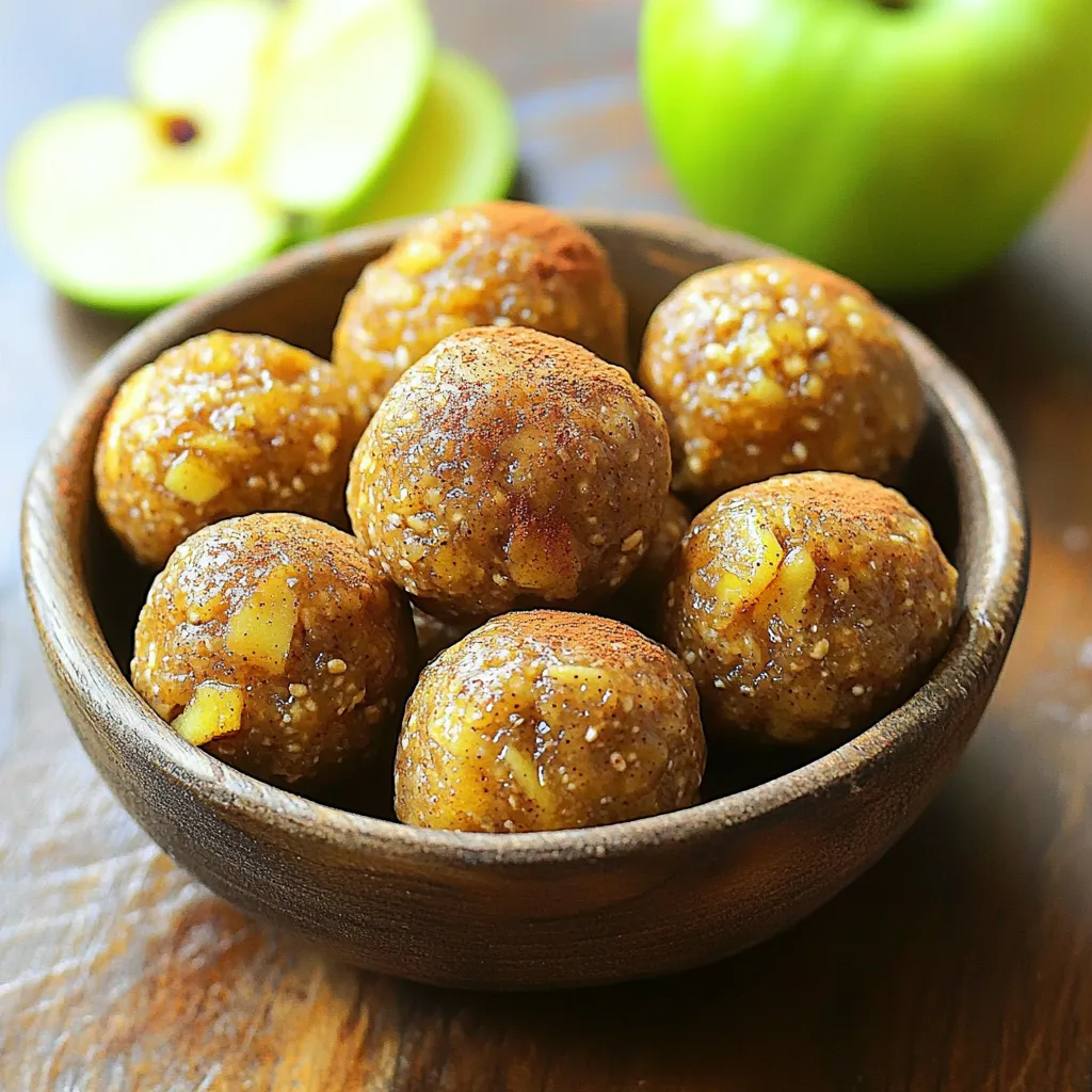 - 1 cup rolled oats - 1 cup almond butter - 1/2 cup unsweetened applesauce - 1/4 cup honey or maple syrup - 1 teaspoon cinnamon - 1/2 teaspoon nutmeg - 1/4 teaspoon salt - 1/2 cup finely chopped dried apples - 1/4 cup chopped walnuts (optional) - 1/4 cup chia seeds (optional) The ingredients for these bites are simple and healthy. Rolled oats provide fiber and energy. Almond butter adds creaminess and healthy fat. Unsweetened applesauce keeps them moist. Honey or maple syrup gives a touch of sweetness. Cinnamon and nutmeg bring the classic apple pie taste. The salt helps balance the sweetness. Dried apples add a chewy texture, while walnuts give crunch. Chia seeds offer extra nutrition, but they are optional. You can swap almond butter for peanut butter or sunflower seed butter. Both options work well. For sweeteners, honey is great, but maple syrup makes them vegan. If you want to use fresh apples instead of dried, chop them small. You may need to adjust the oats or nuts to keep the texture right. Fresh apples can make the bites more juicy. These swaps keep the recipe flexible and fun. You can make it fit your taste and what you have at home! - Step 1: Mixing the base ingredients Start by taking a large bowl. Add 1 cup of rolled oats, 1 cup of almond butter, and 1/2 cup of unsweetened applesauce. Pour in 1/4 cup of honey or maple syrup. Mix these well with a spoon or spatula until everything blends together nicely. - Step 2: Adding spices and dry ingredients Now, it's time to spice things up. Add 1 teaspoon of cinnamon, 1/2 teaspoon of nutmeg, and 1/4 teaspoon of salt to the bowl. Stir well to make sure the spices are spread evenly throughout the mixture. - Step 3: Incorporating dried apples and nuts Next, fold in 1/2 cup of finely chopped dried apples. You can also add 1/4 cup of chopped walnuts and 1/4 cup of chia seeds if you like. Mix until you see all the ingredients combined well. - Step 4: Rolling bite-sized balls Take clean hands and grab small portions of the mixture. Roll these portions into bite-sized balls, about 1 inch in diameter. Make sure each ball is even and holds together well. - Step 5: Setting on a baking sheet Once you have rolled all the bites, place them on a baking sheet lined with parchment paper. Give them a little space so they do not touch each other. - Step 6: Refrigeration time Now, the bites need to chill. Pop the baking sheet into the fridge for at least 30 minutes. This helps the bites firm up and makes them easier to eat. - Step 7: Final adjustments before serving After chilling, check the bites. If they feel firm enough, they are ready to serve. Store them in an airtight container in the fridge for up to a week, or freeze them for longer storage. Enjoy your tasty and healthy Apple Pie Energy Bites! To get the right moisture in your energy bites, you can add more applesauce. This will make them softer and easier to chew. If your mixture seems too dry, just mix in a bit more applesauce until it feels just right. When rolling your bites, try to make them all the same size. This helps them cook evenly. Use a small scoop, or your hands, to grab roughly the same amount each time. Aim for bites that are about 1 inch wide. For a fun way to serve your energy bites, try placing them in a small bowl. You can also use a rustic wooden board for a nice touch. Sprinkle a little cinnamon on top to give it a warm look. These bites go well with drinks like almond milk or apple juice. You can even pair them with yogurt for a tasty snack. They also make a great addition to lunchboxes or picnics. Apple Pie Energy Bites are not just tasty; they are good for you, too! The rolled oats offer fiber, which helps with digestion. Almond butter adds healthy fats, while applesauce gives natural sweetness without added sugar. These bites are great for an energy boost. They provide quick fuel for your body, making them perfect for busy days. Enjoy them as a snack before school, work, or after a workout. {{image_2}} You can switch up the flavor of your energy bites easily. Try making pumpkin spice energy bites. Just add 1/2 cup of pumpkin puree and a bit more cinnamon. This gives you a warm, fall-inspired taste. Another great mix is a peanut butter and apple pie combination. Use 1/2 cup of peanut butter instead of almond butter. This adds a rich, nutty flavor that pairs well with the apple taste. If you need gluten-free options, use certified gluten-free oats. They work just as well and keep your bites safe for everyone. For those who follow a vegan diet, you can replace honey with flaxseed. Mix 1 tablespoon of flaxseed with 2.5 tablespoons of water and let it sit for a few minutes. This thickens up and acts like honey, keeping your bites moist. You can boost the protein in your energy bites. Add 1/4 cup of your favorite protein powder to the mix. This helps keep you full longer. Another option is to include seeds or dried fruits. Chia seeds add fiber and omega-3s, while dried fruits bring extra sweetness and texture. Try adding cranberries or apricots for a fun twist! Store your Apple Pie Energy Bites in an airtight container. This keeps them fresh and tasty. Choose a container that seals well. Make sure no air can get inside. This helps prevent moisture and spoilage. If you live in a humid area, use a desiccant packet. This packet absorbs extra moisture. In the fridge, these energy bites last about a week. Keep them in the back of the fridge for the best chance of staying fresh. For longer storage, freeze them. They can stay in the freezer for up to three months. When you want to eat them, take them out and let them thaw in the fridge. If you have leftover energy bites, use them in different ways. You can add them to yogurt or oatmeal for a flavor boost. They also work well in smoothies. Just blend them in for added texture and taste. You can crumble them over salads, too. The apple and nut flavors will add a nice crunch to your meal. To make Apple Pie Energy Bites, first, mix rolled oats, almond butter, unsweetened applesauce, and honey in a bowl. Stir until the mix is well combined. Next, add cinnamon, nutmeg, and salt, and mix everything well. Fold in finely chopped dried apples, walnuts, and chia seeds if you want. Roll small portions into bite-sized balls, about 1 inch wide. Place them on a baking sheet lined with parchment paper. Chill for at least 30 minutes to set. Enjoy them as a quick snack! Yes, you can use fresh apples! However, you need to chop them finely. Fresh apples have more water, so reduce the applesauce slightly. You may want to cook the apples first to soften them. This way, they blend better with the other ingredients. Keep in mind that fresh apples will change the texture slightly. Apple Pie Energy Bites last about a week in the fridge. Store them in an airtight container to keep them fresh. If you want to keep them longer, freeze them. They can last up to three months in the freezer. Just thaw them before eating. This makes them a great snack to prep ahead of time! This blog post shared a simple recipe for Apple Pie Energy Bites. We explored every step, from gathering ingredients to forming and chilling the bites. You learned about ingredient swaps and storage tips to keep them fresh. These bites are not just tasty; they boost energy and nutrition. Try different flavors and add-ins to make them your own. With these bites, you enjoy a fun snack that fits many diets. Keep experimenting, and you'll find your favorite version in no time!