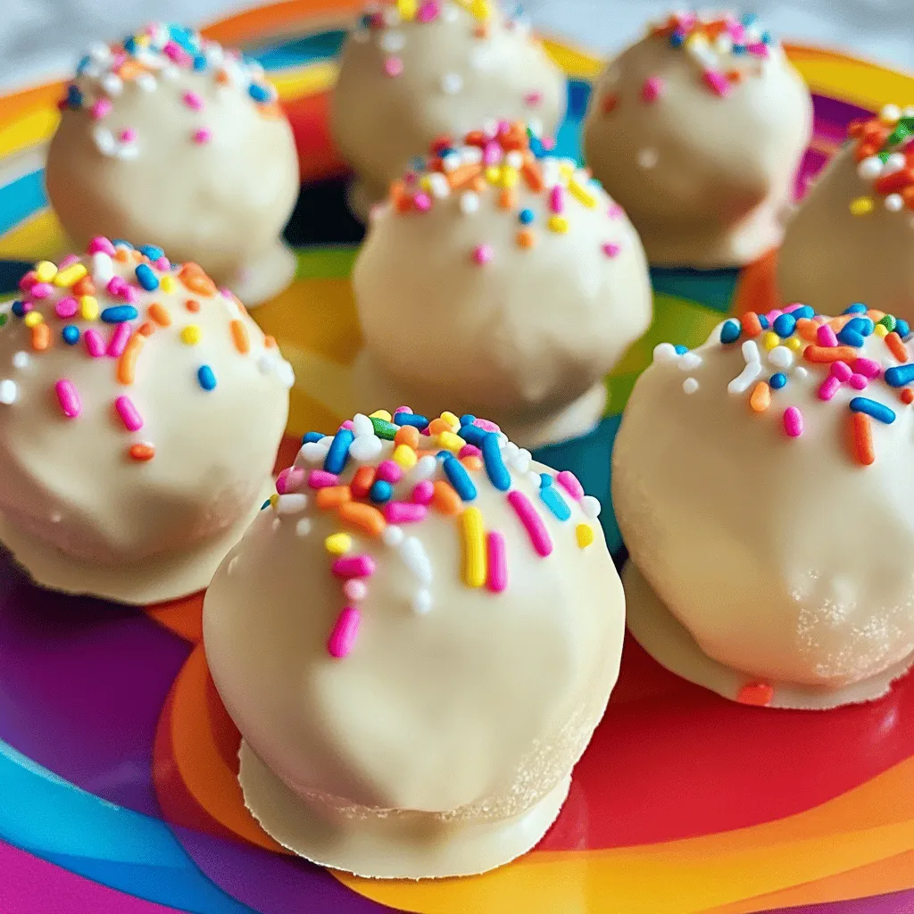 - 1 cup all-purpose flour - 1/2 cup unsalted butter, softened - 1/2 cup brown sugar, packed - 1/4 cup granulated sugar - 1 teaspoon vanilla extract - 1/4 teaspoon salt - 1 cup mini chocolate chips - 1/2 cup rainbow sprinkles - 1 cup white chocolate chips (for coating) In this recipe, I use simple and fun ingredients. First, we need flour, which is the base of our cookie dough. It gives the truffles that classic cookie taste. I also use unsalted butter, so I can control the salt in my mixture. Next, brown sugar adds moisture and a rich flavor. The granulated sugar gives sweetness and a slight crunch. Both sugars blend well, making the dough light and fluffy. I add vanilla extract for a warm, sweet aroma. A pinch of salt balances the sweetness and enhances the flavors. For the fun part, mini chocolate chips and rainbow sprinkles add joy to each bite. They create a festive look and taste, perfect for celebrations. Finally, white chocolate chips coat the truffles, making them pretty and sweet. This mix of ingredients creates a delightful treat. Each truffle is a small bite of joy. The combination of flavors and textures makes this recipe a hit for any birthday or special occasion. To make the flour safe, heat it in the oven. Preheat your oven to 350°F (175°C). Spread 1 cup of all-purpose flour evenly on a baking sheet. Bake it for 5 to 7 minutes. This step kills any bacteria. After baking, let the flour cool completely before using it. Start by creaming the butter and sugars. In a large mixing bowl, add 1/2 cup of softened unsalted butter, 1/2 cup of brown sugar, and 1/4 cup of granulated sugar. Mix them together until the mixture is light and fluffy. Next, add the cooled flour, 1 teaspoon of vanilla extract, and 1/4 teaspoon of salt. Stir until all the ingredients combine well. The dough should be thick and easy to handle. Finally, gently fold in 1 cup of mini chocolate chips and 1/2 cup of rainbow sprinkles. Now it’s time to shape the dough. Use a tablespoon or a cookie scoop to scoop out the dough. Roll each scoop into a ball about 1 inch in diameter. Place the dough balls on a lined baking sheet. You should get about 20 truffles from this mixture. To firm up the truffles, chill them in the refrigerator for about 30 minutes. For coating, you need to melt the white chocolate chips. Place 1 cup of white chocolate chips in a microwave-safe bowl. Heat them in the microwave in 30-second intervals. Stir the chocolate between each interval until it is smooth and fully melted. To coat the truffles, dip each chilled ball into the melted white chocolate. Make sure each truffle is fully covered. Use a fork to lift the truffle out and let the excess chocolate drip off. Place it back on the lined baking sheet. While the coating is still wet, sprinkle some rainbow sprinkles on top for extra fun. Allow the truffles to set at room temperature or place them in the fridge for about 15 minutes to harden. To get the right texture for your cookie dough, you want it thick and creamy. Make sure to cream the butter and sugars well. This step adds air and makes the dough light. If the dough feels too dry, add a splash of milk or a little more butter. For flavor, try adding almond extract or lemon zest for a twist. When coating your truffles, keep the melted white chocolate smooth. If it starts to thicken, warm it gently. Dip each truffle fully, then lift it with a fork. Let the excess chocolate drip back into the bowl. This helps avoid clumps. If you find drips on the truffles, gently tap the fork to shake them off. To serve your truffles, arrange them on a bright platter. You can also use cupcake liners for a fun touch. For gifts, consider a decorative box or jar. Add a cute label or ribbon to make it special. This way, your treats look as good as they taste! {{image_2}} You can make these truffles even more fun. Try adding a few drops of different extracts. Almond extract gives a nice twist. It adds a warm, nutty flavor. You can also swap out the white chocolate for dark or milk chocolate. Each change gives a new taste. You get to be creative with each batch! Mix-ins can make your truffles unique. Instead of rainbow sprinkles, use chocolate sprinkles or crushed cookies. This adds a nice crunch. You can also add nuts like chopped walnuts or pecans. Dried fruit, like cherries or cranberries, works too. These mix-ins will surprise your taste buds! Want to make it gluten-free? Use gluten-free flour instead of all-purpose flour. This swap keeps the taste and texture. For a vegan version, replace butter with coconut oil. Use dairy-free chocolate for coating. Both options let everyone enjoy these truffles! To keep your truffles fresh, store them in an airtight container. You can use a plastic container or a glass jar with a tight lid. This helps to lock in moisture and flavor. Place a piece of parchment paper between layers if stacking them. This prevents sticking and makes them easy to grab. You can freeze these truffles for up to three months. To freeze, place them on a baking sheet in a single layer. Freeze until firm, then transfer them to a freezer bag. Make sure to remove as much air as possible. When you're ready to enjoy them, take them out and let them sit at room temperature for about 30 minutes. This keeps their texture and flavor just right. Yes, you can eat raw cookie dough, but there are safety tips to consider. Raw flour may have germs. To make it safe, heat the flour first. Spread it on a baking sheet and bake at 350°F for 5-7 minutes. This kills any harmful bacteria. Allow it to cool before mixing with other ingredients. By doing this, you can enjoy your cookie dough safely. If you need to substitute white chocolate, there are great options. Dark chocolate works well for a rich flavor. Milk chocolate gives a sweeter taste. If you want a dairy-free option, use vegan chocolate chips. These alternatives fit different diets and still taste amazing. Choose what you like best! These truffles can last up to a week when stored properly. Keep them in an airtight container at room temperature. For longer storage, place them in the fridge. They can last up to two weeks chilled. If you want to freeze them, they stay fresh for up to three months. Just remember to wrap them well! You now know how to make tasty cookie dough truffles. We covered the main ingredients and steps needed, from preparing the flour to melting and coating the chocolate. I shared helpful tips for the best texture, easy coating tricks, and fun presentation ideas. You can even mix in different flavors or adapt the recipe to fit diets. Enjoy your sweet treats!