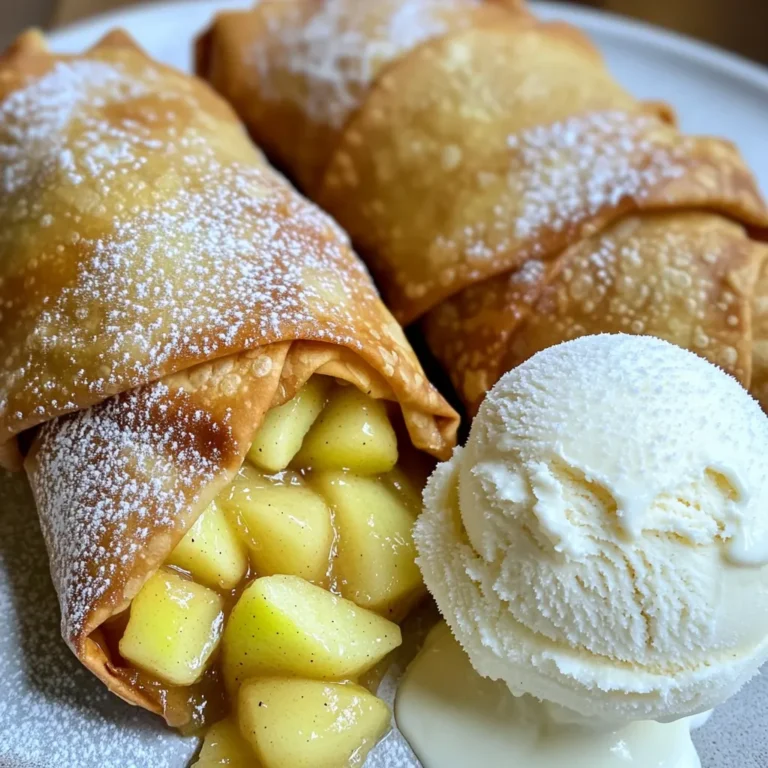 To make Air Fryer Apple Pie Egg Rolls, you will need: - 2 large apples (Granny Smith or Honeycrisp), peeled, core removed, and diced - 1 tablespoon lemon juice - 1 teaspoon ground cinnamon - 1/4 cup brown sugar - 1 tablespoon cornstarch - 8 egg roll wrappers - 1 egg, beaten (for sealing) - Cooking spray These ingredients come together to create a sweet, tasty filling wrapped in crispy egg rolls. You can use other fruits if apples are not available. Pears or peaches can work well. They add a different flavor but still taste great. If you want a berry twist, try blueberries or raspberries. Just remember to adjust the sugar based on the fruit's sweetness. For the best experience, serve your egg rolls with some extra treats. Vanilla ice cream pairs perfectly with warm egg rolls. You can also sprinkle powdered sugar on top for a sweet touch. If you like, add a drizzle of caramel or chocolate sauce for a fun twist. Start by dicing two large apples. Granny Smith or Honeycrisp apples work best. Place the diced apples in a bowl. Add one tablespoon of lemon juice to keep them fresh. Sprinkle in one teaspoon of ground cinnamon, and a quarter cup of brown sugar. Add one tablespoon of cornstarch to help thicken the filling. Mix the ingredients well. Make sure the apples are coated evenly. This step brings out the sweet and tangy flavors. Take an egg roll wrapper and lay it flat. Position it so one corner points toward you. Spoon about two tablespoons of the apple mixture into the center. Fold the bottom corner over the filling. Then fold in the two sides. Roll it up tightly, sealing the top corner with a bit of beaten egg. This helps keep the filling inside while cooking. Repeat this process with the rest of the wrappers and filling. Preheat your air fryer to 370°F (188°C) for about five minutes. While it heats up, spray the air fryer basket with cooking spray. Place the egg rolls in the basket, ensuring they don’t touch. Lightly spray the tops of the egg rolls with cooking spray, too. Air fry them for 8-10 minutes. Flip them halfway through for even cooking. They are done when they turn golden brown and crispy. Once cooked, let them cool slightly before serving. To get that perfect golden color, keep a few things in mind. First, use enough cooking spray on the egg rolls. This helps them crisp up nicely. Second, ensure your air fryer is preheated. A hot fryer cooks the egg rolls evenly. Finally, flip them halfway through cooking. This gives both sides a chance to get golden. A crunchy texture makes these egg rolls so tasty. First, make sure the filling isn’t too wet. If it is, your egg rolls may become soggy. Use cornstarch in the filling to absorb extra moisture. Also, avoid overcrowding the air fryer. This allows hot air to flow around each egg roll and keeps them crisp. Serving these egg rolls with a scoop of vanilla ice cream adds a nice touch. The cold ice cream pairs well with the warm egg rolls. You can also dust the egg rolls with powdered sugar for extra sweetness. Drizzle caramel or chocolate sauce on top for a fun twist. {{image_2}} You can change the filling in your egg rolls. Try pears, peaches, or berries. Each fruit gives a new taste. For example, use fresh blueberries for a burst of flavor. You can also mix fruits for a fun twist. Just remember to adjust sugar based on the fruit's sweetness. This adds variety to your treats! If you want a healthier choice, look for whole wheat wrappers. They have more fiber and nutrients. You can even use rice paper wrappers for a gluten-free option. They give a unique texture and flavor. You can also make your own wrappers using whole grain flour and water. This way, you control the ingredients and the taste! Spices can make your egg rolls shine. Besides cinnamon, try nutmeg or ginger for a warm kick. You can even use a pinch of allspice for depth. If you like a little heat, add cayenne pepper! Just a dash can elevate the flavor profile. Don’t be afraid to experiment and find your ideal mix! To keep your leftover egg rolls fresh, place them in an airtight container. This helps maintain their texture and flavor. You can store them in the fridge for up to three days. If you want to enjoy them later, be sure to let them cool down first. Reheating egg rolls can be tricky. For the best taste, use your air fryer. Preheat it to 350°F (175°C). Place the egg rolls in the basket and air fry for about 4-5 minutes. This helps them regain their crunch. You can also use an oven. Preheat it to 375°F (190°C) and bake for around 10 minutes. If you want to freeze egg rolls, do it before cooking. Place the wrapped egg rolls on a baking sheet and freeze them for about an hour. Once frozen, transfer them to a freezer bag. They can last for up to two months. When ready to cook, air fry them straight from the freezer. Just add a few extra minutes to the cooking time. Yes, you can use store-bought apple pie filling. It saves time and is easy. Just spoon it into the egg roll wrappers. You might want to adjust the sugar since most fillings are sweet already. This option works great if you want a quick treat. Many fillings work well in egg rolls! You can try: - Cherry pie filling - Pumpkin puree - Nutella with bananas - Cream cheese with berries - Savory options like spinach and cheese Mix and match to find your favorite. Each filling brings its unique flavor. To make these egg rolls gluten-free, use gluten-free egg roll wrappers. You can find these in most grocery stores. Be sure to check the label to confirm they are gluten-free. You can also use thin rice paper as an alternative. Yes, you can bake the egg rolls! Preheat your oven to 400°F (200°C). Place the egg rolls on a baking sheet. Lightly spray them with cooking spray. Bake for about 15-20 minutes or until they are golden brown. Flip them halfway through for even baking. Enjoy your crispy treats! In this post, we explored apple pie egg rolls from start to finish. We covered key ingredients and possible substitutions, plus serving ideas. The step-by-step instructions guided you through filling, wrapping, and air frying. I shared tips for achieving a golden-brown finish and crunchy texture. Variations included different fruit fillings and healthier wrappers. Finally, we discussed storage and reheating methods. Remember, these egg rolls are fun and easy to make, and they taste great. Try your own spin to impress your friends and family!