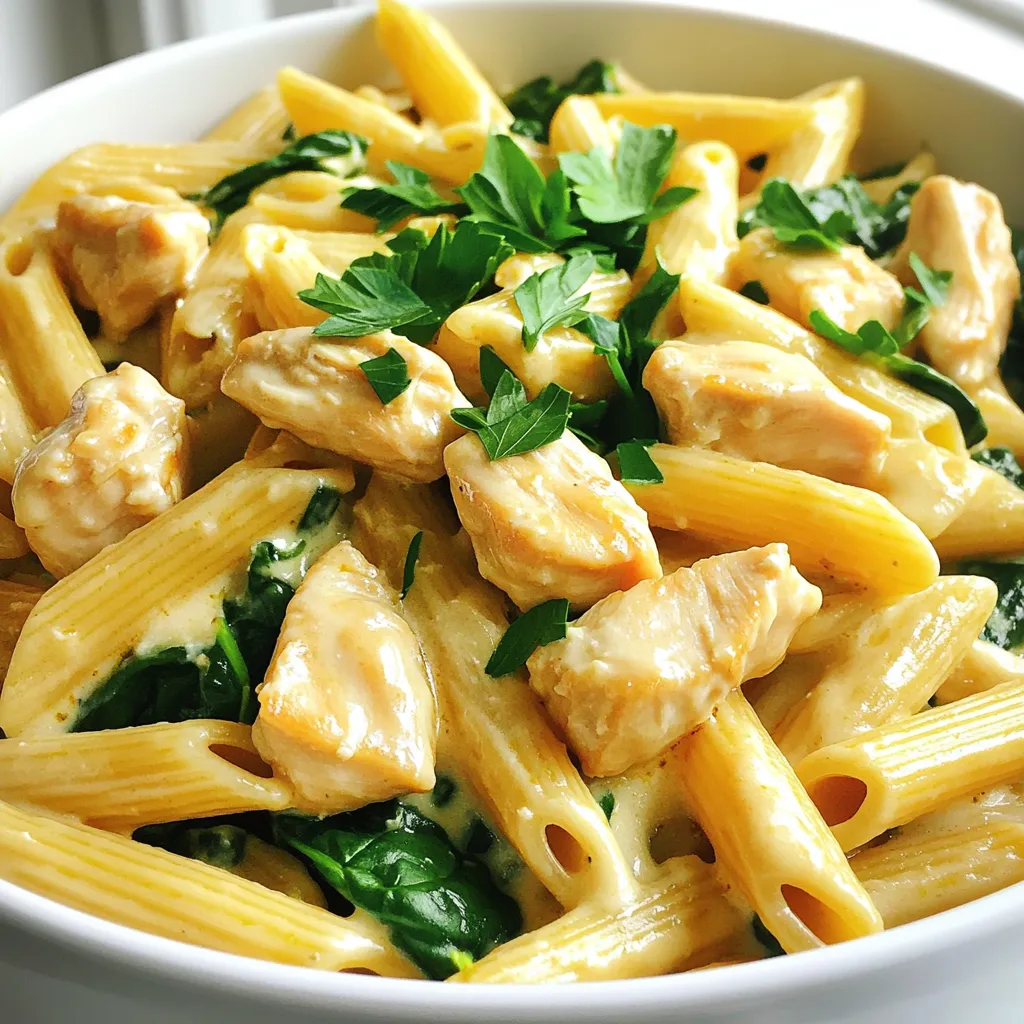 - 1 lb boneless, skinless chicken breasts - 8 oz penne pasta - 4 cups chicken broth - 2 tablespoons olive oil - 3 cloves garlic, minced - 1 cup heavy cream - 1 teaspoon dried Italian herbs - Salt and pepper to taste - Fresh parsley, chopped For this cozy dish, you will need some key ingredients. The chicken forms the heart of the meal. Use one pound of boneless, skinless chicken breasts. Dicing it makes cooking easier and faster. Penne pasta adds a nice shape that holds sauce well. Eight ounces is perfect for this recipe. Chicken broth brings flavor to the dish. Four cups will keep everything moist and tasty. Flavor enhancers are also critical. Start with two tablespoons of olive oil. This helps prevent sticking and adds rich flavor. Garlic is a must. Three cloves, minced, add a fresh taste. To make it creamy, use one cup of heavy cream. This will make your dish rich and delicious. Now for the seasonings. One teaspoon of dried Italian herbs brings warmth. Adjust salt and pepper to your liking. Lastly, fresh parsley adds a pop of color. Chopped parsley makes a lovely garnish, too. These ingredients create a comforting, creamy chicken parmesan pasta. Enjoy gathering these items for a cozy cooking session! - Heat 2 tablespoons of olive oil in a large pot over medium heat. - Add 1 pound of diced chicken breasts. Season with salt, pepper, and 1 teaspoon of dried Italian herbs. Cook until the chicken is browned, about 5-7 minutes. - Add 3 minced garlic cloves and 1/2 teaspoon of red pepper flakes (if you like heat). Stir for 1-2 minutes until the garlic smells good. - Pour in 4 cups of chicken broth and bring the mixture to a boil. - Stir in 8 ounces of penne pasta. Cook according to the package instructions, about 10-12 minutes. Stir occasionally. - Once the pasta is cooked, lower the heat. Mix in 1 cup of heavy cream and 1 cup of grated Parmesan cheese until it's creamy and smooth. - Fold in 1 cup of roughly chopped spinach leaves. Let them wilt for about 2 minutes. Check the seasoning and add more salt, pepper, or herbs if needed. - Remove from heat, garnish with chopped fresh parsley, and add extra Parmesan if you want. To ensure your chicken is evenly cooked, cut it into small, even pieces. This helps it cook faster and more evenly. When you brown the chicken, let it sit for a few minutes before stirring. This gives it a nice golden color. For perfectly cooked pasta, follow the package instructions closely. Stir the pasta in the pot to prevent it from sticking. Taste it a minute before the time is up. You want it al dente, which means it should be firm but not hard. To boost the dish's flavor, consider adding fresh herbs like basil or thyme. You can also use a touch of rosemary for a nice twist. A sprinkle of red pepper flakes adds heat if you like it spicy. For cheese options, grated Pecorino Romano works well if you want a sharper taste. You can also mix in some mozzarella for extra creaminess. When serving, garnish with freshly chopped parsley for a pop of color. You can also sprinkle extra Parmesan on top for a cheesy finish. For side pairings, a simple green salad complements the pasta well. Garlic bread is also a great choice for soaking up the creamy sauce. {{image_2}} You can easily swap out the chicken. Try using shrimp or turkey. For a plant-based option, use diced tofu or chickpeas. Pasta can change the dish’s look and feel. Instead of penne, choose fusilli or farfalle. These shapes hold sauce well and add fun to your meal. To make this dish gluten-free, use gluten-free pasta. Many brands offer great options that taste similar. For a vegan version, replace cream with coconut milk. Nutritional yeast can stand in for Parmesan cheese. You still get a tasty meal without animal products. Add vegetables for extra color and nutrients. Peas, bell peppers, or mushrooms work well. For more protein, try adding cooked bacon or sausage. Adjust the spice by adding more red pepper flakes for heat. You can also mix in some Italian seasoning for more depth. To store your creamy chicken parmesan pasta, use airtight containers. Glass or plastic containers work well. Make sure the dish cools before sealing. It will last in the fridge for up to three days. You can reheat in the microwave or on the stovetop. For the microwave, heat in short bursts, stirring often. On the stovetop, use low heat and add a splash of cream. This keeps the dish creamy and delicious. Yes, you can freeze this dish! Portion it into freezer-safe containers. Leave a little space for expansion. To defrost, move it to the fridge overnight. Reheat on the stovetop for best results. To add heat, use red pepper flakes. You can increase the amount to 1 teaspoon or more. If you like fresh flavors, try adding diced jalapeños or chopped chili peppers. For extra kick, mix in a splash of hot sauce. Always taste as you go to find your perfect spice level. Yes, you can use frozen chicken. Just make sure to thaw it before cooking. You can do this overnight in the fridge or use the microwave for a quick thaw. Cook the chicken until it is fully done, which may take a bit longer. Always ensure it reaches an internal temperature of 165°F (75°C). This dish pairs well with a simple side salad. A fresh green salad with a light vinaigrette works great. You can also serve breadsticks or garlic bread for dipping. For a complete meal, add steamed vegetables like broccoli or green beans. Enjoy your cozy dinner! This blog covered a delicious creamy chicken parmesan pasta recipe. You learned about key ingredients, step-by-step cooking tips, and ways to customize the dish. We explored various storage methods for leftovers and answered some common questions. Now, you have all the tools to create a tasty meal. Enjoy experimenting with flavors and ingredients, and make this dish your own! Happy cooking!