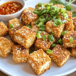 - 14 oz firm tofu - 1/2 cup all-purpose flour - 1/2 cup cornstarch - 1/2 teaspoon garlic powder - 1/2 teaspoon onion powder - 1/4 teaspoon smoked paprika - 1/2 teaspoon salt - 1/4 teaspoon black pepper - 1/2 cup water - Cooking spray or olive oil - Optional dipping sauces To make the best air fryer crispy tofu nuggets, you need a few simple ingredients. Start with firm tofu, as it holds its shape well. You want to press it first. This helps remove excess water. Less water means crispier nuggets. Next, gather your dry ingredients. All-purpose flour and cornstarch give the nuggets a perfect crunch. The garlic powder and onion powder add great flavor. Smoked paprika gives a nice smoky taste. Don't forget salt and black pepper for seasoning. For the batter, you will need water to mix everything together. Keep it thick enough to coat the tofu but not too runny. This balance is key for a great texture. Finally, choose your dipping sauce. Sweet chili sauce, sriracha, or soy sauce all work well. These add extra flavor and fun to your meal. With these ingredients, you're ready to create a delicious snack that everyone will love! 1. Preheat the air fryer. Set it to 375°F (190°C). This step helps cook the nuggets evenly. 2. Cut the tofu into cubes. Drain and press 14 oz of firm tofu. Then, slice it into bite-sized pieces. Aim for half-inch cubes for the best texture. 1. Mix dry ingredients. In a bowl, combine: - 1/2 cup all-purpose flour - 1/2 cup cornstarch - 1/2 teaspoon garlic powder - 1/2 teaspoon onion powder - 1/4 teaspoon smoked paprika - 1/2 teaspoon salt - 1/4 teaspoon black pepper Stir until everything is well blended. 2. Add water to achieve the right consistency. Gradually pour in 1/2 cup water while mixing. You want a smooth batter. It should coat the tofu well but not be too runny. 1. Coat the tofu cubes. Dip each cube into the batter. Make sure each piece is fully covered. This will help create a crispy crust. 2. Arrange nuggets in the air fryer basket. Place the coated tofu in a single layer. Avoid overcrowding to ensure they cook evenly. You may need to cook in batches. 3. Cooking time and flipping instructions. Air fry the nuggets for 12-15 minutes. Halfway through, flip them for even crispiness. They should turn golden brown and crunchy. To get that perfect crunch, seasoning is key. Mix your dry ingredients well. The flour, cornstarch, garlic powder, onion powder, smoked paprika, salt, and black pepper should blend into a smooth mix. This helps every nugget soak in flavor. When cooking, use cooking spray or a light drizzle of olive oil. This step adds a nice layer of crisp. Spray the nuggets lightly before cooking. Remember, too much oil can make your nuggets soggy. For a great presentation, arrange the crispy tofu nuggets on a colorful plate. Garnish with sesame seeds and chopped green onions. This adds a pop of color and makes it look more appetizing. Pair your tofu nuggets with tasty dipping sauces. Sweet chili sauce, sriracha, or soy sauce are popular choices. Each of these sauces adds a unique flavor to the nuggets. One big mistake is overcrowding the air fryer. If you pack too many nuggets in, they won’t cook evenly. Cook in batches to keep them crispy and golden. Another common error is not pressing the tofu properly. Make sure to drain and press your tofu well. This helps to remove excess moisture. Less moisture means better texture and crispiness in the nuggets. {{image_2}} You can change the taste of your tofu nuggets easily. Adding spices brings new life to each bite. For example, try cayenne for heat or cumin for warmth. You can also mix herbs like Italian seasoning for a fresh twist. Marinades can add great flavor too. Let your tofu soak in soy sauce or lemon juice for at least 30 minutes before coating. This gives your nuggets a burst of flavor. If you're gluten-free, you can swap all-purpose flour with rice flour or chickpea flour. These options still give a good crunch. For those who want a plant-based twist, try using nutritional yeast. It adds a cheesy flavor while keeping the recipe vegan. You can also use ground flaxseed mixed with water as a binder instead of flour. While air frying is easy, you can bake these nuggets in the oven. Preheat your oven to 400°F (200°C) and spread the nuggets on a baking sheet. Bake for 20-25 minutes, flipping halfway through. Pan-frying is another option. Heat oil in a skillet over medium heat. Fry the nuggets until golden brown, about 3-5 minutes on each side. Each method gives a different texture, so feel free to try them all! Store leftover tofu nuggets in an airtight container. This keeps them fresh. Place a paper towel inside to absorb moisture. It helps the nuggets stay crispy longer. Consume the leftovers within three days for best taste. To freeze tofu nuggets, let them cool completely. Arrange them in a single layer on a baking sheet. Freeze them for about an hour. Once frozen, transfer the nuggets to a freezer bag. Remove as much air as possible. They can last up to three months in the freezer. To reheat, preheat your air fryer to 375°F (190°C). Place the frozen nuggets in the basket. Cook for about 10-12 minutes until heated through and crispy. In the fridge, tofu nuggets last about three days. In the freezer, they can stay fresh for up to three months. Always check for signs of spoilage before eating. No, soft tofu does not work well here. Firm tofu holds its shape better. It gives the nuggets a nice texture. Soft tofu will crumble and not coat well. Stick with firm tofu for the best outcome. To add spice, mix in cayenne pepper or chili powder. You can also use hot sauce in the batter. Adjust the amount based on your heat preference. A dash of sriracha in your dipping sauce also kicks things up! Sweet chili sauce is a great choice. Sriracha adds a nice kick. Soy sauce brings a savory touch. You can even mix sauces for fun flavors. Try different dips to find your favorite! Yes, you can prepare the batter ahead of time. Store it in the fridge for up to one day. Just stir it well before using. This saves time when you are ready to cook. Tofu nuggets are a tasty and healthy snack. We explored the main ingredients, like firm tofu and seasonings, to create a perfect batter. Then, I shared step-by-step instructions for frying and tips for extra crispiness. You can even modify the recipe to your taste. Store leftovers properly to keep them fresh. Whether you want a quick treat or a fun cooking project, these nuggets are ideal. Enjoy making them your own and wow your friends and family with this fun dish!