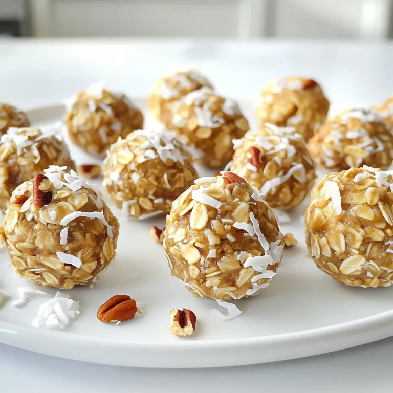 - 1 cup rolled oats - 1/2 cup pecans, finely chopped - 1/2 cup almond butter or peanut butter - 1/4 cup maple syrup - 1/4 cup shredded coconut - 1/4 cup chocolate chips (optional) - 1 teaspoon vanilla extract - Pinch of salt Rolled oats offer fiber, which helps keep you full. They provide energy for your day. Pecans add healthy fats and protein. These nuts also bring a nice crunch. Almond butter or peanut butter is a great source of protein. It is creamy and tasty. Maple syrup gives these bites a sweet, rich flavor. Shredded coconut adds a tropical taste and texture. Optional chocolate chips can make them extra fun! You can swap rolled oats for quick oats if needed. Try walnuts or almonds instead of pecans. For nut-free options, use sunflower seed butter. You can also use agave syrup instead of maple syrup. If you want a different flavor, try adding honey. For a coconut-free version, skip the shredded coconut and add more oats. Start with a large mixing bowl. Add 1 cup of rolled oats. Then, add 1/2 cup of finely chopped pecans. Next, mix in 1/4 cup of shredded coconut. Don’t forget a pinch of salt for flavor. Stir these dry ingredients well until they blend nicely. In a separate bowl, take 1/2 cup of almond butter or peanut butter. Add 1/4 cup of maple syrup to it. Then, include 1 teaspoon of vanilla extract. Mix these wet ingredients until they are smooth and creamy. Once mixed, pour this into the bowl of dry ingredients. Stir everything together until well combined. If you want, fold in 1/4 cup of chocolate chips at this point. Now, put the bowl in the fridge for about 30 minutes. This helps the mixture firm up. After chilling, take about one tablespoon of the mix. Roll it between your hands to make a small ball. Repeat this until you shape all the mixture into energy bites. Store them in an airtight container in the fridge for up to one week. Enjoy your tasty snacks! To get the best mix, start with dry ingredients first. Combine rolled oats, pecans, coconut, and salt in a bowl. Stir them well so they mix evenly. In a second bowl, blend almond or peanut butter, maple syrup, and vanilla. Make sure this mixture is smooth. Pour the wet mix into the dry mix. Stir until every piece is coated. This method helps all flavors blend well. If your mix is too sticky, add a bit more oats. This helps to absorb extra moisture. If it feels too dry, add a touch more maple syrup or nut butter. If the bites won’t stick together, try chilling the mix longer. This makes it easier to form balls. If they crumble after rolling, make sure to pack them tightly. A firm grip helps them hold their shape. For more flavor, add cinnamon or nutmeg to the dry mix. You can also toss in dried fruit like raisins or cranberries. For extra crunch, try using sunflower seeds or pumpkin seeds. To boost nutrition, use protein powder in the wet mix. This adds protein without changing the taste much. You can also roll the bites in extra coconut or chopped nuts for a fun twist. {{image_2}} You can use different nuts for your energy bites. Walnuts and almonds work well. Cashews add a creamy texture. If you want seeds, try chia or sunflower seeds. These options keep the bites crunchy and tasty. Use any mix you like. Just remember to chop them finely. This helps with texture and flavor. Want to spice up your bites? Try adding cinnamon or nutmeg. These spices bring warmth and depth. You can also mix in dried fruits like cranberries or raisins. They add sweetness and chewiness. If you love chocolate, add cocoa powder for a rich taste. Just keep your balance in mind. Too much can overpower the other flavors. These energy bites can easily fit any diet. Use gluten-free oats for a gluten-free version. For vegan options, swap almond butter for sunflower seed butter. Make sure your maple syrup is pure and vegan-friendly. You can skip the chocolate chips or use dairy-free ones. These changes keep the snacks tasty and friendly for everyone. To keep your No-Bake Maple Pecan Energy Bites fresh, store them in an airtight container. Place the container in your fridge to maintain the right texture and taste. The cool air helps keep the bites firm and prevents them from drying out. Avoid storing them at room temperature to prevent them from becoming too soft. These energy bites will last for up to one week in the fridge. When properly stored, they maintain their flavor and texture. If you notice any odd smells or changes in color, it's best to throw them away. This ensures you enjoy only the best bites. You can freeze your energy bites for longer storage. To do this, place them in a single layer on a baking sheet. Freeze for about one hour, then transfer them to a freezer-safe bag. This method keeps them from sticking together. They can last up to three months in the freezer. When you’re ready to eat, let them thaw in the fridge overnight. Enjoy a quick snack anytime! Yes, you can make these energy bites nut-free. Use sunflower seed butter instead of almond or peanut butter. This keeps the flavor rich while avoiding nuts. You can also skip the nuts and add more oats or seeds for texture. No-bake energy bites last up to one week in the fridge. Store them in an airtight container to keep them fresh. If you want to keep them longer, consider freezing them. They can last for about three months in the freezer. Yes, honey can replace maple syrup in this recipe. Honey adds a nice sweetness, but it does change the flavor a bit. If you prefer maple syrup's flavor, feel free to stick with it. Absolutely! These energy bites are great for kids. They are easy to make and packed with healthy ingredients. The sweet taste makes them a fun snack. Just be mindful of any nut allergies when serving. In this post, we covered how to make energy bites with tasty ingredients and easy steps. I shared tips on mixing, storing, and variations to try. Remember, energy bites are flexible, appealing to many tastes and diets. Enjoy making them your own, whether you want a nut-free option or added flavor. Keep them fresh and tasty by following the storage tips. Embrace these simple snacks for a boost anytime you need it. Happy snacking!