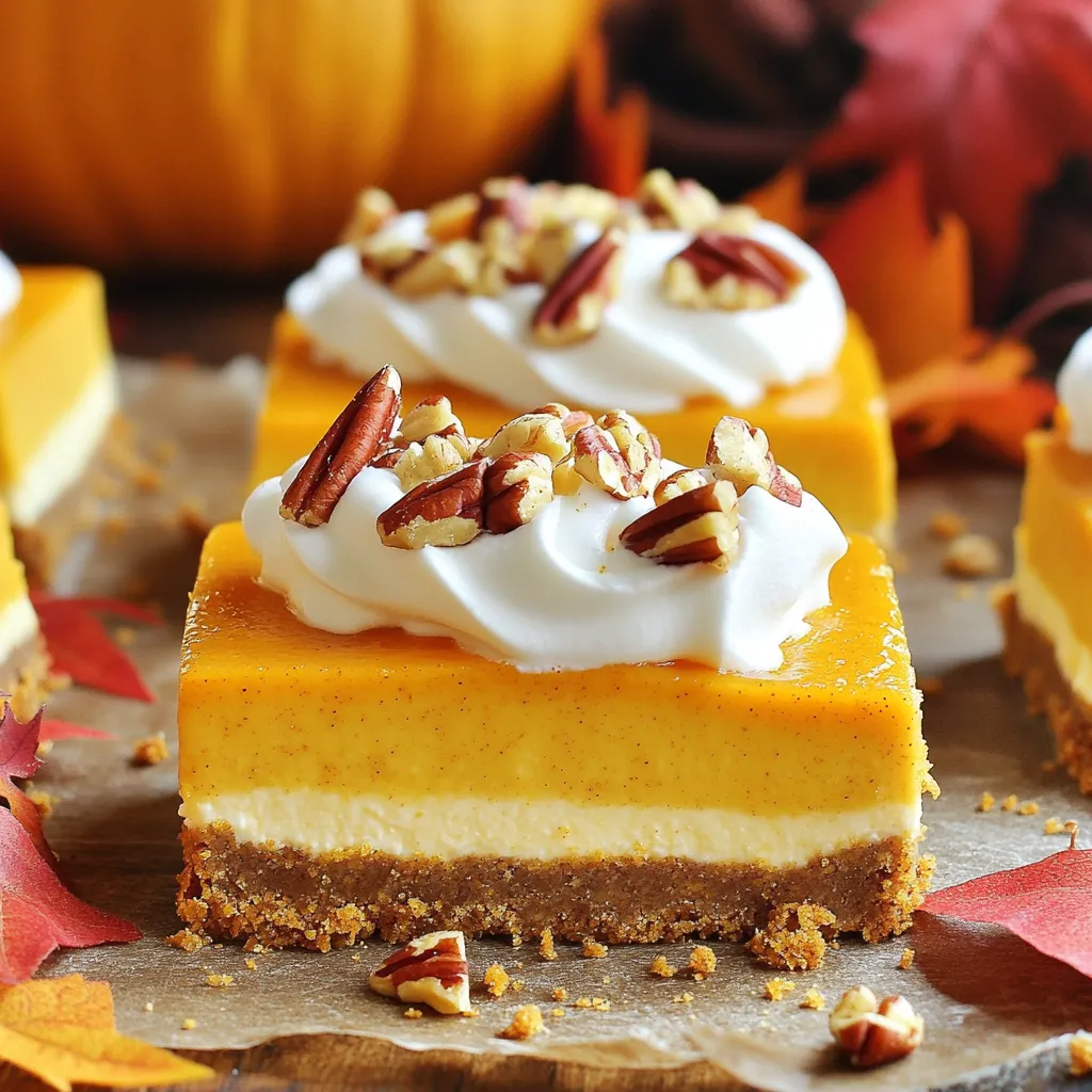 To make these delicious bars, gather these main ingredients: - 1 ½ cups graham cracker crumbs - 5 tablespoons unsalted butter, melted - 2 tablespoons sugar - 2 (8 oz.) packages cream cheese, softened - 1 cup pumpkin puree - ¾ cup sugar - 2 large eggs - 1 tablespoon vanilla extract - 2 teaspoons pumpkin pie spice - 1 teaspoon ground cinnamon - ¼ teaspoon salt These ingredients blend to create a creamy filling that pairs well with the crunchy crust. You can enhance your cheesecake bars with these fun toppings: - Whipped cream - Crushed pecans These toppings add extra flavor and texture. They also make your bars look pretty! If you need to make changes, here are some easy swaps: - Use almond flour instead of graham cracker crumbs for a gluten-free crust. - Swap cream cheese with ricotta for a lighter texture. - Try maple syrup instead of sugar for a natural sweetener. These substitutions can cater to different diets or personal tastes. Enjoy experimenting! First, we need to set the stage. Preheat your oven to 350°F (175°C). Grab an 8x8 inch baking dish. Lightly grease it or line it with parchment paper. This will help the bars come out easily later. Now, let's make the crust. In a medium bowl, combine 1 ½ cups of graham cracker crumbs, 5 tablespoons of melted butter, and 2 tablespoons of sugar. Mix it well until the crumbs are all coated. Press this mixture firmly into the bottom of your prepared baking dish. You want it nice and even for a perfect base. Next, we’ll create the filling. In a large bowl, beat 2 packages of softened cream cheese with an electric mixer. Mix until it’s smooth and creamy. Then, slowly add in 1 cup of pumpkin puree, ¾ cup of sugar, 2 large eggs, 1 tablespoon of vanilla extract, 2 teaspoons of pumpkin pie spice, 1 teaspoon of ground cinnamon, and ¼ teaspoon of salt. Mix until everything is silky and well combined. Pour the cheesecake filling over your crust. Spread it evenly with a spatula. Place the dish in the oven and bake for 30-35 minutes. The edges should be set, but the center will be a bit jiggly. Remove it from the oven and let it cool at room temperature for about an hour. Then, refrigerate for at least 4 hours or overnight to let it fully set. Once the bars are chilled, lift them out using the parchment paper. Cut them into squares. You can serve these delightful bars topped with whipped cream and a sprinkle of crushed pecans for a lovely finish. Enjoy each bite of this pumpkin spice goodness! To get creamy cheesecake bars, use room temperature cream cheese. Cold cream cheese lumps. Beat it until smooth before adding other ingredients. Mix slowly to keep air from getting in. Too much air makes the bars puff up while baking. You want a dense, rich texture. Bake them until the edges are firm. The center should still jiggle slightly. This means it will set perfectly in the fridge. One common mistake is overbaking the bars. If you bake them too long, they dry out. Keep a close eye on them during the last few minutes. Another mistake is not cooling the crust enough. If the crust is warm, it can make the filling too soft. Always let it cool a bit before adding the filling. Lastly, don't skip the chilling time. Chilling helps the bars set and makes them easier to cut. Pumpkin spice is the star here, but you can add more flavors. A pinch of nutmeg or cloves can deepen the spice profile. If you like a little extra richness, add a splash of maple syrup to the filling. For a fun twist, try mixing in mini chocolate chips or toffee bits. These add a sweet crunch and surprise to every bite. Don't forget to top with whipped cream and crushed pecans for a lovely finish! {{image_2}} You can make these cheesecake bars even more fun. Swirl Nutella into the filling for a rich twist. Add about half a cup of Nutella to the cheesecake mix. Use a knife to create swirls. This gives your bars a chocolatey flavor that pairs well with pumpkin spice. Kids and adults alike will love this variation! For a gluten-free option, swap out the graham cracker crumbs. Use gluten-free cookies or almond flour instead. Mix the crumbs with melted butter and sugar, just like before. This way, everyone can enjoy these tasty treats, even those with gluten sensitivities. If you want bite-sized treats, make mini cheesecake bites. Use a mini muffin tin lined with paper cups. Press a small amount of crust into each cup, then fill with the cheesecake mixture. Bake for about 20 minutes. These little bites are perfect for parties or snacks. They are easy to grab and go! Store your pumpkin spice cheesecake bars in an airtight container. This keeps them fresh and moist. Place parchment paper between layers to avoid sticking. You can keep them in the fridge for up to five days. If you want to save some for later, freezing is a great option. First, let the bars cool completely. Then, wrap each bar in plastic wrap. After that, place them in a freezer-safe bag or container. They can last up to three months in the freezer. To enjoy your frozen bars, move them to the fridge for a few hours or overnight. This helps them thaw slowly and safely. If you want them warm, heat them in the microwave for about 15-20 seconds. Check to make sure they are warm throughout before serving. Yes, you can use homemade pumpkin puree. It adds a fresh taste. To make it, cook fresh pumpkin until soft, then blend it until smooth. Strain it to remove excess water. This will enhance the flavor of your cheesecake bars. You can tell the cheesecake bars are done when the edges are set. The center should still be slightly jiggly. This means it will firm up as it cools. Keep an eye on them during the last few minutes of baking for the best results. If you need a substitute for cream cheese, use ricotta or mascarpone cheese. Greek yogurt is also a great option. These will give you a similar creamy texture. Adjust the sugar based on how sweet you want the filling. You learned how to make tasty Pumpkin Spice Cheesecake Bars with easy steps. We covered key ingredients, simple instructions, and helpful tips to avoid mistakes. Feel free to try fun variations and get creative with toppings. Remember, these dessert bars are great for sharing or saving for later. With good storage, you can enjoy this treat well past baking day. Enjoy making and tasting your own delicious version!