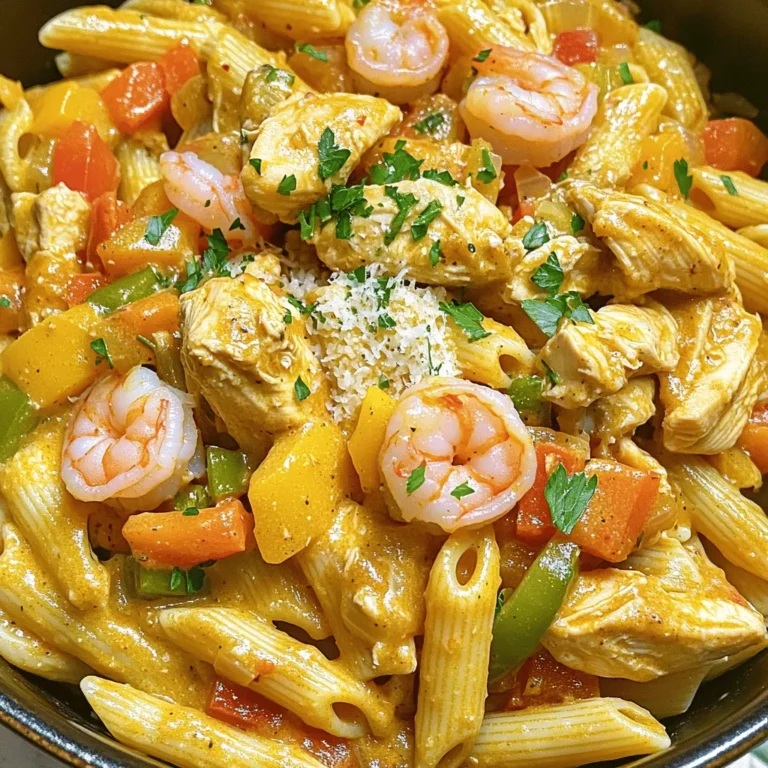 To make this dish, you need a few key items. Here’s the list: - 1 lb chicken breast, diced - 1 lb shrimp, peeled and deveined - 12 oz penne pasta - 1 medium onion, chopped - 3 cloves garlic, minced - 1 bell pepper (red or green), diced - 1 can (14.5 oz) diced tomatoes, with juice - 2 cups chicken broth - 2 tablespoons Cajun seasoning - 1 teaspoon smoked paprika - Salt and pepper to taste - 2 tablespoons olive oil - 1/2 cup heavy cream - 1/4 cup chopped fresh parsley, for garnish These ingredients blend perfectly to create a rich and savory meal. The chicken and shrimp offer protein. The pasta and veggies add texture. You can mix things up with a few optional items. Try these if you want variety: - Grated Parmesan cheese for serving - Different pasta types, like fettuccine or spaghetti - Zucchini or mushrooms for extra veggies Feel free to adjust the Cajun seasoning. If you want less heat, use less. If you love spice, add more! Garnishes make your dish look and taste better. Here are some ideas: - Chopped fresh parsley for color - Extra Cajun seasoning for more flavor - A squeeze of lemon juice for brightness These garnishes enhance the dish and make it more appealing. They add freshness and a pop of color to your plate. Enjoy this hearty delight! Start by gathering all your ingredients. You need: - 1 lb chicken breast, diced - 1 lb shrimp, peeled and deveined - 12 oz penne pasta - 1 medium onion, chopped - 3 cloves garlic, minced - 1 bell pepper, diced - 1 can diced tomatoes (14.5 oz) - 2 cups chicken broth - 2 tablespoons Cajun seasoning - 1 teaspoon smoked paprika - Salt and pepper to taste - 2 tablespoons olive oil - 1/2 cup heavy cream - 1/4 cup chopped fresh parsley Make sure to chop the onion, garlic, and bell pepper before you start cooking. This makes everything quick and easy. In a large pot, heat the olive oil over medium-high heat. Add the diced chicken. Season it with salt, pepper, and 1 tablespoon of Cajun seasoning. Cook the chicken for about 5-7 minutes. You want it browned and fully cooked. After that, take the chicken out of the pot and set it aside. Next, in the same pot, toss in the chopped onion, diced bell pepper, and minced garlic. Sauté these for about 3-4 minutes until they soften. This step gives your dish great flavor. Now, add the shrimp. Sprinkle in the remaining Cajun seasoning and smoked paprika. Cook the shrimp until they turn pink, which takes about 3 minutes. This is where the magic begins! Once the shrimp is ready, add the can of diced tomatoes with its juice. Next, pour in the chicken broth and add the penne pasta. Stir everything together until well mixed. Bring the mix to a boil. After it boils, cover the pot and lower the heat to a simmer. Cook it for about 12-15 minutes. Stir occasionally until the pasta is tender. Most of the liquid should be absorbed by now. Finally, return the chicken to the pot. Add the heavy cream and cook for an additional 2-3 minutes until everything is heated through. Taste, and adjust the seasoning if needed. Once you finish, garnish with chopped parsley before serving. Enjoy this hearty delight! To boost the Cajun flavor, use fresh spices. You can make your own Cajun mix. Combine paprika, cayenne, garlic powder, and oregano. This mix adds depth to your dish. You can also add a splash of hot sauce for more heat. Let the dish sit for a few minutes after cooking. This helps the flavors meld together. To get the right pasta texture, cook it just until al dente. This means the pasta should be firm to the bite. Stir the pasta often while it cooks. This prevents it from sticking together. Don't rinse the pasta after cooking. Rinsing washes away the starch. Starch helps the sauce cling to the pasta, making every bite tasty. Serve your one-pot Cajun chicken and shrimp pasta in shallow bowls. Top with grated Parmesan cheese for a creamy touch. Add a sprinkle of fresh parsley for color and flavor. Pair this dish with a crisp salad. A simple green salad with lemon vinaigrette works well. A glass of white wine like Sauvignon Blanc complements the spice nicely. You can also serve crusty bread on the side to soak up the sauce. {{image_2}} You can easily make this dish vegetarian. Start by swapping the chicken and shrimp for hearty vegetables. Try using mushrooms, zucchini, or eggplant. These veggies soak up the Cajun spices well. You can also add chickpeas for protein. This option keeps the dish filling and tasty. If you want to change proteins, fish or tofu works great. For fish, use salmon or tilapia. Cook the fish just like the shrimp. For tofu, choose firm or extra-firm. Cut it into cubes and sauté it until golden. This gives a nice texture and flavor. Both options keep the dish vibrant. Adjusting the spice level is easy. If you love heat, add more Cajun seasoning. You can also include cayenne pepper or red chili flakes. For a milder dish, cut back on the spices. You can even add a dollop of sour cream or yogurt to cool it down. This way, everyone can enjoy the dish to their liking. To keep your One-Pot Cajun Chicken & Shrimp Pasta fresh, store it in an airtight container. Place it in the fridge if you plan to eat it within three days. Make sure to let it cool to room temperature first. This helps keep the pasta from getting soggy. When you reheat the pasta, use a skillet or a microwave. If using a skillet, add a splash of chicken broth. This keeps the pasta moist. Heat on low until warm, stirring often. If using a microwave, cover the bowl with a lid or wrap. Heat in short bursts, stirring in between, to avoid hot spots. You can freeze this dish for up to three months. Divide it into single servings for easy meals later. Make sure it is in freezer-safe containers. Label each container with the date. To thaw, place it in the fridge overnight. Reheat as mentioned above for the best taste. You can use half-and-half or milk mixed with butter. This gives a rich taste. For a lighter option, consider using coconut milk. It adds a nice flavor too! Yes! You can swap penne for any pasta you like. Fusilli or farfalle work well too. Just adjust the cooking time as needed. Add more Cajun seasoning to the dish. You can also toss in cayenne pepper or hot sauce. Start small, then taste as you go. This pasta pairs well with a simple green salad. Garlic bread makes a nice side too. You can also serve it with steamed vegetables for a healthier option. This blog post covered how to make One-Pot Cajun Chicken & Shrimp Pasta. We explored essential ingredients, cooking steps, and helpful tips for great flavor. You can adjust spice levels and switch proteins too. I shared storage tips for leftovers and answers to common questions. Try this dish for a fun, tasty meal. Enjoy the mix of flavors and textures, and remember, cooking is all about creativity!
