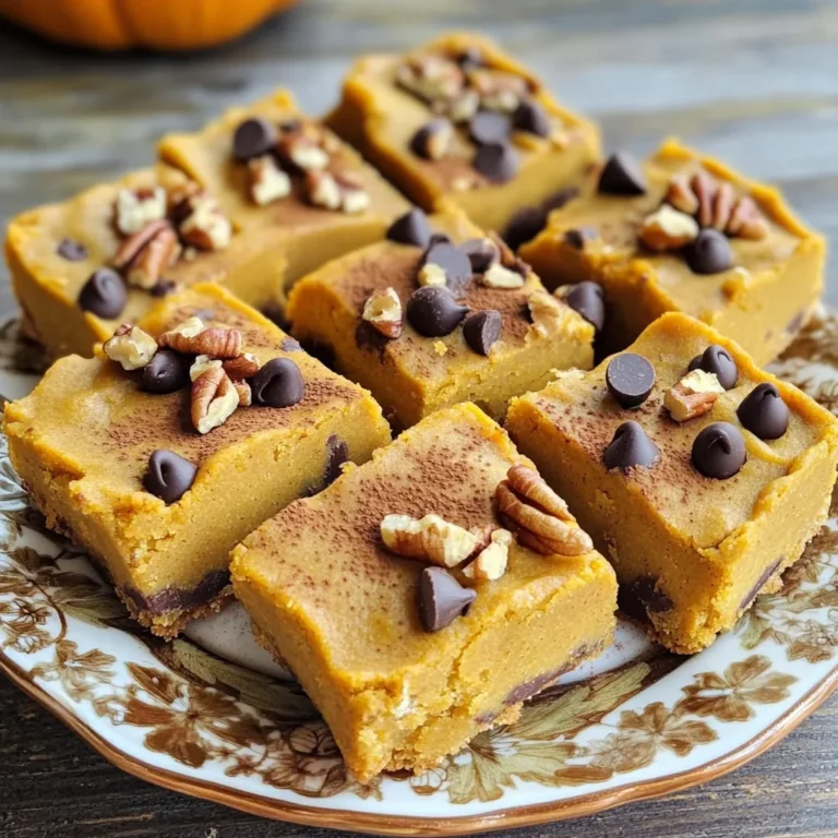 To make Pumpkin Spice Cookie Dough Bars, gather these simple ingredients: - 1 cup almond flour - 1/2 cup oats - 1/4 cup pumpkin puree - 1/4 cup maple syrup - 1/2 teaspoon vanilla extract - 1 teaspoon pumpkin pie spice - 1/4 teaspoon salt - 1/2 cup chocolate chips (dairy-free if desired) - 1/2 cup chopped pecans or walnuts (optional) These ingredients come together to create a rich, tasty treat. You can swap ingredients for your dietary needs. Here are some ideas: - Use oat flour instead of almond flour for gluten-free options. - Replace maple syrup with agave nectar for a vegan choice. - Substitute chocolate chips with dried fruit for a healthier treat. - Use sunflower seed butter in place of nuts to avoid allergens. These swaps help you enjoy the bars, no matter your diet. Using fresh ingredients can make a big difference in flavor. - Pumpkin Puree: Use canned puree for convenience, but fresh pumpkin can offer a brighter taste. - Almond Flour: Freshly ground almond flour gives a better texture than packaged. - Spices: Freshly ground spices can enhance the flavor much more than store-bought versions. Choosing fresh ingredients can elevate your cookie bars, making them even more delightful. Mixing Dry Ingredients Start with a large mixing bowl. Combine 1 cup of almond flour and 1/2 cup of oats. Stir well to blend them evenly. This mix gives the bars a nice texture. Combining Wet Ingredients Next, add 1/4 cup pumpkin puree, 1/4 cup maple syrup, and 1/2 teaspoon vanilla extract. Sprinkle in 1 teaspoon pumpkin pie spice and 1/4 teaspoon salt. Mix everything until it forms a thick, cohesive dough. If it feels too crumbly, add a little more pumpkin puree or maple syrup. Forming Cookie Dough Now it's time to fold in 1/2 cup of chocolate chips. You can use dairy-free chips if you like. If you want some crunch, add 1/2 cup of chopped pecans or walnuts. Mix until the chocolate and nuts are evenly spread throughout the dough. Line an 8x8 inch pan with parchment paper. Make sure to leave some overhang. This helps with easy removal later. Press the cookie dough mixture firmly into the pan. Use your hands or a spatula to pack it tightly. An even layer is key for perfect bars. Refrigerate the pan for at least 30 minutes. This step helps the bars firm up nicely. Once set, lift the bars out using the parchment paper. You can then slice them into squares or rectangles. Enjoy your delicious pumpkin spice cookie dough bars! To get the best texture for your Pumpkin Spice Cookie Dough Bars, start with fresh almond flour. If it sits too long, it can clump. Mix your dry ingredients well. This helps blend flavors and ensures even texture. If your dough feels too crumbly, add more pumpkin puree. This will help it stick together. You don't need fancy tools for this recipe. A large mixing bowl works well for combining ingredients. A spatula helps press the dough into the pan. Use an 8x8 inch pan lined with parchment paper. This makes it easy to lift the bars out later. A measuring cup is key for accurate ingredient amounts. If your bars don't hold together, it may be too dry. Simply add a bit more maple syrup. If they feel too soft after chilling, let them sit in the fridge longer. Sometimes, they need more time to set. If you want a sweeter taste, try adding a little more maple syrup. Adjusting sweetness is easy and tasty. {{image_2}} Want to boost the taste? You can add a dash of cinnamon or nutmeg for warmth. A hint of ginger can also add a nice zing. If you love caramel, drizzle some melted caramel on top before cutting the bars. This adds a sweet layer that pairs well with pumpkin spice. Mixing in different nuts or fruits can make your bars special. Try adding chopped walnuts or pecans for crunch. If you like a fruity twist, toss in some dried cranberries or raisins. These add sweetness and a chewy texture that complements the soft cookie dough. This recipe is already gluten-free if you use almond flour. For a vegan option, ensure your chocolate chips are dairy-free. You can also substitute maple syrup with agave syrup if you prefer. Both keep the bars sweet and delicious without any animal products. To keep your Pumpkin Spice Cookie Dough Bars fresh, store them in an airtight container. Use parchment paper between layers to prevent sticking. Make sure to keep them in the fridge for best taste and texture. They stay soft and chewy when kept cool. Avoid leaving them out at room temperature for too long. This will help maintain their yummy flavor. You can freeze these bars for later use. Just wrap each bar tightly in plastic wrap. Then, place them in a freezer-safe bag or container. They can last up to three months in the freezer. When ready to enjoy, remove a bar and let it thaw in the fridge overnight. You can also thaw them at room temperature for a couple of hours. These bars will stay fresh in the fridge for about one week. Look for signs of spoilage, like a change in smell or color. If they feel dry or hard, it may be time to toss them. Always trust your senses when it comes to food safety. Enjoy your pumpkin spice bars while they are fresh for the best taste! Yes, you can easily make these bars without nuts. Simply skip the chopped pecans or walnuts. The bars will still taste great without them. For added texture, you can use extra chocolate chips or add in some seeds like sunflower seeds. This keeps the recipe nut-free and still delicious. You can adjust the sweetness by changing the maple syrup amount. If you like it less sweet, use less syrup. If you want it sweeter, add a bit more. You can also try adding a sweetener like honey or agave. Always taste as you mix to find the perfect balance for you. Yes, you can use pumpkin spice mix instead of individual spices. Just use one teaspoon of the mix in place of the pumpkin pie spice. This keeps it simple and saves time. The bars will still have that warm, cozy flavor you love. In this post, I covered key ingredients for your recipe, including substitutions and fresh options. The step-by-step instructions ensure you create perfect cookie bars with ease. I shared tips to achieve the best texture and troubleshoot issues. You can also explore flavors and storage tips to keep your bars fresh. Remember, adjusting sweetness and using alternatives are easy! Overall, these insights will help you bake with confidence and creativity. Enjoy your baking journey!