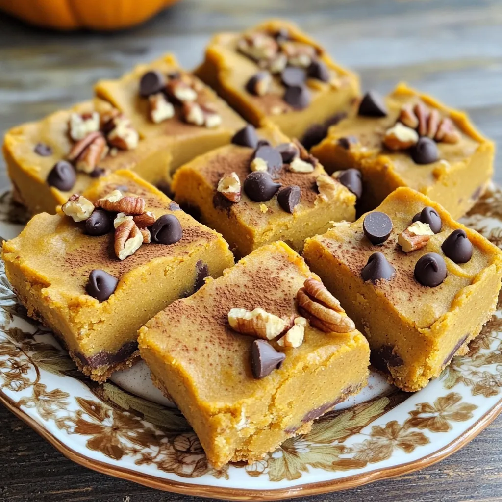 To make Pumpkin Spice Cookie Dough Bars, gather these simple ingredients: - 1 cup almond flour - 1/2 cup oats - 1/4 cup pumpkin puree - 1/4 cup maple syrup - 1/2 teaspoon vanilla extract - 1 teaspoon pumpkin pie spice - 1/4 teaspoon salt - 1/2 cup chocolate chips (dairy-free if desired) - 1/2 cup chopped pecans or walnuts (optional) These ingredients come together to create a rich, tasty treat. You can swap ingredients for your dietary needs. Here are some ideas: - Use oat flour instead of almond flour for gluten-free options. - Replace maple syrup with agave nectar for a vegan choice. - Substitute chocolate chips with dried fruit for a healthier treat. - Use sunflower seed butter in place of nuts to avoid allergens. These swaps help you enjoy the bars, no matter your diet. Using fresh ingredients can make a big difference in flavor. - Pumpkin Puree: Use canned puree for convenience, but fresh pumpkin can offer a brighter taste. - Almond Flour: Freshly ground almond flour gives a better texture than packaged. - Spices: Freshly ground spices can enhance the flavor much more than store-bought versions. Choosing fresh ingredients can elevate your cookie bars, making them even more delightful. Mixing Dry Ingredients Start with a large mixing bowl. Combine 1 cup of almond flour and 1/2 cup of oats. Stir well to blend them evenly. This mix gives the bars a nice texture. Combining Wet Ingredients Next, add 1/4 cup pumpkin puree, 1/4 cup maple syrup, and 1/2 teaspoon vanilla extract. Sprinkle in 1 teaspoon pumpkin pie spice and 1/4 teaspoon salt. Mix everything until it forms a thick, cohesive dough. If it feels too crumbly, add a little more pumpkin puree or maple syrup. Forming Cookie Dough Now it's time to fold in 1/2 cup of chocolate chips. You can use dairy-free chips if you like. If you want some crunch, add 1/2 cup of chopped pecans or walnuts. Mix until the chocolate and nuts are evenly spread throughout the dough. Line an 8x8 inch pan with parchment paper. Make sure to leave some overhang. This helps with easy removal later. Press the cookie dough mixture firmly into the pan. Use your hands or a spatula to pack it tightly. An even layer is key for perfect bars. Refrigerate the pan for at least 30 minutes. This step helps the bars firm up nicely. Once set, lift the bars out using the parchment paper. You can then slice them into squares or rectangles. Enjoy your delicious pumpkin spice cookie dough bars! To get the best texture for your Pumpkin Spice Cookie Dough Bars, start with fresh almond flour. If it sits too long, it can clump. Mix your dry ingredients well. This helps blend flavors and ensures even texture. If your dough feels too crumbly, add more pumpkin puree. This will help it stick together. You don't need fancy tools for this recipe. A large mixing bowl works well for combining ingredients. A spatula helps press the dough into the pan. Use an 8x8 inch pan lined with parchment paper. This makes it easy to lift the bars out later. A measuring cup is key for accurate ingredient amounts. If your bars don't hold together, it may be too dry. Simply add a bit more maple syrup. If they feel too soft after chilling, let them sit in the fridge longer. Sometimes, they need more time to set. If you want a sweeter taste, try adding a little more maple syrup. Adjusting sweetness is easy and tasty. {{image_2}} Want to boost the taste? You can add a dash of cinnamon or nutmeg for warmth. A hint of ginger can also add a nice zing. If you love caramel, drizzle some melted caramel on top before cutting the bars. This adds a sweet layer that pairs well with pumpkin spice. Mixing in different nuts or fruits can make your bars special. Try adding chopped walnuts or pecans for crunch. If you like a fruity twist, toss in some dried cranberries or raisins. These add sweetness and a chewy texture that complements the soft cookie dough. This recipe is already gluten-free if you use almond flour. For a vegan option, ensure your chocolate chips are dairy-free. You can also substitute maple syrup with agave syrup if you prefer. Both keep the bars sweet and delicious without any animal products. To keep your Pumpkin Spice Cookie Dough Bars fresh, store them in an airtight container. Use parchment paper between layers to prevent sticking. Make sure to keep them in the fridge for best taste and texture. They stay soft and chewy when kept cool. Avoid leaving them out at room temperature for too long. This will help maintain their yummy flavor. You can freeze these bars for later use. Just wrap each bar tightly in plastic wrap. Then, place them in a freezer-safe bag or container. They can last up to three months in the freezer. When ready to enjoy, remove a bar and let it thaw in the fridge overnight. You can also thaw them at room temperature for a couple of hours. These bars will stay fresh in the fridge for about one week. Look for signs of spoilage, like a change in smell or color. If they feel dry or hard, it may be time to toss them. Always trust your senses when it comes to food safety. Enjoy your pumpkin spice bars while they are fresh for the best taste! Yes, you can easily make these bars without nuts. Simply skip the chopped pecans or walnuts. The bars will still taste great without them. For added texture, you can use extra chocolate chips or add in some seeds like sunflower seeds. This keeps the recipe nut-free and still delicious. You can adjust the sweetness by changing the maple syrup amount. If you like it less sweet, use less syrup. If you want it sweeter, add a bit more. You can also try adding a sweetener like honey or agave. Always taste as you mix to find the perfect balance for you. Yes, you can use pumpkin spice mix instead of individual spices. Just use one teaspoon of the mix in place of the pumpkin pie spice. This keeps it simple and saves time. The bars will still have that warm, cozy flavor you love. In this post, I covered key ingredients for your recipe, including substitutions and fresh options. The step-by-step instructions ensure you create perfect cookie bars with ease. I shared tips to achieve the best texture and troubleshoot issues. You can also explore flavors and storage tips to keep your bars fresh. Remember, adjusting sweetness and using alternatives are easy! Overall, these insights will help you bake with confidence and creativity. Enjoy your baking journey!