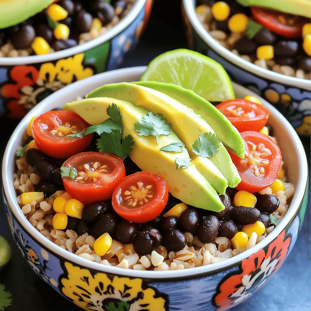 For these tasty burrito bowls, you will need the following main ingredients: - 1 cup brown rice - 2 cups vegetable broth - 1 can (15 oz) black beans, rinsed and drained - 1 cup corn kernels (fresh or frozen) - 1 red bell pepper, diced - 1 avocado, sliced - 1/2 cup cherry tomatoes, halved - 1/2 red onion, finely chopped - 1 teaspoon cumin - 1 teaspoon chili powder - 1 tablespoon olive oil - 1 lime, juiced - Salt and pepper to taste - Fresh cilantro for garnish These ingredients create a hearty base. The brown rice adds fiber. Black beans boost protein. Fresh veggies bring flavor and crunch. You can elevate your bowl with some fun toppings and garnishes. Consider these options: - Sliced jalapeños for heat - Shredded cheese for creaminess - Sour cream for richness - Extra lime wedges for zing - Diced green onions for freshness - Avocado crema for a smooth finish These extras let you personalize each bowl. The mix of toppings adds layers of taste. Feel free to get creative! This dish is not just tasty; it’s also good for you. Here’s a quick look at the nutritional content per serving: - Calories: Approximately 350 - Protein: 12g - Fiber: 10g - Carbohydrates: 60g - Fat: 10g These burrito bowls provide a balanced meal. They are rich in fiber and protein. You can enjoy a filling meal without guilt. Start by rinsing the brown rice. Use cold water and drain until clear. In a medium saucepan, mix the rice with vegetable broth. This adds great flavor. Bring it to a boil, then lower the heat. Cover the pot and let it simmer. Cook for about 35 to 40 minutes. The rice should be tender and the broth absorbed. Fluff the rice with a fork when done. While the rice cooks, heat olive oil in a large skillet over medium heat. Add diced red bell pepper and finely chopped red onion. Cook for about 5 minutes until they soften. Next, stir in rinsed black beans and corn kernels. Add cumin, chili powder, salt, and pepper to taste. Cook for another 5 minutes. This warms everything up and mixes the flavors. Now it's time to build your burrito bowls. Divide the cooked brown rice into bowls. Top each bowl with the black bean and corn mixture. Add sliced avocado and halved cherry tomatoes. Squeeze fresh lime juice on top for a zesty kick. Finally, sprinkle fresh cilantro for an extra burst of flavor. Enjoy your tasty and satisfying meal! To cook brown rice well, start by rinsing it. Rinse the rice under cold water until the water is clear. This removes excess starch. Next, combine one cup of rice with two cups of vegetable broth in a medium pot. Bring it to a boil. Once boiling, lower the heat, cover, and let it simmer for 35 to 40 minutes. Don't lift the lid while it cooks! When done, fluff it with a fork. Perfect brown rice is tender and fluffy. Black beans can be simple, but adding flavor makes them great. Start by heating one tablespoon of olive oil in a large skillet. Add diced red onion and red bell pepper. Cook them for about five minutes until they soften. Next, stir in the rinsed black beans, corn, one teaspoon of cumin, and one teaspoon of chili powder. Season with salt and pepper. Cook for another five minutes. This mix gives the beans a nice depth of flavor and a colorful look. How you serve matters! Use colorful bowls to make the dish pop. Start with a base of brown rice. Then, add the black bean mixture on top. Arrange toppings like avocado slices, halved cherry tomatoes, and fresh cilantro in sections. This creates a vibrant and inviting look. For added zing, squeeze fresh lime juice over the top. You can also add a dollop of sour cream if you like. A well-presented bowl makes every bite more enjoyable. {{image_2}} You can make this dish meat-free easily. The black beans provide protein, fiber, and flavor. If you want a vegan twist, skip any dairy toppings. Instead, try adding more fresh veggies or a scoop of guacamole. You can also use plant-based cheese. This keeps your meal light, fresh, and still very tasty. Want to make your burrito bowl more filling? Add grilled chicken or shrimp. You can also use tofu for a plant-based option. Cook the protein separately and then mix it into the black bean mix. This adds texture and boosts the protein content. You can also top with a fried egg for a unique spin. Brown rice is great, but there are many other options. You could use quinoa for extra protein and a nutty taste. Cauliflower rice is perfect for a low-carb choice. If you like something chewy, try farro or barley. Each grain brings its own flavor, making the base exciting. To store your burrito bowls, let them cool first. Use airtight containers to keep them fresh. Each bowl should have a lid. You can stack the bowls in the fridge. They last for about three days. When ready to eat, take the bowl from the fridge. Remove the avocado and tomatoes before heating. Heat in the microwave for 1-2 minutes. Stir halfway through to warm evenly. You can add fresh lime juice after heating for extra flavor. You can prepare the rice and bean mixture in advance. Cook them on a weekend and store them in separate containers. This makes it easy to assemble bowls during busy days. Chop your veggies and store them too. Keep everything in the fridge for a quick meal. You can use pinto beans or chickpeas instead of black beans. Both options add great taste. If you want a different flavor, try kidney beans. Each option gives you a unique twist on the dish. This recipe is already gluten-free, as all the ingredients are safe. Just ensure your vegetable broth is gluten-free. You can use rice and beans without worry. Yes, you can freeze these burrito bowls. Just place them in airtight containers. Make sure to cool them first. When you are ready to eat, thaw in the fridge overnight and reheat. You can find burrito bowls at many Mexican restaurants or fast-casual spots. Look for places that focus on fresh, made-to-order meals. Some popular chains also offer similar bowls with various toppings. In this post, we explored how to create tasty Chipotle Black Bean Burrito Bowls. We started with essential ingredients and optional toppings. Then, we walked through cooking and assembling the bowls. I shared tips for perfect rice, flavorful beans, and appealing presentation. We also discussed variations and smart storage methods. Enjoy experimenting with this recipe. These burrito bowls are healthy and fun to make. You can adjust flavors and ingredients to fit your taste. Now, it's your turn to enjoy or share this meal with others!