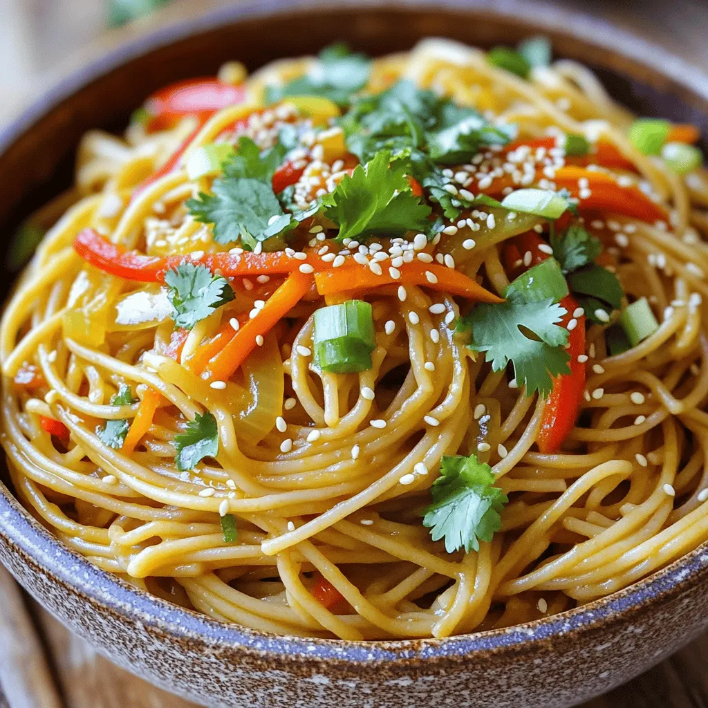 - 8 oz. whole wheat spaghetti or noodles of choice - 3 tablespoons sesame oil - 2 tablespoons soy sauce (or tamari for gluten-free) - 1 tablespoon chili paste (adjust to taste) - 1 teaspoon grated fresh ginger - 2 garlic cloves, minced - 2 tablespoons rice vinegar - 1 cup shredded carrots - 1 cup red bell pepper, thinly sliced - 1/2 cup green onions, sliced - 1 tablespoon sesame seeds To make spicy sesame noodles, gather these main ingredients. Whole wheat spaghetti gives a nice texture. Sesame oil adds rich flavor, while soy sauce brings saltiness. Chili paste gives the dish its kick. Fresh ginger and garlic enhance the aroma. Rice vinegar balances the flavors well. You can use colorful veggies like carrots and bell peppers for crunch and nutrition. Green onions add a fresh touch, and sesame seeds provide a nutty finish. - 1 tablespoon honey or agave syrup - Fresh cilantro for garnish You can sweeten the sauce with honey or agave syrup. This adds a nice contrast to the spice. Fresh cilantro makes a great garnish too. It adds color and a burst of flavor. If you have dietary needs, consider swapping ingredients. For example, use gluten-free noodles or different veggies. This recipe is flexible, so feel free to make it your own! To cook the noodles perfectly, bring a large pot of salted water to a boil. Add the noodles and cook them as directed on the package. Aim for al dente, which means they should be firm yet tender. After cooking, drain the noodles in a colander. Rinse them under cold water. This stops the cooking and cools them down quickly. It also helps prevent sticking. In a mixing bowl, combine the sesame oil, soy sauce, and chili paste. Whisk these together until mixed well. You can adjust the chili paste for spice. If you like it hot, add more. If you prefer it milder, use less. Heat a skillet over medium heat. Add a drizzle of sesame oil. Once hot, toss in the shredded carrots and red bell pepper. Sauté these for about 3-4 minutes. You want them tender but still crisp. This step adds flavor and texture. Now, add the cooked noodles to the skillet with the sautéed veggies. Pour the sauce over everything. Toss the noodles and veggies together. Make sure every noodle gets coated in that delicious sauce. Heat everything through for a few minutes. Stir in the sliced green onions and sprinkle sesame seeds on top before serving. This adds a nice crunch and flavor. For a nice look, arrange the dish in a bowl or plate. Garnish with fresh cilantro if you like. Serve warm for the best taste. To cook noodles well, start with a large pot. Use enough water and add salt. This adds flavor. Boil the water before adding your noodles. Cook until they are al dente. This means they should be firm but not hard. Drain the noodles and rinse them in cold water. This stops the cooking and helps prevent sticking. To keep the noodles from sticking, toss them with a little sesame oil after rinsing. This adds flavor too! Make sure to stir them occasionally while cooking. This keeps them separated and helps them cook evenly. To boost flavor, think about adding fresh herbs. Chopped cilantro adds a fresh taste. A sprinkle of crushed red pepper can add more heat. You can also try adding lime juice for a zesty kick. Adjust the sauce to fit your taste. If you want it sweeter, add more honey or agave syrup. For more heat, increase the chili paste. Taste as you go to find the right balance for you. Spicy sesame noodles pair well with many sides. Try serving them with grilled chicken or tofu for protein. A crunchy cucumber salad or steamed broccoli works well too. Serve the noodles warm, but they can also be great cold. They make a fun picnic dish! For best taste, eat them right after cooking. The flavors are freshest this way. {{image_2}} If you need gluten-free options, choose tamari instead of soy sauce. You can also swap out the noodles for rice noodles or quinoa noodles. Both options work well with the sauce and keep the dish gluten-free. For a vegan twist, replace honey with agave syrup. This keeps the sweet flavor without using animal products. You can also check for vegan soy sauce to make sure the dish fits your diet. You can change up the veggies based on what you like. Try adding broccoli, snap peas, or bell peppers for extra crunch and flavor. These swaps can bring new tastes and colors to your plate. Noodle variations can also change the dish's texture. Whole wheat spaghetti gives a hearty bite. Rice noodles are lighter and soak up the sauce well. Each type offers a unique experience in every bite. Spicy sesame noodles have many regional styles. In Asian cultures, you might find different sauces or spice levels. Some recipes use peanut sauce or miso, adding depth and richness. The level of heat can also change based on cuisine. For a milder dish, reduce the chili paste. If you want more heat, add extra. Adjusting the spice lets you explore flavors from different culinary backgrounds. To store leftovers, let the noodles cool down first. Place them in an airtight container. This keeps them fresh and tasty. You can store them in the fridge for up to three days. If you wait longer, they may lose their flavor and texture. Freezing spicy sesame noodles is easy. First, cool them completely. Then, portion them into meal-sized servings. Use freezer-safe containers or bags to avoid freezer burn. Squeeze out any extra air before sealing. You can freeze them for up to one month. When ready to eat, thaw them overnight in the fridge. Reheat noodles gently to keep their texture. The best method is using a skillet. Heat a little sesame oil over low heat. Add noodles and stir until warmed through. This usually takes about 5 to 7 minutes. You can also microwave them. Use a damp paper towel to cover the bowl. Heat in short bursts, stirring in between. Aim for a temperature of 165°F for safe eating. To change the spice level, you can add or reduce the chili paste. Start with one tablespoon for mild heat. If you want more spice, add another teaspoon. You can also add chili flakes for extra heat. For a milder dish, skip the chili paste or use a sweet sauce instead. Tasting as you go helps find the right level for you. Yes, you can make spicy sesame noodles ahead of time. Cook the noodles and sauté the veggies as usual. Then, store them separately in the fridge. Make the sauce and keep it in a jar. Combine everything just before serving. This keeps the noodles fresh and the veggies crisp. You can enjoy this dish warm or cold. Serve your spicy sesame noodles warm in a large bowl. Top with sliced green onions and sesame seeds for a nice touch. You can add fresh cilantro for flavor and color. Pair them with grilled chicken or tofu for protein. They taste great with a side of steamed broccoli or snap peas. Many local Asian restaurants serve spicy sesame noodles. Look for places that offer Sichuan or Chinese dishes, as they often have this item. Some ramen shops may also feature spicy noodle dishes. Check online reviews or ask friends for recommendations. You might find a hidden gem in your area! This article breaks down how to make spicy sesame noodles. You learned about the key ingredients, cooking methods, and tips for the best flavor. Remember, you can customize the dish with different veggies or sauces. Storing leftovers is easy, and you can even freeze them! Enjoy making this simple yet delicious recipe that fits any meal. Keep experimenting to find your perfect version. Happy cooking!