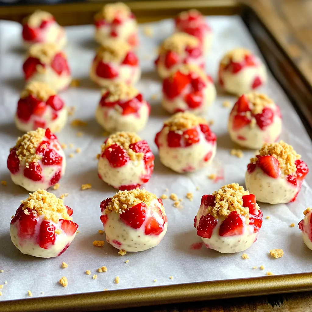 To make Strawberry Cheesecake Protein Bites, gather these simple ingredients: - 1 cup rolled oats - 1/2 cup vanilla protein powder - 1/4 cup almond flour - 1/2 cup cream cheese, softened - 1/2 cup fresh strawberries, diced - 1/4 cup honey or maple syrup - 1 teaspoon vanilla extract - 1/4 teaspoon salt - 1/4 cup crushed graham crackers (optional, for topping) Each protein bite packs a great mix of nutrients. Here’s a rough breakdown: - Calories: About 90 per bite - Protein: 5 grams - Carbs: 12 grams - Fats: 3 grams - Fiber: 1 gram These bites give you energy and protein without excess sugar. They are great for a snack or after a workout. When choosing your ingredients, here are some brands I trust: - Protein Powder: Opt for brands like Whey Protein Isolate or Garden of Life for plant-based options. - Almond Flour: Bob's Red Mill offers a fine almond flour great for baking. - Cream Cheese: Look for Philadelphia for classic taste or Kite Hill for a dairy-free version. Using these brands can enhance the flavor and texture of your bites. To make Strawberry Cheesecake Protein Bites, gather your ingredients first. You need rolled oats, protein powder, almond flour, cream cheese, fresh strawberries, honey or maple syrup, vanilla extract, salt, and optional graham crackers. This recipe takes just 15 minutes to prep and yields 12 bites. Start by taking a large mixing bowl. Add 1 cup of rolled oats, 1/2 cup of vanilla protein powder, 1/4 cup of almond flour, and 1/4 teaspoon of salt. Mix these dry ingredients well until they are fully blended. This step ensures that each bite has a nice balance of flavors and protein. Now, take another bowl and put in 1/2 cup of softened cream cheese. Add 1/4 cup of honey or maple syrup, 1/2 cup of diced fresh strawberries, and 1 teaspoon of vanilla extract. Mix these ingredients until the mixture is smooth. This creamy blend gives the protein bites their cheesecake flavor. Gradually mix the wet ingredients into the dry bowl. Stir well until everything combines into a sticky dough. Next, use your hands to form bite-sized balls, about 1 inch in diameter. Place them on a parchment-lined baking sheet. If you want, sprinkle crushed graham crackers on top for extra taste. Once done, refrigerate the bites for at least 30 minutes. This helps them firm up, making them easy to enjoy. To get the best texture, mix the oats, protein powder, almond flour, and salt well. This base is key. When you mix the wet ingredients, make sure the cream cheese is soft. It blends better if it's at room temperature. If the dough feels too dry, add a bit more honey or maple syrup. If it's too wet, add a little more almond flour. The right balance makes the bites chewy yet firm. If you're gluten-free, use certified gluten-free oats. For a dairy-free option, swap cream cheese for dairy-free cream cheese. You can also use nut butter instead of cream cheese for a nutty twist. To lower sugar, try a sugar substitute in place of honey or maple syrup. These swaps keep the flavor delicious while meeting your needs. Store your protein bites in an airtight container in the fridge. They last about a week. For longer storage, freeze them for up to three months. Just thaw them in the fridge before eating. You can enjoy them cold or let them sit at room temperature. Reheating isn't needed, but a quick 10 seconds in the microwave can warm them up if you prefer. {{image_2}} You can add many fruits to your Strawberry Cheesecake Protein Bites. Try blueberries, raspberries, or even bananas. Each fruit brings a new flavor. You can mix and match until you find your favorite. Just keep the fruit diced small. This way, every bite is tasty and sweet. You have options for protein powder. While vanilla works well, try chocolate or strawberry flavors. Each type changes the taste slightly. If you prefer plant-based options, choose pea or brown rice protein. These options still give you a yummy treat. A chocolate drizzle is a fun way to dress up your bites. Melt dark chocolate and drizzle it on top. You can also use white chocolate for a sweeter touch. If you want a crunch, add crushed nuts or coconut flakes. These toppings make your bites even more appealing. Store your Strawberry Cheesecake Protein Bites in an airtight container. This keeps them fresh and tasty. Place the container in the fridge. Enjoy your bites within a week. This helps maintain the flavor and texture. If you notice any moisture, it is time to toss them. You can freeze these bites for later! First, lay them flat on a baking sheet. Freeze them for about an hour until firm. Then, transfer them to a freezer-safe bag or container. They can last for up to three months in the freezer. When you're ready to eat, thaw them in the fridge overnight. These bites are best fresh, but they last well in the fridge. If they are stored properly, they stay good for about a week. Look for any signs of spoilage. If they smell sour or change color, do not eat them. Always trust your senses to keep your snacks safe. Yes, you can use frozen strawberries. Just make sure to thaw and chop them first. Frozen strawberries can work well, but they may add extra moisture. Drain any excess juice before mixing. Each protein bite has about 100 calories. This can vary based on the ingredients you use. If you want to lower calories, you can adjust the honey or cream cheese amount. Absolutely! Doubling the recipe is easy. Just use double the amount of each ingredient. This way, you can make 24 bites instead of 12. Perfect for sharing or meal prep! Yes, these bites are great for meal prep. You can make them ahead of time and store them. Keep them in the fridge for up to a week. They make a quick snack or post-workout treat! If you want a substitute for cream cheese, try Greek yogurt. It has a similar texture and adds protein. You can also use cottage cheese for a lower-fat option. Just blend it well for a smooth mix. You now have all you need to make delicious strawberry cheesecake protein bites. We covered the key ingredients, important steps, and helpful tips for perfect texture. Variations let you customize these bites to your taste. Remember to store them properly for the best flavor. Whether for snacks or meal prep, these bites are a great choice. Enjoy your tasty and nutritious creation!
