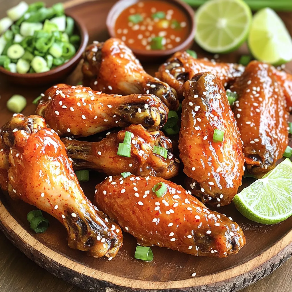 - 2 lbs chicken wings - 1 cup sweet chili sauce - 2 tablespoons soy sauce - 1 tablespoon grated fresh ginger - 3 cloves garlic, minced - 1 tablespoon sesame oil - 2 tablespoons honey - 1 teaspoon red pepper flakes - Salt and pepper to taste - Garnish: sesame seeds and chopped green onions - Additional sweet chili sauce for glazing - Lime slices for presentation The first step in making sweet chili chicken wings is gathering your ingredients. You will need two pounds of chicken wings. This will serve about four people, making it perfect for a get-together. Next, the sweet chili sauce adds a nice balance of sweetness and heat. You will use one cup for the wings. Soy sauce brings umami flavor, so grab two tablespoons. Fresh ginger adds a fragrant note, so use one tablespoon of grated ginger. You will also need three cloves of minced garlic for depth. Sesame oil gives a nutty taste. Use one tablespoon, and for sweetness, grab two tablespoons of honey. If you like heat, add one teaspoon of red pepper flakes. Adjust this to your taste. Lastly, season with salt and pepper. For garnish, sesame seeds and chopped green onions add color and crunch. They make the wings look great and taste even better. You can also use extra sweet chili sauce for glazing if you want a sticky finish. Lime slices can brighten the dish and look nice on the plate. Now that you have the ingredients, you’re ready to make these tasty wings! - Rinse and dry the chicken wings. - Place wings in a large mixing bowl. To start, you need to rinse the chicken wings under cold water. This helps remove any residue. After rinsing, pat them dry with paper towels. This step is key for achieving crispy skin. Once dried, put the wings in a large mixing bowl. This bowl will help you mix everything later. - Combine sweet chili sauce, soy sauce, ginger, garlic, sesame oil, honey, red pepper flakes, salt, and pepper. Now it's time to make the marinade. In a separate bowl, mix together the sweet chili sauce and soy sauce. Add in the grated ginger and minced garlic for flavor. Then, pour in the sesame oil and honey. The honey adds a nice touch of sweetness. Next, sprinkle in red pepper flakes, salt, and pepper. Stir everything until well combined. This marinade will pack your wings with flavor! - Pour marinade over the wings and refrigerate. - Preheat the oven and prepare the baking sheet. - Bake and flip wings for optimal crispiness. - Glaze wings before serving. Next, pour the marinade over the chicken wings. Toss the wings well to coat them evenly. Cover the bowl with plastic wrap and refrigerate. You should let them marinate for at least one hour. If you can wait overnight, the flavor will be even better! While the wings are marinating, preheat your oven to 400°F (200°C). Line a baking sheet with aluminum foil. Place a wire rack on top of the baking sheet. This setup allows the heat to circulate around the wings. After marinating, arrange the wings on the wire rack. This keeps them from sitting in their juices. Bake the wings for 40-45 minutes. Don’t forget to flip them halfway through. This helps them to crisp up nicely on both sides. For an extra sticky glaze, toss the wings in a small bowl with some more sweet chili sauce just before serving. This step makes them shiny and even more delicious! To get great wings, use a wire rack. This lets hot air flow all around the wings. It helps them cook evenly. Bake your wings at 400°F (200°C) for the best results. This high heat makes them golden and crispy. Marinate your chicken wings overnight if you can. This lets the flavors soak in deep. Cover the wings tightly with plastic wrap while marinating. This keeps the wings moist and full of flavor. For serving, sprinkle sesame seeds on top of the wings. Chopped green onions add a fresh taste and color. Serve the wings on a large platter. A small bowl of sweet chili sauce on the side makes a great dip. Adding lime slices around the platter gives a nice pop of color. {{image_2}} To add more heat to your wings, adjust the red pepper flakes. Start with one teaspoon. If you like it hot, add more! You can also include Sriracha for a spicy kick. Mix it into the marinade before adding it to the wings. This adds flavor and a nice fiery taste. For an Asian twist, add green onions to your marinade. Chop them finely and mix them in. This adds a fresh taste that pairs well with the sweet chili sauce. After cooking, sprinkle sesame seeds and fresh herbs as a garnish. It makes your wings look pretty and adds a nice crunch. You can grill the wings for a smoky flavor. Preheat the grill, then cook the wings until they are crispy and charred. If you want a quicker method, try an air fryer. It cooks wings fast and makes them super crispy. Just set it to 400°F and cook for about 25 minutes, flipping halfway through. To keep your leftover chicken wings fresh, place them in an airtight container. This helps to lock in moisture and flavor. Always cool the wings to room temperature before storing them. If you want to enjoy the wings later, store them within two hours of cooking. - Store in an airtight container. - Cool to room temperature first. - Use within 3 to 4 days for best taste. You can freeze both cooked and uncooked wings. If you freeze cooked wings, let them cool first. Then, wrap them tightly in plastic wrap and place them in a freezer bag. For uncooked wings, marinate them first, then freeze. - Cooked wings: cool, wrap, and bag. - Uncooked wings: marinate, then freeze. - Use frozen wings within 3 months. When you're ready to use frozen wings, thaw them in the fridge overnight. You can also place them in cold water for faster thawing. You can reheat chicken wings in the oven or microwave. The oven is best for keeping wings crispy. Preheat it to 375°F (190°C) and place wings on a baking sheet. Bake for about 10-15 minutes. - Oven reheating: 375°F for 10-15 minutes. - Microwave reheating: 1-2 minutes. If you use the microwave, the wings might become soft. To avoid this, cover them with a damp paper towel while reheating. This keeps them moist. Enjoy your wings! You can marinate chicken wings for at least 1 hour. I prefer to marinate them overnight. This longer time helps the flavors soak in better. The meat becomes tender and full of taste. If you're short on time, an hour is enough, but more time is better. Yes, you can use frozen wings. Just make sure to thaw them first. Place them in the fridge overnight or in cold water for a quicker thaw. Cook them directly from frozen can lead to uneven cooking. Always check that they reach an internal temperature of 165°F for safe eating. Sweet chili chicken wings pair well with many sides. Here are some ideas: - Coleslaw: The crunch balances the wings' sweetness. - Rice: Steamed jasmine or sticky rice works great. - Veggie sticks: Carrots and celery add a nice crunch. - Dipping sauces: Extra sweet chili sauce or ranch dressing can add to the fun! These sides can enhance your meal and make it more enjoyable. This blog post covered everything you need to make sweet chili chicken wings. We discussed the key ingredients, step-by-step cooking instructions, and helpful tips for crispiness. Variations bring even more flavor, and storage info helps keep leftovers fresh. With these clear steps, you can create tasty wings at home. Don't be afraid to experiment with flavors or presentation. Enjoy your crispy, sweet chili wings!