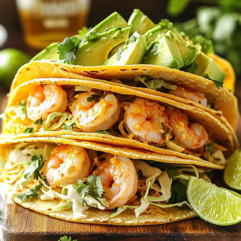 To create these Spicy Garlic Butter Shrimp Tacos, you need to gather your ingredients. Here’s what you will need: - Large shrimp: 1 lb (450g), peeled and deveined - Unsalted butter: 4 tablespoons - Garlic: 4 cloves, minced - Red chili flakes: 1 teaspoon (adjust for heat preference) - Smoked paprika: 1 teaspoon - Lime juice: Juice of 1 lime - Salt and pepper: To taste - Tortillas: 8 small corn or flour - Shredded cabbage: 1 cup - Avocado: 1, sliced - Fresh cilantro: For garnish - Lime wedges: For serving Each ingredient plays a big role. The shrimp gives the tacos a sweet and savory flavor. Butter adds richness, while garlic brings a nice kick. The red chili flakes give it heat, and smoked paprika adds depth. Lime juice brings brightness, making each bite fresh. Tortillas are the base. You can choose corn or flour based on your taste. Cabbage adds crunch, and avocado provides creaminess. Cilantro adds a fresh note, and lime wedges give a zesty finish. These ingredients make a fun, tasty meal. They are easy to find, and you can adjust them to fit your taste. How do I season the shrimp? Start by taking your shrimp. Place them in a bowl. Add salt, pepper, smoked paprika, and lime juice. Mix well to coat each shrimp. How do I marinate the shrimp? Let the shrimp sit for about 10 minutes. This allows the flavors to soak in. How do I melt the butter? Grab a large skillet and heat it over medium. Add the unsalted butter and let it melt slowly. What goes in the sauce? Once the butter melts, add minced garlic and red chili flakes. Stir it for 1-2 minutes. Be careful not to brown the garlic. How long do I cook the shrimp? Increase the heat to medium-high. Add the marinated shrimp to the skillet. Cook each side for about 2-3 minutes. Look for pink and opaque shrimp. What are tips on avoiding overcooking? Keep an eye on the shrimp. Remove them from heat as soon as they turn pink. Overcooking makes them tough. How do I heat the tortillas? While the shrimp cooks, heat another skillet on low. Place the tortillas in the skillet. Warm each side for about 30 seconds until they become soft. How do I layer the ingredients? Take a tortilla and place a layer of shredded cabbage. Add several shrimp on top. Finish with avocado slices and fresh cilantro. What are some presentation tips? Stack the tacos neatly on a wooden board. Arrange lime wedges around the tacos for color. A sprinkle of chopped cilantro adds freshness. To cook shrimp just right, focus on timing. Shrimp cooks fast. In a skillet, heat your pan to medium-high before adding shrimp. Cook each side for about 2-3 minutes. Look for that lovely pink color. When shrimp turns opaque, they are done. Overcooking makes them tough. Trust me, you want them tender, not rubbery. Want more heat? Add more red chili flakes. You can sprinkle in a bit more while cooking. If you prefer it milder, use less. Adjusting spice levels makes this dish fit your taste. Play around with it until you find your perfect heat. It’s all about what you enjoy. Boost the flavor with extra ingredients. Try adding a pinch of cumin or a splash of hot sauce. You can also mix in some lime zest for a fresh kick. Fresh herbs like cilantro brighten the dish. Explore different spices to see what you love most. Each tweak can make your tacos unique! {{image_2}} You can swap shrimp for other proteins. Fish works well, especially white fish like tilapia. Chicken also shines in these tacos. Just grill or sauté it until cooked. If you prefer plant-based options, try marinated tofu or jackfruit. These options keep the flavor while changing the texture. Choosing the right tortilla adds to your taco. Corn tortillas are classic and have great flavor. They also hold up well with fillings. Flour tortillas are softer and more pliable. They work nicely if you like a chewy bite. Both options are tasty, so pick what you enjoy most. Toppings can make your tacos even better. Pico de gallo adds fresh flavor and crunch. You can also use crema for creaminess. Other ideas include pickled red onions or sliced jalapeños. Each topping gives a new twist, so feel free to mix and match! To store leftover shrimp, place it in an airtight container. Refrigerate it within two hours of cooking. The shrimp stays fresh for up to three days. Make sure it is not left out at room temperature for long. This keeps harmful bacteria from growing. When reheating shrimp, the best method is gentle heat. You can use a skillet over low heat. Add a splash of water or broth to keep it moist. Heat for about five minutes, stirring gently. Avoid using a microwave, which can make shrimp tough and chewy. If you want to freeze leftovers, first let the shrimp cool completely. Place it in a freezer-safe bag or container. Remove as much air as possible to prevent freezer burn. Shrimp can be frozen for up to three months. When ready to eat, thaw in the fridge overnight before reheating. Yes, you can prep some parts early. Cook the shrimp fresh for the best taste. However, you can marinate the shrimp up to 2 hours ahead. Just cover it and keep it in the fridge. Warm the tortillas just before serving for the best texture. These shrimp tacos pair well with many sides. Here are some tasty options: - Mexican rice - Black beans - Grilled corn on the cob - A fresh green salad These sides will add color and flavor to your meal. Making aioli is simple! Here’s a quick version: - 1 cup mayonnaise - 2 cloves garlic, minced - Juice of 1 lemon - Salt to taste Mix it all together for a creamy dip. If you want, add herbs for more flavor. Yes, you can make this recipe gluten-free. Use corn tortillas instead of flour. Check the labels on your ingredients to ensure they are gluten-free. This way, everyone can enjoy these tasty tacos. In this post, I covered how to make Spicy Garlic Butter Shrimp Tacos. We discussed the ingredients, preparation steps, and tips for perfect shrimp texture. I also shared ways to customize your tacos and how to store leftovers. You have the tools to create delicious tacos at home. Remember, it’s all about fresh shrimp and flavors. Enjoy experimenting with spices and toppings to make each dish unique!