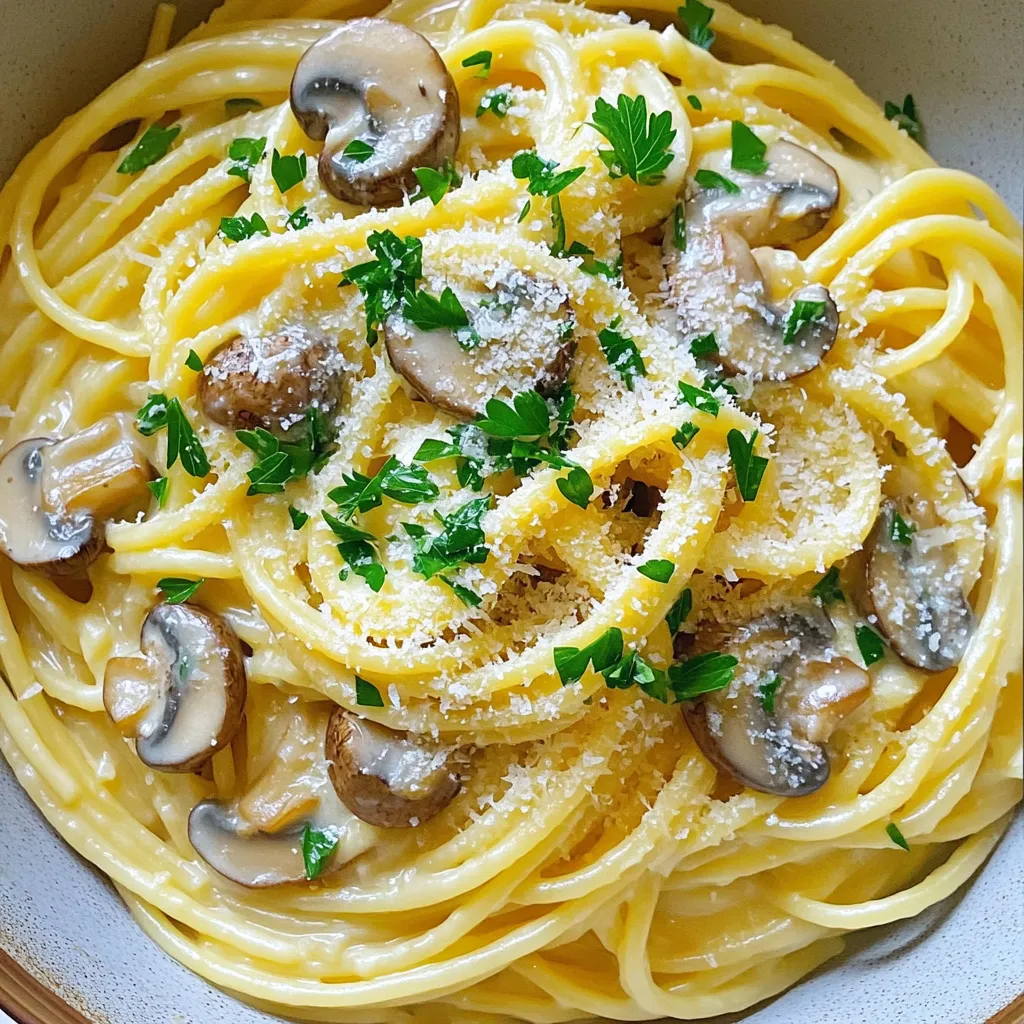 Here’s what you need for your creamy garlic mushroom pasta. Gather these ingredients to get started. - 200g spaghetti or your pasta of choice - 250g mushrooms, sliced (button or cremini) - 3 cloves garlic, minced - 1 cup heavy cream - 1 tablespoon olive oil - 1 tablespoon unsalted butter - 1/2 teaspoon dried Italian herbs (or fresh, if available) - Salt and pepper to taste - Fresh parsley, chopped (for garnish) - Grated Parmesan cheese (for serving) Each ingredient plays a key role in making this dish rich and tasty. You can choose any pasta you like, but spaghetti is a great choice. For mushrooms, button or cremini work best, adding depth to the flavor. Don’t skip the garlic; it gives the dish its fantastic aroma. The heavy cream makes the sauce rich and smooth. Olive oil and butter help sauté the mushrooms, making them golden and delicious. Italian herbs add a nice touch, while salt and pepper balance the flavors. You can garnish with fresh parsley and Parmesan cheese for an extra pop. This simple set of ingredients creates a dish that feels fancy yet is quick to make. Start by boiling salted water in a large pot. Use about 1 tablespoon of salt for every 4 quarts of water. Once the water is boiling, add 200g of spaghetti or your pasta of choice. Cook it according to the package instructions until you reach al dente. Al dente means the pasta should be firm to the bite. This gives the perfect texture for our dish. Before you drain the pasta, reserve about 1/2 cup of that starchy pasta water. This water helps to create a creamy sauce later. After reserving, drain the pasta and set it aside. Now, let’s sauté the mushrooms! In a large skillet, heat 1 tablespoon of olive oil and 1 tablespoon of unsalted butter over medium heat. When the butter melts, add 250g of sliced mushrooms. Stir them gently and let them cook for about 5 minutes. You want them to turn golden brown. This color means they’re flavorful. Don’t rush this step. It builds the base of your dish. Next, you’ll add 3 cloves of minced garlic to the skillet with the mushrooms. Lower the heat to medium-low and sauté for 1 to 2 minutes. You want the garlic to smell good but not burn. After that, pour in 1 cup of heavy cream. Stir it well to mix with the mushrooms and garlic. Add 1/2 teaspoon of dried Italian herbs, and season the mixture with salt and pepper. Let this simmer for about 2 to 3 minutes. You’ll know the sauce is ready when it thickens slightly. Now it’s time to combine everything! Add the drained pasta to the skillet and toss it gently in the creamy sauce. This step is key; you want every piece of pasta coated. If the sauce feels too thick, add a little of the reserved pasta water. Do this slowly until you reach the perfect consistency. The sauce should cling to the pasta without being too runny. Once everything is mixed, you’re ready to serve it up! To make your creamy garlic mushroom pasta even better, try adding more spices. Fresh thyme or rosemary adds a great touch. You might also sprinkle in some red pepper flakes for heat. These flavors brighten up the dish. To boost umami, consider using soy sauce or miso paste. Just a tiny bit can make a big difference. You can also add a splash of white wine while cooking the mushrooms. This adds depth and a rich flavor. Avoid common mistakes for smooth cooking. First, do not overcrowd the mushrooms in the pan. This keeps them from browning well. Instead, cook them in batches if needed. For faster cooking, prep all your ingredients before you start. Have everything ready to go. This saves time and helps you stay organized. Also, make sure your water is boiling before adding the pasta. This helps it cook evenly. Serve your pasta in wide bowls for a nice look. This makes the dish feel special. Before adding cheese and parsley, drizzle a little olive oil on top. It adds shine and flavor. To create a visually appealing plate, sprinkle fresh parsley evenly over the dish. Use a microplane to grate Parmesan cheese finely. This makes it look professional and tasty. Enjoy your meal! {{image_2}} You can easily make this dish vegetarian by skipping the meat. To make it vegan, swap the heavy cream with coconut cream or a nut-based cream. For gluten-free options, use gluten-free pasta made from rice or quinoa. These changes keep the dish tasty and friendly for different diets. If you want a lighter sauce, try using half-and-half or milk instead of heavy cream. You can also use a plant-based butter or olive oil for a lower-calorie option. These swaps keep the creamy texture while cutting down on fat. Want to add protein? Cooked chicken or shrimp works great. You can also throw in some fresh spinach, cherry tomatoes, or peas for extra veggies. Just add them when you sauté the mushrooms. This keeps the dish colorful and packed with nutrients. To store leftovers, let the pasta cool down. Place it in an airtight container. This keeps the pasta fresh. The dish stays good in the fridge for up to three days. Always check for any off smells before eating. If you want to freeze it, first cool the pasta completely. Then, put it in a freezer-safe container. Make sure to leave some space at the top. This allows the sauce to expand. You can freeze it for up to two months. When you’re ready to eat, take it out and thaw it in the fridge overnight. For reheating, use a skillet over low heat. Add a splash of water or cream to help it rehydrate. Stir often until it's warm. This keeps the pasta creamy and tasty. Creamy garlic mushroom pasta lasts about 3 to 5 days in the fridge. Keep it in an airtight container. Before eating, check for signs of spoilage. Look for changes in color or smell. If it smells sour or looks off, throw it away. Yes, you can make this dish in advance. Cook the pasta and sauce separately. Store them in the fridge until you are ready to eat. When you are ready, reheat the sauce gently. Toss the pasta in the sauce before serving. This method keeps the pasta from getting mushy. Pair this pasta with a fresh green salad for a light meal. Garlic bread is another great choice. For wine, try a light white wine like Sauvignon Blanc. It complements the creamy sauce well. You can also serve it with a light red wine like Pinot Noir. This blog post covered everything you need for creamy garlic mushroom pasta. You learned about ingredients, from pasta types to mushrooms. We went through cooking instructions, including how to sauté and create a rich sauce. I shared tips for flavor and presentation. You also saw dietary variations and storage tips. Ultimately, this dish is versatile and easy to make. Enjoy experimenting with it in your kitchen!