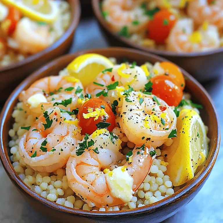 - 1 cup couscous - 1 pound shrimp, peeled and deveined - 4 tablespoons unsalted butter - 4 cloves garlic, minced - 1 lemon, zested and juiced - 1 teaspoon paprika - Salt and pepper to taste - 1 cup cherry tomatoes, halved - 1/4 cup fresh parsley, chopped - Optional: crushed red pepper flakes for heat - 2 cups vegetable broth - Cooking utensils like a skillet and saucepan - Serving bowls for the final dish When I make Minute Garlic Butter Shrimp Couscous Bowls, I focus on fresh ingredients. The couscous serves as a fluffy base. I use shrimp for protein and flavor. Unsalted butter gives a rich taste, while garlic adds depth. Lemon brightens the dish with zest and juice. For seasoning, paprika adds warmth. You can adjust salt and pepper to your taste. Cherry tomatoes bring sweetness and color. Fresh parsley adds a pop of green. If you like heat, crushed red pepper flakes are a great choice. Cooking essentials include vegetable broth to cook the couscous and utensils like a skillet. Good serving bowls help present this dish beautifully. Each ingredient plays a role in creating a lovely, tasty meal that comes together quickly. - Boiling the Vegetable Broth First, take a medium saucepan. Pour in 2 cups of vegetable broth. Set the heat to high and bring it to a boil. This step adds great flavor to the couscous. - Adding and Fluffing Couscous Once the broth is boiling, add 1 cup of couscous. Stir it well, then cover the pot and remove it from the heat. Let it sit for about 5 minutes. This allows the couscous to soak up the broth. After 5 minutes, fluff it with a fork to separate the grains. - Sautéing Garlic In a large skillet, set the heat to medium. Melt 2 tablespoons of unsalted butter. Add 4 minced garlic cloves and sauté for 1-2 minutes. Make sure not to let the garlic burn; it should smell fragrant. - Cooking the Shrimp Now, add 1 pound of peeled and deveined shrimp to the skillet. Season with lemon zest, 1 teaspoon of paprika, salt, and pepper. Cook for 2-3 minutes on each side. The shrimp should turn pink and be cooked through. Squeeze half a lemon's juice over the shrimp and stir in 1 cup of halved cherry tomatoes. Cook for another minute until the tomatoes soften. - Mixing Couscous and Shrimp In a large bowl, combine the fluffed couscous with the shrimp mixture. Add the remaining 2 tablespoons of butter and toss gently. This coats everything evenly and adds flavor. - Presentation Tips Serve the couscous bowls in individual bowls or on plates. Garnish with fresh parsley and extra lemon wedges for color. If you like heat, sprinkle with crushed red pepper flakes. Enjoy your beautiful dish! Fresh garlic gives the best taste. It has a bright, bold flavor. Dried garlic is good too but less strong. If you want easy use, try garlic powder. For a quick meal, I often choose fresh garlic. It adds depth to the butter. To ensure shrimp is cooked right, look for color. Cook shrimp until they turn pink. This usually takes about 2-3 minutes on each side. Do not overcook them, or they will be tough. It’s best to use a medium heat. This keeps the shrimp juicy and tender. Additions can make this meal even better. Consider tossing in some spinach or bell peppers for color and nutrition. You can also use fresh herbs like basil or cilantro. For a kick, sprinkle crushed red pepper flakes. These changes can boost flavor and make your dish unique. {{image_2}} You can swap couscous for quinoa. Quinoa has a nutty flavor and adds protein. Plus, it cooks fast! To make this change, follow the same steps. Use 1 cup of quinoa and 2 cups of vegetable broth. Bring the broth to a boil, add quinoa, stir, and let it sit. It absorbs the broth in about 15 minutes. Adding more veggies can boost nutrition and flavor. Try spinach, bell peppers, or zucchini. You can sauté them with the shrimp. Simply chop them small and add them to the skillet with the garlic. Cook until they soften but stay bright in color. Cherry tomatoes are great too! They add sweetness and color. Want more heat? Add crushed red pepper flakes. Sprinkle them in with the shrimp to make the dish spicy. Start with ¼ teaspoon and adjust to taste. If you prefer milder flavors, skip the pepper flakes. The dish still tastes great without them, thanks to the garlic and lemon. For leftover Minute Garlic Butter Shrimp Couscous Bowls, follow these steps for best results: - Cool the Dish: Let the bowls cool to room temperature before storing. - Use Airtight Containers: Transfer the leftovers to airtight containers. This helps keep them fresh. - Refrigerate: Store the containers in the fridge. They will stay good for 3 days. When you reheat your leftovers, you want them warm and tasty. Here’s how: - Stovetop Method: Heat a skillet on medium-low. Add a splash of broth or water. This keeps the shrimp moist. Stir often for even heating. - Microwave Method: Place in a microwave-safe bowl. Cover with a damp paper towel. Heat for one minute, then stir. Repeat until warm. Freezing is a great option if you want to save some for later. Here’s how to do it: - Prepare for Freezing: Cool the dish completely. This prevents ice crystals from forming. - Use Freezer Bags: Place the couscous and shrimp in freezer bags. Squeeze out as much air as possible before sealing. - Label and Date: Write the date on the bag. This helps you keep track of freshness. - Thawing: When ready to eat, transfer to the fridge overnight to thaw. Reheat using the tips above. It takes about 20 minutes to make these bowls. The prep time is just 10 minutes. You will spend the other 10 minutes cooking. 1. Prep Time: 10 minutes 2. Cooking Time: 10 minutes 3. Total Time: 20 minutes Yes, you can use frozen shrimp. Just be sure to thaw them first. To thaw, place shrimp in cold water for about 15-20 minutes. This will help them cook evenly. - Tip: Pat the shrimp dry with a paper towel before cooking. This helps them sear better in the pan. These bowls are great on their own, but you can add sides. Some good options include: - Garlic bread for a crunchy bite - A light salad to balance the meal - Steamed vegetables for extra color and nutrition These sides will make your meal more filling and fun! This blog post covered how to make delightful Garlic Butter Shrimp Couscous Bowls. We detailed key ingredients and easy cooking steps. The dish combines flavors from fresh shrimp, garlic, and lemon, topped with paprika and parsley. I shared tips to enhance the flavor and suggested ingredient swaps. Proper storage and reheating methods help keep leftovers fresh. This recipe is simple and can adapt to your taste. Enjoy making this delicious meal, and don’t hesitate to experiment with variations!