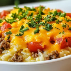 - 1 pound ground beef - 1 cup uncooked long-grain rice - 1 can (15 oz) diced tomatoes with green chilies - 1 teaspoon chili powder - 1 teaspoon cumin - 1 tablespoon olive oil - Fresh parsley When I make Cheesy Hamburger Rice Casserole, I love its simple yet tasty ingredients. Ground beef serves as the main protein. Long-grain rice adds heartiness and texture. Diced tomatoes with green chilies bring a nice kick and moisture. Seasonings really boost the flavor. I use chili powder for warmth and cumin for a rich, earthy taste. A bit of olive oil helps sauté the onions and garlic, enhancing the dish's depth. For a fresh touch, I often add parsley as a garnish. This adds color, and a hint of freshness that brightens up the dish. Feel free to skip it, but it’s a nice extra! {{ingredient_image_1}} 1. Sauté onions and garlic: Start by heating 1 tablespoon of olive oil in a large skillet over medium heat. Add 1 small diced onion. Cook for about 3-4 minutes until the onion turns soft and clear. This step adds a sweet flavor to your dish. Then, add 2 minced garlic cloves. Cook for 1 more minute until you smell the garlic. 2. Brown the ground beef: Next, add 1 pound of ground beef to the skillet. Season it with 1 teaspoon of chili powder, 1 teaspoon of cumin, salt, and pepper. Cook until the beef is brown and no longer pink, about 5-7 minutes. If there's extra fat, drain it away to keep your casserole light. 3. Combine rice, tomatoes, and beef broth: Stir in 1 cup of uncooked long-grain rice, 1 can of diced tomatoes with green chilies (drained), and 2 cups of beef broth. Bring this mixture to a boil over medium heat. Once it's boiling, lower the heat. Cover the skillet and let it simmer for about 15 minutes. This will cook the rice and soak up all the tasty flavors. 4. Stir in cheese and transfer to baking dish: After 15 minutes, check if the rice is tender. If it is, remove the skillet from the heat. Mix in 1 ½ cups of shredded cheddar cheese until it melts. Then, pour the mixture into a greased 9x13 inch baking dish. 5. Bake until golden and bubbly: Sprinkle the remaining ½ cup of cheddar cheese on top. Bake in a preheated oven at 350°F for 15-20 minutes. You want the cheese to be bubbly and slightly golden. Once done, take it out and let it cool for a few minutes. If you like, add some fresh parsley on top for a pop of color! To make sure your rice is cooked just right, follow a few simple steps. First, use long-grain rice, as it cooks evenly and absorbs flavors well. When you add the rice to the skillet with the beef, let it simmer with the broth and tomatoes. This helps the rice soak up all the yummy flavors. To avoid a dry casserole, keep an eye on the cooking time. Let it simmer for about 15 minutes, but check if the liquid is absorbed. If it seems dry, add a splash more broth. This keeps the dish moist and tasty. Want to kick up the flavor? You can add extra spices to the mix! Consider adding more chili powder or a dash of paprika for a smoky flavor. You could also throw in some chopped bell peppers or corn for a fun twist. Each addition brings its own flair to the dish. For cheese, I recommend using sharp cheddar for a bold taste. But feel free to mix in Monterey Jack or pepper jack for extra creaminess and a bit of heat. Blending different cheeses can create a rich, gooey layer on top. Pair your casserole with a fresh side salad. A simple green salad with vinaigrette balances the rich dish nicely. You can also serve it with garlic bread for a comforting meal. If you want something lighter, consider steamed veggies like broccoli or green beans. They add color and nutrients to your plate. Pro Tips Use Lean Ground Beef: Opt for lean ground beef to reduce excess fat and make the casserole healthier without sacrificing flavor. Add Veggies: Incorporate additional vegetables like bell peppers or corn for extra nutrition and color. Cheese Variations: Experiment with different types of cheese such as Monterey Jack or Pepper Jack for a unique flavor twist. Make Ahead: Prepare the casserole in advance and store it in the fridge. It can be baked straight from the refrigerator with just a few extra minutes of cooking time. {{image_2}} You can switch the ground beef for other proteins. I often use ground turkey or chicken. They have less fat but still taste great. Just cook them the same way as the beef. If you want a meatless option, plant-based grounds work well. They mimic the taste and texture of meat. This way, everyone can enjoy the dish! If you want to change up the rice, there are good choices. Brown rice adds fiber and a nutty flavor. Quinoa is another healthy option. It cooks quickly and packs protein. For a low-carb meal, try cauliflower rice. Just sauté it lightly before mixing it in. It keeps the dish light yet filling. Cheese is a big part of this casserole. You can use other types if you like. Mozzarella gives a nice stretch, while pepper jack adds spice. If you need a dairy-free option, look for plant-based cheese. Many brands melt well and taste good. You can easily find these in most stores. Choose what you love to make your dish even better! After making Cheesy Hamburger Rice Casserole, you can store leftovers easily. First, let the dish cool down to room temperature. Then, place the casserole in an airtight container. This helps keep it fresh. It will last in the fridge for about 3 to 4 days. Always check for any signs of spoilage before eating. If you want to keep the casserole longer, freezing is a great option. Cut the casserole into single servings. Wrap each piece tightly in plastic wrap. Then, place them in a freezer bag. Label the bag with the date. The casserole can stay in the freezer for up to 3 months. To enjoy it later, thaw it in the fridge overnight before reheating. For the best flavor and texture, reheat your casserole in the oven. Preheat the oven to 350°F (175°C). Place the casserole in a baking dish and cover it with foil. Heat for about 20 to 25 minutes until hot. If you use a microwave, put a portion on a microwave-safe plate. Cover it with a damp paper towel. Heat for 2 to 3 minutes, checking every 30 seconds to avoid overheating. Enjoy your meal just like fresh! Yes, you can prepare this dish in advance. To do this, cook the casserole up to the baking step. After mixing in the cheese, place it in a greased dish. Cover it with foil and store it in the fridge for up to 24 hours. When you’re ready to bake, just remove the foil and bake at 350°F for 20-25 minutes. This method saves time and makes weeknight dinners easier. If you want a different protein, you have options. Ground turkey or chicken works well. They have a lighter flavor but still taste great. For a vegetarian option, try plant-based meat alternatives. You can also use lentils or black beans for a hearty texture. These swaps keep your meal tasty and cater to various diets. To add some heat, consider these simple tips. First, increase the chili powder in the recipe. You can add a teaspoon more for a nice kick. Another option is to mix in diced jalapeños or sprinkle red pepper flakes on top. If you love hot sauce, drizzle it on before serving. These changes will spice up your casserole and excite your taste buds! This blog post covered how to make a delicious Cheesy Hamburger Rice Casserole. We explored key ingredients like ground beef, rice, and diced tomatoes. I shared tips for perfecting texture and enhancing flavor. You learned about easy variations and storage techniques to keep your dish fresh. In summary, this dish is versatile and simple to make. Enjoy experimenting with flavors and ingredients. Your next meal can be both tasty and quick to prepare!
