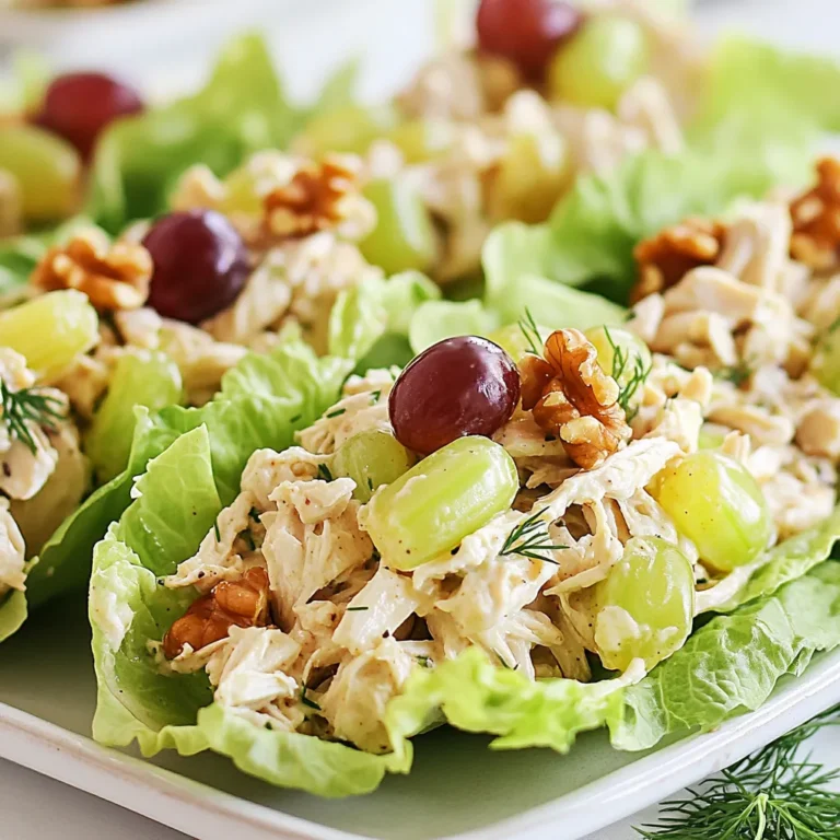 - 2 cups cooked chicken breast, shredded - 1 cup plain Greek yogurt - 1/2 cup celery, finely chopped - 1/3 cup red grapes, halved - 1/4 cup walnuts, chopped - 2 tablespoons Dijon mustard - 1 tablespoon honey - 1 tablespoon lemon juice - Salt and pepper to taste - 8-10 large lettuce leaves (such as romaine or butter lettuce) - Fresh dill for garnish (optional) You can swap the chicken for canned chicken. This saves time. If you want a vegan option, use chickpeas instead of chicken. Try using almond yogurt in place of Greek yogurt for a dairy-free option. For the nuts, sunflower seeds work great if you have nut allergies. You can also use green apples instead of grapes for a tart twist. This dish is not only tasty but also healthy. Each serving has about 250 calories. You get 25 grams of protein, which helps to keep you full. The salad has healthy fats from walnuts and Greek yogurt. It is also rich in vitamins and minerals from the celery and grapes. The lettuce wraps cut down on carbs, making this meal light and refreshing. {{ingredient_image_1}} Start by shredding two cups of cooked chicken breast. You can use leftover chicken or rotisserie chicken. Next, take a large bowl and add the chicken. Then, mix in one cup of plain Greek yogurt. This yogurt will make your salad creamy and tasty. Chop half a cup of celery and add it to the bowl. This adds a nice crunch. Halve one-third cup of red grapes and toss them in. The sweetness of the grapes balances the dish. Finally, chop a quarter cup of walnuts and add them for a nutty flavor. Mix everything well so each bite has a taste of all the ingredients. In a separate small bowl, combine two tablespoons of Dijon mustard, one tablespoon of honey, and one tablespoon of lemon juice. Add salt and pepper to taste. Whisk these ingredients together until smooth. This dressing adds a tangy flavor to the salad. Pour this mixture over the chicken salad you just made. Stir well to coat all the chicken and veggies. Taste your salad. If you want it creamier, add a bit more Greek yogurt. Adjust the seasoning if needed. Now it's time to wrap it all up! Take 8-10 large lettuce leaves, like romaine or butter lettuce. Place a generous scoop of the chicken salad in the center of each leaf. Fold the sides of the lettuce over the filling. Then, roll it up to form a wrap. You can serve these wraps right away for a fresh crunch. If you like, chill them in the fridge for about 20 minutes. This makes them nice and cold. For a touch of flair, garnish with fresh dill or extra grape halves before serving. Enjoy your delicious Greek yogurt chicken salad lettuce wraps! To make your chicken salad extra creamy, simply add more Greek yogurt. Start with one cup, then taste. If you want it creamier, mix in another half cup. This gives a rich texture and boosts flavor. You can also try adding a splash of cream for an even richer taste. You can enhance the flavor in many ways. First, add fresh herbs like dill or parsley. This brings a fresh taste. Second, try adding spices like smoked paprika or garlic powder for a nice kick. You can also swap out walnuts for pecans or almonds for a different crunch. Lastly, adding a squeeze of lemon juice brightens the flavor. Meal prep saves time and keeps meals fresh. Prepare the chicken salad in advance and store it in an airtight container. It will last for about three days in the fridge. If you want to keep the lettuce fresh, store it separately. When ready to eat, simply assemble your wraps. This way, you enjoy a crunchy wrap every time. Pro Tips Use Leftover Chicken: This recipe is perfect for using up leftover rotisserie or grilled chicken, making it a quick and economical meal option. Customize Your Ingredients: Feel free to substitute the grapes with apples or dried cranberries for a different flavor profile. Chill for Flavor: Chilling the chicken salad for at least 20 minutes allows the flavors to meld beautifully, enhancing the overall taste. Experiment with Herbs: Adding fresh herbs like parsley or basil can elevate the freshness of your wraps and add an aromatic touch. {{image_2}} You can make your Greek yogurt chicken salad even better by adding more veggies. Try diced bell peppers for crunch. Shredded carrots add sweetness and color. You can also use chopped cucumbers for a refreshing taste. Mix in a handful of spinach or kale for extra nutrients. Each veggie brings its own flavor and makes the salad more colorful. While chicken is great, you can switch up the protein. Use canned tuna or shredded turkey for a change. If you prefer plant-based options, try chickpeas or diced tofu. These swaps keep the salad tasty and interesting. You can also mix proteins for a unique twist. If you want to change the flavor, try different dressings. Swap Greek yogurt for avocado for a creamy texture. You can also use a vinaigrette made with olive oil and vinegar for a tangy note. Try adding a little sriracha or hot sauce for heat. These options let you customize the chicken salad to your taste. To store leftover Greek yogurt chicken salad, place it in an airtight container. Make sure to seal it tightly. This helps keep the salad fresh. It can last in the fridge for about 3 days. If you notice any change in smell or color, it’s best to discard it. I do not recommend freezing Greek yogurt chicken salad. The yogurt may separate when thawed. This can change the texture and taste of the salad. If you want to freeze chicken, do it before mixing with yogurt. Cooked chicken can be frozen for up to 4 months. Just let it cool, then pack it in a freezer-safe container. Serve the chicken salad in fresh lettuce leaves. This adds a nice crunch. If you want to prepare ahead, mix the chicken salad but keep it separate from the lettuce. Just assemble the wraps when you're ready to eat. This keeps the lettuce crisp. Garnish with fresh dill or extra grape halves for a colorful look. Yes, you can use canned chicken. It saves time and is easy to use. Just drain it well and shred it. Canned chicken adds a nice texture to your salad. However, fresh cooked chicken often tastes better. Romaine and butter lettuce are my favorites for wraps. They are large and sturdy. Their crisp texture adds a nice crunch. You can also try iceberg lettuce if you prefer. It holds the filling well and is refreshing. The chicken salad lasts about three to four days in the fridge. Store it in an airtight container for best results. Always check for any off smells or changes in texture before eating it. Yes, these wraps are naturally gluten-free. The main ingredients do not contain gluten. Just make sure your Dijon mustard and any other ingredients are also gluten-free. Enjoy these tasty wraps without worry! You learned about key ingredients, how to prepare chicken salad, and suggestions for storage. I shared tips for creaminess and meal prep to make the wraps even better. You can explore fun variations like extra veggies or different dressings. Remember, you can store leftovers for later and still enjoy fresh wraps. Use these ideas to create a tasty and healthy meal that fits your needs. The options are endless, so customize them as you like! Enjoy making your chicken salad wraps!