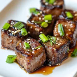 - 1 lb sirloin steak, cut into bite-sized cubes - 1/4 cup soy sauce - 1/4 cup brown sugar - 2 tablespoons honey - 2 cloves garlic, minced - 1 teaspoon ginger, grated - 1 tablespoon sesame oil - 1/2 teaspoon black pepper - 1 tablespoon cornstarch The main star here is the sirloin steak. This cut is tender and full of flavor. The marinade includes soy sauce, brown sugar, honey, garlic, ginger, sesame oil, and black pepper. Each adds its own taste, making the dish sweet and sticky. - 2 tablespoons green onions, sliced (for garnish) - Sesame seeds (for garnish) Green onions add a fresh taste and a nice crunch. Sesame seeds give a lovely look and a nutty flavor. Together, these garnishes enhance the dish's appeal. - Substitute for soy sauce: You can use tamari or coconut aminos for a gluten-free option. - Options for sweeteners: Maple syrup or agave nectar can replace brown sugar and honey for a different twist. If you want to switch things up, try these alternatives. Tamari works great for those avoiding gluten. Maple syrup brings a unique taste. Each choice offers a new layer of flavor. {{ingredient_image_1}} To make sweet and sticky steak bites, start with the marinade. In a large bowl, mix these ingredients: - 1/4 cup soy sauce - 1/4 cup brown sugar - 2 tablespoons honey - 2 cloves garlic, minced - 1 teaspoon ginger, grated - 1 tablespoon sesame oil - 1/2 teaspoon black pepper Stir the mix until the brown sugar dissolves. Add your steak cubes to the bowl. Toss them well to coat. Let the steak sit in the marinade for at least 30 minutes at room temperature. You can also marinate it in the fridge for up to 2 hours for more flavor. Next, heat your pan. Use a non-stick skillet or a cast-iron pan over medium-high heat. Add a little oil to keep the steak from sticking. When the pan is hot, take the steak cubes out of the marinade. Let the extra marinade drip off, but save it for later. Add the steak bites to the pan in a single layer. Cook each side for about 2-3 minutes until they are browned. Cook them to your liking. Now, it’s time to make the sauce. Remove the cooked steak bites from the skillet and set them aside. Add the reserved marinade to the same skillet. Add 1 tablespoon of cornstarch to it. Stir well and cook for 3-5 minutes. This will help the sauce thicken and become sticky. After the sauce thickens, return the cooked steak bites to the skillet. Toss them in the sauce until they are well-coated. Marinating your steak is key to great flavor. I always recommend marinating for at least 30 minutes. For the best taste, aim for 2 hours in the fridge. The longer it sits, the more flavor it absorbs. To enhance the flavor, mix the marinade well. Be sure the brown sugar dissolves fully. This will help create that sweet and sticky sauce later. You can also add a splash of lime juice for a zesty twist. Check your steak bites often to get the right doneness. I suggest cooking them for 2-3 minutes on each side. If you want them medium-rare, watch them closely. Overcooking will make them tough. Use a meat thermometer if you want to be exact. Aim for 130°F for medium-rare. Pair these steak bites with fluffy rice or crispy veggies. They also go well with mashed potatoes for a hearty meal. When serving, arrange them on a nice platter. Garnish with green onions and sesame seeds for a pop of color. A drizzle of extra sauce can make it look even more tempting! Pro Tips Marinate Longer for More Flavor: If time allows, marinate the steak bites for up to 2 hours in the refrigerator. This allows the flavors to penetrate the meat more deeply, resulting in a more flavorful dish. Use a Hot Pan: Make sure your skillet is adequately heated before adding the steak. A hot pan will give you a nice sear, enhancing the flavor and texture of the steak bites. Reserve Some Marinade: Keep a portion of the marinade aside before adding it to the skillet. This ensures you have extra sauce to drizzle over the finished dish for added flavor. Garnish for Presentation: Don’t skip the green onions and sesame seeds! They not only add a pop of color but also enhance the overall flavor and texture of the dish. {{image_2}} You can swap out sirloin steak for other cuts. Tenderloin works well, as it is lean and tender. Chicken is another great option. Use chicken breast for a lighter meal. Just cut the chicken into bite-sized pieces like the steak. Want some heat? Add spices or hot sauce to the marinade. A pinch of red pepper flakes can bring a nice kick. You can also add herbs and spices like rosemary or cilantro for extra flavor. These can change the taste and make the dish even more exciting. If you need gluten-free options, use tamari instead of soy sauce. This swap keeps the flavor while fitting your diet. For a low-sugar version, replace brown sugar with a low-calorie sweetener. This way, you can enjoy the sweet taste without the extra sugar. To keep your sweet and sticky steak bites fresh, place them in an airtight container. This helps keep moisture in and air out. If you store them in the fridge, they will last for about 3 to 4 days. Make sure they cool down before sealing the container. This prevents steam buildup, which can make them soggy. When it's time to enjoy the leftovers, you have a couple of options. You can use a microwave for a quick heat-up. Just place the steak bites in a microwave-safe dish and cover it. Heat in short bursts, checking often to avoid tough meat. Alternatively, use a skillet on low heat. This method helps keep the flavor and texture. Add a splash of water or leftover sauce to keep them moist. If you want to save some for later, freezing is a great option. Lay the steak bites on a baking sheet in a single layer. Freeze them for about 1 to 2 hours until firm. Then, transfer them to a freezer-safe bag. They can last for up to 3 months in the freezer. When you're ready to eat, thaw them in the fridge overnight. You can reheat them in a skillet or microwave, just like before. For sweet and sticky steak bites, I recommend using sirloin steak. Sirloin is tender and flavorful. It cooks well and absorbs the marinade nicely. Other good options are tenderloin or flank steak. These cuts also give tasty results and work well in recipes like this. Yes, you can make the marinade ahead of time. Mix all the ingredients in a bowl. Store it in the fridge for up to three days. This makes it easier to prepare your dish. Just add the steak when you're ready to cook. Steak bites pair well with many sides. Popular options include rice, mashed potatoes, or steamed veggies. You can also serve them with a fresh salad. The flavors combine well and make for a balanced meal. Try some garlic bread for a fun twist! You’ve learned how to make sweet and sticky steak bites, from choosing the right sirloin to enhancing flavors. We discussed marinating and cooking methods that bring out the best taste. Remember to experiment with different meats and spice levels for a personal touch. Proper storage can keep leftovers fresh, ensuring every bite is delicious. Keep these tips in mind for a great meal every time. Enjoy the process, and happy cooking!