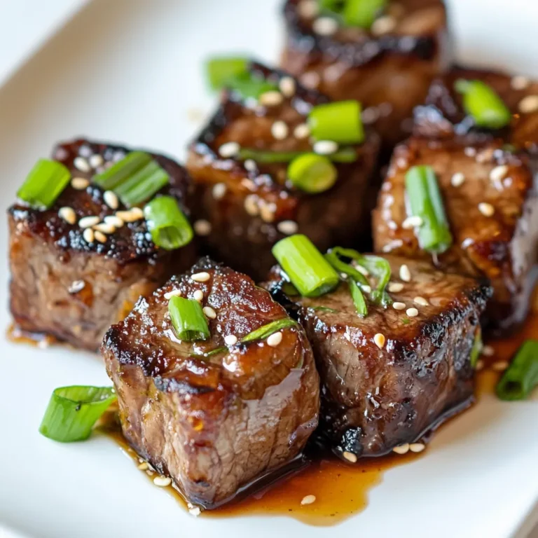 - 1 lb sirloin steak, cut into bite-sized cubes - 1/4 cup soy sauce - 1/4 cup brown sugar - 2 tablespoons honey - 2 cloves garlic, minced - 1 teaspoon ginger, grated - 1 tablespoon sesame oil - 1/2 teaspoon black pepper - 1 tablespoon cornstarch The main star here is the sirloin steak. This cut is tender and full of flavor. The marinade includes soy sauce, brown sugar, honey, garlic, ginger, sesame oil, and black pepper. Each adds its own taste, making the dish sweet and sticky. - 2 tablespoons green onions, sliced (for garnish) - Sesame seeds (for garnish) Green onions add a fresh taste and a nice crunch. Sesame seeds give a lovely look and a nutty flavor. Together, these garnishes enhance the dish's appeal. - Substitute for soy sauce: You can use tamari or coconut aminos for a gluten-free option. - Options for sweeteners: Maple syrup or agave nectar can replace brown sugar and honey for a different twist. If you want to switch things up, try these alternatives. Tamari works great for those avoiding gluten. Maple syrup brings a unique taste. Each choice offers a new layer of flavor. {{ingredient_image_1}} To make sweet and sticky steak bites, start with the marinade. In a large bowl, mix these ingredients: - 1/4 cup soy sauce - 1/4 cup brown sugar - 2 tablespoons honey - 2 cloves garlic, minced - 1 teaspoon ginger, grated - 1 tablespoon sesame oil - 1/2 teaspoon black pepper Stir the mix until the brown sugar dissolves. Add your steak cubes to the bowl. Toss them well to coat. Let the steak sit in the marinade for at least 30 minutes at room temperature. You can also marinate it in the fridge for up to 2 hours for more flavor. Next, heat your pan. Use a non-stick skillet or a cast-iron pan over medium-high heat. Add a little oil to keep the steak from sticking. When the pan is hot, take the steak cubes out of the marinade. Let the extra marinade drip off, but save it for later. Add the steak bites to the pan in a single layer. Cook each side for about 2-3 minutes until they are browned. Cook them to your liking. Now, it’s time to make the sauce. Remove the cooked steak bites from the skillet and set them aside. Add the reserved marinade to the same skillet. Add 1 tablespoon of cornstarch to it. Stir well and cook for 3-5 minutes. This will help the sauce thicken and become sticky. After the sauce thickens, return the cooked steak bites to the skillet. Toss them in the sauce until they are well-coated. Marinating your steak is key to great flavor. I always recommend marinating for at least 30 minutes. For the best taste, aim for 2 hours in the fridge. The longer it sits, the more flavor it absorbs. To enhance the flavor, mix the marinade well. Be sure the brown sugar dissolves fully. This will help create that sweet and sticky sauce later. You can also add a splash of lime juice for a zesty twist. Check your steak bites often to get the right doneness. I suggest cooking them for 2-3 minutes on each side. If you want them medium-rare, watch them closely. Overcooking will make them tough. Use a meat thermometer if you want to be exact. Aim for 130°F for medium-rare. Pair these steak bites with fluffy rice or crispy veggies. They also go well with mashed potatoes for a hearty meal. When serving, arrange them on a nice platter. Garnish with green onions and sesame seeds for a pop of color. A drizzle of extra sauce can make it look even more tempting! Pro Tips Marinate Longer for More Flavor: If time allows, marinate the steak bites for up to 2 hours in the refrigerator. This allows the flavors to penetrate the meat more deeply, resulting in a more flavorful dish. Use a Hot Pan: Make sure your skillet is adequately heated before adding the steak. A hot pan will give you a nice sear, enhancing the flavor and texture of the steak bites. Reserve Some Marinade: Keep a portion of the marinade aside before adding it to the skillet. This ensures you have extra sauce to drizzle over the finished dish for added flavor. Garnish for Presentation: Don’t skip the green onions and sesame seeds! They not only add a pop of color but also enhance the overall flavor and texture of the dish. {{image_2}} You can swap out sirloin steak for other cuts. Tenderloin works well, as it is lean and tender. Chicken is another great option. Use chicken breast for a lighter meal. Just cut the chicken into bite-sized pieces like the steak. Want some heat? Add spices or hot sauce to the marinade. A pinch of red pepper flakes can bring a nice kick. You can also add herbs and spices like rosemary or cilantro for extra flavor. These can change the taste and make the dish even more exciting. If you need gluten-free options, use tamari instead of soy sauce. This swap keeps the flavor while fitting your diet. For a low-sugar version, replace brown sugar with a low-calorie sweetener. This way, you can enjoy the sweet taste without the extra sugar. To keep your sweet and sticky steak bites fresh, place them in an airtight container. This helps keep moisture in and air out. If you store them in the fridge, they will last for about 3 to 4 days. Make sure they cool down before sealing the container. This prevents steam buildup, which can make them soggy. When it's time to enjoy the leftovers, you have a couple of options. You can use a microwave for a quick heat-up. Just place the steak bites in a microwave-safe dish and cover it. Heat in short bursts, checking often to avoid tough meat. Alternatively, use a skillet on low heat. This method helps keep the flavor and texture. Add a splash of water or leftover sauce to keep them moist. If you want to save some for later, freezing is a great option. Lay the steak bites on a baking sheet in a single layer. Freeze them for about 1 to 2 hours until firm. Then, transfer them to a freezer-safe bag. They can last for up to 3 months in the freezer. When you're ready to eat, thaw them in the fridge overnight. You can reheat them in a skillet or microwave, just like before. For sweet and sticky steak bites, I recommend using sirloin steak. Sirloin is tender and flavorful. It cooks well and absorbs the marinade nicely. Other good options are tenderloin or flank steak. These cuts also give tasty results and work well in recipes like this. Yes, you can make the marinade ahead of time. Mix all the ingredients in a bowl. Store it in the fridge for up to three days. This makes it easier to prepare your dish. Just add the steak when you're ready to cook. Steak bites pair well with many sides. Popular options include rice, mashed potatoes, or steamed veggies. You can also serve them with a fresh salad. The flavors combine well and make for a balanced meal. Try some garlic bread for a fun twist! You’ve learned how to make sweet and sticky steak bites, from choosing the right sirloin to enhancing flavors. We discussed marinating and cooking methods that bring out the best taste. Remember to experiment with different meats and spice levels for a personal touch. Proper storage can keep leftovers fresh, ensuring every bite is delicious. Keep these tips in mind for a great meal every time. Enjoy the process, and happy cooking!