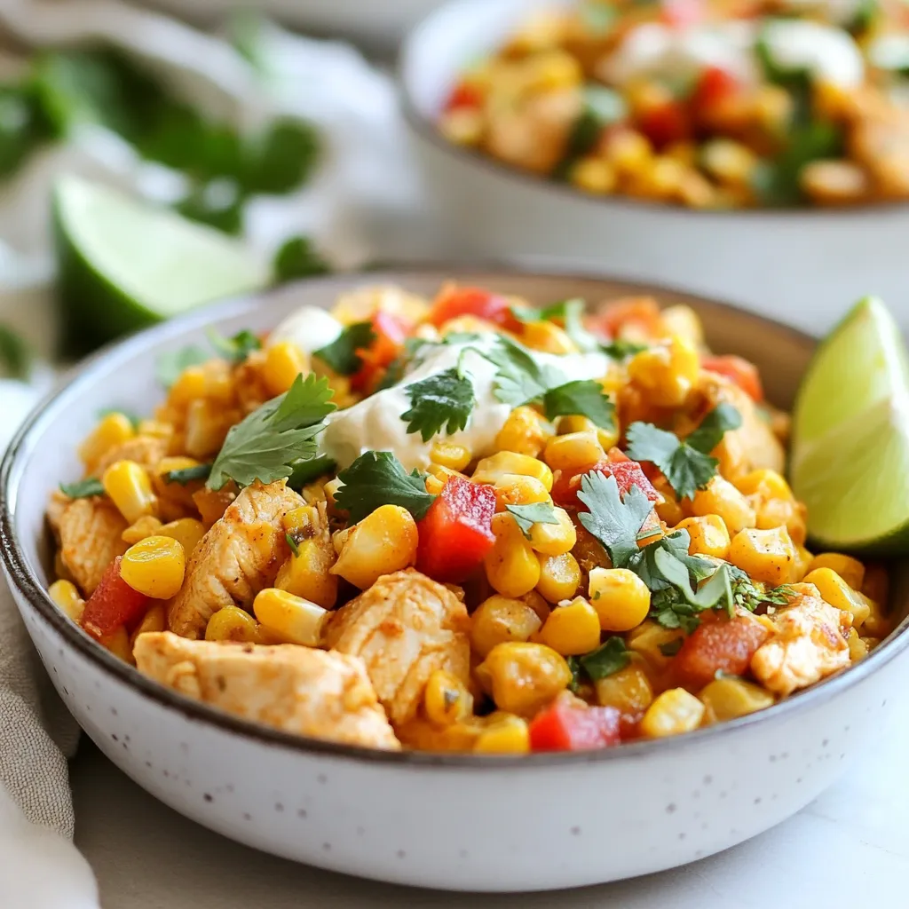 To make Chipotle Street Corn Chicken Skillet, gather these fresh ingredients: - 2 boneless, skinless chicken breasts (about 1 lb), diced - 2 tablespoons olive oil - 1 teaspoon smoked paprika - 1 teaspoon cumin - 1/2 teaspoon garlic powder - Salt and pepper to taste - 1 cup corn kernels (fresh or frozen) - 1 red bell pepper, diced - 1 small red onion, diced - 2 tablespoons chipotle in adobo sauce (minced) - 1/2 cup cream cheese, softened - 1/2 cup shredded Monterey Jack cheese - 1/4 cup cilantro, chopped (for garnish) - Lime wedges (for serving) Using these ingredients, you can create a dish full of flavor and fun! The chicken provides protein, while the spices and chipotle add a nice kick. The corn, peppers, and onions give it a fresh crunch. Don’t forget the creamy cheese to tie it all together! It’s a simple list but will make a big impact on your dinner table. {{ingredient_image_1}} To start, heat 2 tablespoons of olive oil in a large skillet over medium-high heat. While the oil warms, season 2 diced chicken breasts with smoked paprika, cumin, garlic powder, salt, and pepper. Once the oil is hot, add the seasoned chicken. Cook it for about 6 to 7 minutes. You want it to turn golden brown and be fully cooked. After that, take the chicken out and set it aside. In the same skillet, add 1 diced red bell pepper and 1 small diced red onion. Cook them for about 3 to 4 minutes. You want the vegetables to soften. Next, add 1 cup of corn kernels and 2 tablespoons of minced chipotle in adobo sauce. Stir everything together and let it cook for another 2 to 3 minutes. The flavors will mix well, and you will smell the wonderful aroma. Now, lower the heat. Add 1/2 cup of softened cream cheese to the skillet. Stir it continuously until it melts and becomes creamy. Once it’s smooth, return the cooked chicken to the skillet. Mix everything together thoroughly. Let it cook for an additional 2 minutes. Finally, sprinkle 1/2 cup of shredded Monterey Jack cheese on top. Cover the skillet for about a minute until the cheese melts. Serve hot and enjoy! To make your Chipotle Street Corn Chicken Skillet shine, adjust the seasoning. If you like it spicy, add more chipotle in adobo sauce. For a milder dish, reduce the amount. Adding a pinch of sugar can help balance the spice and creaminess. This makes the dish taste rich and smooth. Use a heavy skillet for best results. A cast-iron skillet works great for even heat. To avoid dry chicken, cook it on medium-high heat. Make sure to brown the chicken well without overcooking it. This keeps the juices locked in, making it tender and juicy. Garnish your dish with fresh cilantro for color and flavor. Squeeze lime over the top for a bright finish. Serve it with rice or warm tortillas. This adds texture and makes the meal heartier. Try pairing it with a simple salad for a complete dinner. Pro Tips Use Fresh Corn: If possible, use fresh corn on the cob for a sweeter and crunchier texture. Simply cut the kernels off the cob for this dish. Adjust the Heat: If you prefer a milder flavor, reduce the amount of chipotle in adobo sauce or substitute with a milder pepper. Make it Creamy: For an extra creamy texture, consider adding a splash of milk or a dollop of sour cream along with the cream cheese. Garnish Generously: Don't skip the cilantro and lime wedges—they add a fresh brightness that complements the rich flavors of the dish. {{image_2}} If you want to switch up the chicken, try using turkey or tofu. Both options work well in this dish. For a vegetarian or vegan meal, replace the chicken with chickpeas or black beans. You can also use a plant-based cream cheese for a vegan twist. You can change the spice levels to fit your taste. Add more chipotle for heat or use mild salsa for a softer flavor. For a fresh taste, toss in some diced zucchini or corn peppers. The more vegetables you add, the more colorful your dish will be. This dish is so versatile! You can serve it over rice for a filling meal. Tacos or tortillas also work great for a fun, hand-held option. For a lighter choice, serve it on a bed of greens or as a salad. Meal prep is easy with this recipe. You can make a big batch and store it for busy weeknights. Just reheat and enjoy! To store your Chipotle Street Corn Chicken Skillet, let it cool first. Place it in a clean, airtight container. This keeps your meal fresh and tasty. You can store it in the fridge for up to four days. Make sure to label your container with the date. If you want to freeze the skillet, use a freezer-safe container. Portion it out for easy meals later. It can last in the freezer for about three months. When you are ready to eat, thaw it in the fridge overnight. This keeps the texture nice. For reheating, the stovetop is best. Place the skillet over low heat. Stir often to avoid sticking. Add a splash of water or broth if it seems dry. This helps keep it creamy and delicious. Avoid using the microwave, as it may make it soggy. Enjoy your meal again with full flavor! To make this dish, start by heating olive oil in a large skillet. Next, season diced chicken with smoked paprika, cumin, garlic powder, salt, and pepper. Cook the chicken for about 6-7 minutes until it turns golden brown. Remove the chicken from the skillet and set it aside. In the same skillet, add diced red bell pepper and red onion, and sauté for about 3-4 minutes. Then, add corn kernels and chipotle in adobo sauce, cooking for another 2-3 minutes. Lower the heat and mix in softened cream cheese until it melts. Add the chicken back, stir, and let it all meld for 2 minutes. Top with Monterey Jack cheese, cover to melt, and finish with cilantro and lime wedges. Yes, you can swap out the cheese. Some great options include cheddar, pepper jack, or even feta. Each cheese adds its unique flavor. For a rich and creamy texture, try using a blend of cheeses. This way, you can customize the dish to your taste. The dish has a mild to medium spice level due to the chipotle in adobo sauce. If you prefer less heat, you can reduce the amount of chipotle or use only the cream cheese. For extra heat, consider adding more chipotle or fresh jalapeños. Adjusting the spice lets you cater to your taste. This blog post shared a simple, tasty Chipotle Street Corn Chicken Skillet recipe. You learned about the key ingredients, from chicken to creamy cheese. We broke down every step for cooking and offered useful tips to boost flavor and avoid dry chicken. Plus, I shared smart ways to store and reheat your dish. You can also play with ingredients to suit your taste. Try this recipe for a fun meal, and make it your own! Enjoy the deliciousness and share with others!
