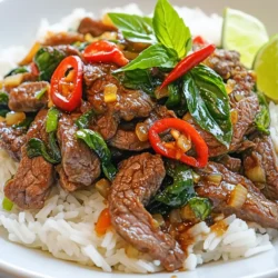 - 1 lb (450g) sirloin or flank steak, thinly sliced against the grain - 4 cloves garlic, minced - 2 shallots, thinly sliced - 2 Thai bird's eye chilies, finely sliced (or to taste) - 1 cup fresh Thai basil leaves - 2 tablespoons vegetable oil - 2 tablespoons soy sauce - 1 tablespoon oyster sauce - 1 tablespoon fish sauce - 1 tablespoon sugar - Cooked jasmine rice - Lime wedges for garnish {{ingredient_image_1}} Start by getting your steak ready. I like to freeze the beef for about 30 minutes. This makes it easier to slice. Use a sharp knife and cut against the grain. Aim for thin, bite-sized pieces. This way, the beef cooks evenly and stays tender. Next, mix the sauces for extra flavor. In a small bowl, combine soy sauce, oyster sauce, fish sauce, and sugar. Set this sauce aside. Now, heat vegetable oil in a large skillet or wok. Turn the heat to medium-high until the oil shimmers. Add minced garlic, sliced shallots, and chopped chilies to the hot oil. Stir-fry these for about 30 seconds. You want to smell the amazing aroma! Now it’s time to add the beef. Turn the heat up to high. Quickly add your sliced beef to the skillet. Stir-fry for about 2-3 minutes. Cook until the beef is just browned. Pour the sauce mix over the beef and stir well. Cook for an additional minute. This lets all the flavors meld together. Finally, remove the skillet from the heat. Add fresh Thai basil leaves to the beef. Toss gently until the basil wilts. Serve the tasty Thai basil beef over jasmine rice. Enjoy every bite! To get the best texture in your Thai basil beef, slice the meat correctly. Use sirloin or flank steak for great flavor. Freeze the steak for about 30 minutes. This makes it firm and easier to cut. Always slice against the grain. This helps the meat stay tender. Aim for thin slices, around 1/4 inch thick. This way, the beef cooks quickly and evenly. If you like it spicy, use more bird's eye chilies. Start with two, then taste the dish. You can add more if you want extra heat. For a milder dish, remove the seeds from the chilies. This reduces the spice without losing flavor. The sauce mix has soy sauce, oyster sauce, and fish sauce. Feel free to tweak these to match your taste. Add a bit more sugar if you like a sweeter dish. When serving Thai basil beef, make it look great! Start with a bed of jasmine rice. Spoon the beef mixture over the rice. For a pop of color, add extra Thai basil leaves on top. You can also place lime wedges on the side. This adds zest and freshness to each bite. A beautiful plate makes the meal more enjoyable. Enjoy your tasty creation! Pro Tips Use Fresh Ingredients: Fresh Thai basil makes a significant difference in flavor; try to source it from an Asian grocery store for the best taste. Control the Heat: Adjust the number of bird's eye chilies based on your spice tolerance to customize the dish to your liking. Quick Cooking: Ensure your skillet or wok is very hot before adding the beef; this helps to achieve a nice sear without overcooking. Let it Rest: After cooking, let the dish sit for a minute before serving to allow the flavors to develop further. {{image_2}} You can easily make a vegetarian version of Thai basil beef. Start with tofu or tempeh. Both soak up flavors well. Slice them into bite-sized pieces. Use the same sauce mix from the original recipe. Stir-fry the tofu or tempeh like you would the beef. Add fresh Thai basil at the end. You can also try seitan for a meaty texture. Feel free to switch out the beef for other proteins. Chicken or pork works well with this sauce. Thinly slice chicken breast or pork tenderloin. Follow the same cooking steps. Shrimp is another great option. It cooks quickly and adds a nice taste. Just be careful not to overcook the shrimp. Customize your dish with extra veggies for nutrition. Bell peppers, carrots, or snap peas add color and crunch. Slice them thin, so they cook fast. Add these veggies after the aromatics. Stir-fry for a couple of minutes before adding the meat. You can also toss in some baby corn or mushrooms for more flavor. After enjoying your Thai basil beef, let it cool first. Place leftovers in an airtight container. This helps keep the flavors fresh. Store the container in the fridge. Use the leftovers within 3 days for best taste. To reheat, use a skillet over medium heat. Add a splash of water or oil to keep it moist. Stir often for even heating. You can also use the microwave. Heat in short bursts of 30 seconds. Stir in between until hot. If you want to save some for later, freezing works well. Let the beef cool completely. Place it in a freezer-safe bag or container. Remove as much air as possible before sealing. It can last up to 2 months in the freezer. When ready to eat, thaw it in the fridge overnight. Reheat as described above for best results. For Thai Basil Beef, I recommend using sirloin or flank steak. Both cuts are tender and juicy. They slice well when cut against the grain. This makes them perfect for stir-frying. Thin slices cook quickly and keep their flavor. You can use dried basil, but fresh is best. Fresh Thai basil adds a bright flavor. It also gives a nice aroma. If you must use dried, use less. A teaspoon of dried basil can work in a pinch. Thai Basil Beef comes from Thailand. It is a popular street food dish. Chefs use fresh Thai basil and chili for flavor. This dish highlights the balance of sweet, salty, and spicy. It reflects the rich culture of Thai cooking. Serve Thai Basil Beef with jasmine rice. The rice soaks up the sauce and balances the meal. You can also add a fresh salad. A cucumber salad with lime is a great choice. It adds a crunchy texture and freshness. Thai Basil Beef is quick and easy to make. We explored key ingredients, sauces, and sides. I shared step-by-step cooking instructions to ensure success. Tips on slicing and spice levels improve your dish. Plus, you learned about tasty variations and storage methods. Try these ideas to make your meal special. Enjoy experimenting with flavors and textures. With this guide, you’ll master Thai Basil Beef and impress everyone at your table.