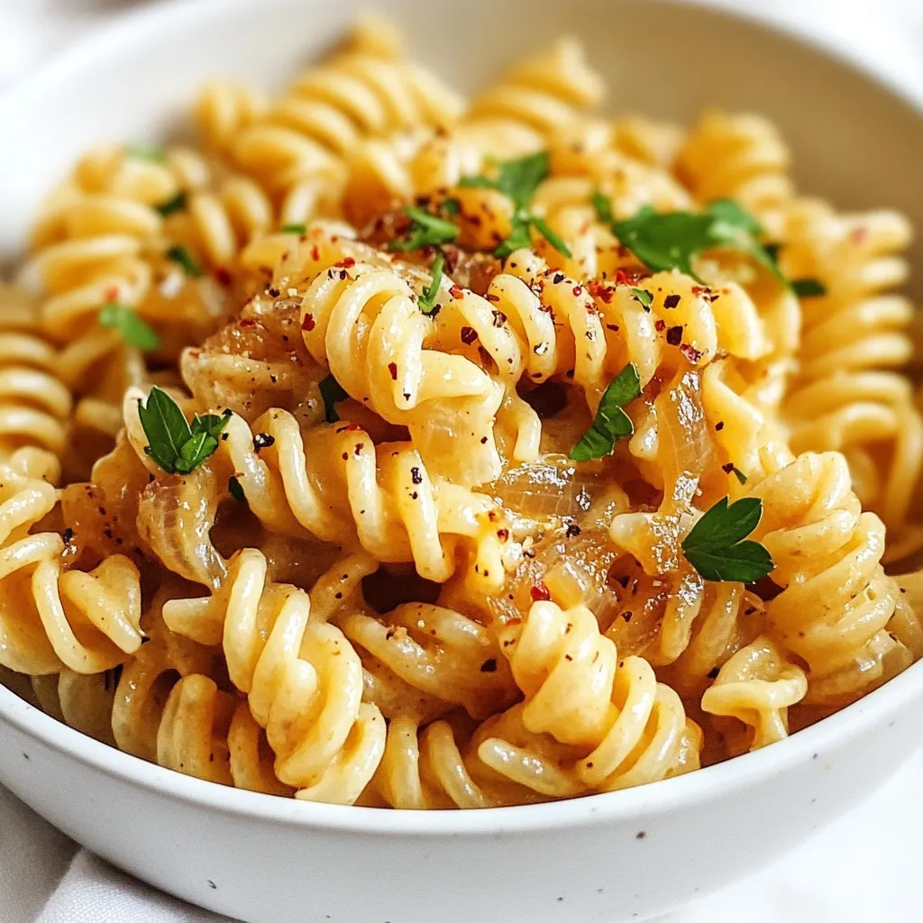 - 300g pasta (any shape, preferably whole grain) - 2 large onions, thinly sliced - 3 tablespoons olive oil - 4 cloves garlic, minced - 1 cup vegetable broth - 1 cup coconut milk (canned) - 2 tablespoons nutritional yeast - 1 tablespoon soy sauce or tamari - 1 teaspoon dried thyme - Salt and pepper to taste - Fresh parsley, chopped (for garnish) When cooking, precise measurements matter. For pasta, I suggest using 300 grams. This amount feeds about four people. For onions, two large ones will give you a rich flavor. Use 3 tablespoons of olive oil to caramelize the onions. Garlic adds depth, so use four cloves, minced finely. A cup of vegetable broth provides the base for your sauce. Coconut milk brings creaminess with one cup from a can. Add 2 tablespoons of nutritional yeast for that cheesy taste. Finally, one tablespoon of soy sauce or tamari enhances the umami flavor. If you like heat, add crushed red pepper flakes. Just a pinch can make a difference. Fresh herbs can also brighten the dish. Try adding basil or thyme if you want extra flavor. For a different touch, consider adding lemon zest. It will add a bit of freshness. These optional ingredients let you customize your creamy vegan caramelized onion pasta. {{ingredient_image_1}} To start, heat the olive oil in a large skillet over medium heat. Add the thinly sliced onions and sprinkle a pinch of salt. Stir them often for about 10-15 minutes. You want the onions to turn golden brown and sweet. This step builds a rich flavor that makes the dish stand out. While the onions cook, bring a large pot of water to a boil. Make sure to add salt to the water. Cook the pasta according to the package instructions until it is al dente. Reserve one cup of the pasta water before draining it. Set the pasta aside for later. Once the onions are caramelized, add the minced garlic to the skillet. Cook for another 2 minutes until the garlic smells great. Then, pour in the vegetable broth and coconut milk. Add nutritional yeast, soy sauce or tamari, thyme, salt, and pepper. Stir the mix well and let it simmer for about 5-7 minutes. This allows the sauce to thicken slightly. After that, add the cooked pasta to the skillet. Toss the pasta in the creamy sauce. If the sauce is too thick, add a splash of the reserved pasta water. Taste the dish and adjust the seasoning as needed. Finally, serve the pasta in bowls and garnish with fresh parsley. This adds a nice touch to your meal. To get the best caramelization, use medium heat. Start with a hot skillet and add olive oil. When the oil is hot, add the sliced onions with a pinch of salt. Stir them often. This helps them cook evenly. Caramelization takes time, about 10-15 minutes. You want them golden brown and sweet. If they stick, add a splash of water. This will help them release and brown nicely. For a creamy texture, coconut milk is key. It adds richness without dairy. Combine it with vegetable broth and nutritional yeast. Nutritional yeast gives a cheesy flavor. If your sauce is too thick, use reserved pasta water. Add a little at a time until you reach the perfect smoothness. This method keeps the sauce rich while being vegan. For serving, use shallow bowls to show off your pasta. Drizzle with extra olive oil for shine. You can sprinkle more nutritional yeast on top for flavor. Fresh parsley adds vibrant color. If you like heat, add crushed red pepper flakes. This will give your dish a nice kick. Enjoy your creamy vegan caramelized onion pasta with a side salad for a complete meal! Pro Tips Perfectly Caramelized Onions: Be patient while caramelizing the onions; the longer they cook, the sweeter and more flavorful they become. Stir often and keep the heat at medium to prevent burning. Enhancing Creaminess: For an extra creamy texture, use full-fat coconut milk. It will give the sauce a richer mouthfeel and complement the sweetness of the caramelized onions. Cooking Pasta Al Dente: Always cook your pasta al dente for the best texture. This means it should be firm to the bite, which helps it hold up better when tossed with the sauce. Seasoning to Taste: Always taste and adjust the seasoning before serving. Adding a little more salt, pepper, or nutritional yeast can elevate the flavor of your dish significantly. {{image_2}} You can use many types of pasta for this dish. Whole grain pasta adds fiber and flavor. However, you can try gluten-free pasta if needed. Penne, fettuccine, or spaghetti all work great. Choose a shape you love. Each pasta shape holds sauce differently, so have fun with it! If you have dietary needs, this recipe is easy to adjust. Swap the coconut milk for almond or soy milk. This will change the flavor a bit but still keep it creamy. For nut allergies, use oat milk or sunflower seed milk. You can also replace soy sauce with coconut aminos for a soy-free option. You can add different spices and herbs to change the taste. For a kick, add crushed red pepper flakes. If you love herbs, try adding fresh basil or oregano. A bit of lemon zest can brighten the dish, too. Let your taste buds guide you! After enjoying your creamy vegan caramelized onion pasta, let it cool first. Place leftovers in an airtight container. Store it in the fridge for up to three days. This keeps the pasta fresh and tasty for your next meal. To reheat, add the pasta to a skillet over low heat. Stir in a splash of vegetable broth or coconut milk. This helps to restore creaminess. Heat until it’s warm, but don’t let it boil. You want to keep that delicious flavor intact! If you want to save pasta for later, freezing works great. Divide the cooled pasta into individual portions. Use freezer-safe bags or containers. Label them with the date. It can last up to three months in the freezer. When you’re ready to eat, thaw in the fridge overnight and reheat as mentioned above. Yes, you can use any plant-based milk. Almond milk, soy milk, or oat milk work well. However, choose a rich milk for the best creaminess. Coconut milk is great because it adds a nice flavor and texture. Nutritional yeast is a yellow, flaky ingredient. It has a cheesy flavor and is packed with nutrients. It adds depth to your sauce and gives it a creamy taste. Plus, it provides B vitamins, making it a healthy addition. This recipe can be gluten-free if you select the right pasta. Look for gluten-free pasta made from rice or lentils. Always check the label to be sure. The rest of the ingredients are naturally gluten-free, so you’re safe there! To spice things up, add crushed red pepper flakes. Mix them into the sauce to taste. You can also add fresh chili or hot sauce for a kick. Adjust the spice level based on your preference for heat. This blog post covered the key ingredients and steps to make a creamy pasta dish. I shared how to caramelize onions, cook pasta, and create the sauce. You learned tips to keep your dish creamy without dairy, along with storage methods and reheating tips. You can try variations and substitutions to fit your taste. Remember, cooking is all about exploring and having fun with flavors. Enjoy your pasta adventures!