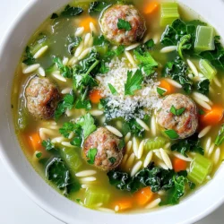 - 1 pound ground turkey or chicken - 8 cups low-sodium chicken broth - 1 large onion, diced - 2 carrots, chopped - 2 celery stalks, diced - 5 ounces fresh spinach or kale, chopped - 1 cup orzo pasta In Italian Wedding Soup, the main ingredients bring warmth and heartiness. I love using ground turkey or chicken for a light touch. The low-sodium chicken broth serves as a flavorful base. Fresh vegetables add color and nutrition. Onions, carrots, and celery create a lovely depth of flavor. Spinach or kale adds a fresh twist. Finally, orzo pasta provides that comforting texture. - 3 cloves garlic, minced - 1 teaspoon dried thyme - 1 teaspoon dried oregano - 1/4 cup fresh parsley, chopped Flavor enhancers make this soup sing. Garlic brings a sweet aroma and rich taste. Dried thyme and oregano add warm herbal notes. I like to include fresh parsley for brightness. These ingredients work together to elevate your dish. - 1/2 cup breadcrumbs - 1/4 cup grated Parmesan cheese - 1 egg - Salt and pepper to taste The meatballs steal the show! Combining ground turkey with breadcrumbs gives them a nice texture. Grated Parmesan cheese enriches the flavor. An egg binds everything together. Don’t forget to season with salt and pepper to taste. These meatballs bring joy to each bowl. - Mixing ingredients: In a large bowl, combine 1 pound of ground turkey or chicken, 1/2 cup of breadcrumbs, 1/4 cup of grated Parmesan cheese, 1/4 cup of fresh parsley, 1 egg, and salt and pepper. Mix it all well until it is a smooth blend. - Forming meatballs: Once mixed, form small meatballs about 1 inch in size. Set them aside on a plate. - Adding broth and vegetables: Pour 8 cups of low-sodium chicken broth into your slow cooker. Then add 1 diced onion, 2 chopped carrots, 2 diced celery stalks, 3 minced garlic cloves, 1 teaspoon of dried thyme, and 1 teaspoon of dried oregano. Stir everything together. - Submerging meatballs: Gently place the meatballs into the slow cooker. Ensure they are fully submerged in the broth for even cooking. - Low vs. high settings: Cook on low for 6-8 hours or on high for 3-4 hours. The meatballs should be cooked through, and the veggies tender. - Adding pasta and greens: About 15 minutes before serving, add 1 cup of orzo pasta and 5 ounces of chopped spinach or kale. Cook until the pasta is al dente and the greens are tender. Adjust with salt and pepper if needed. To make your Italian wedding soup shine, start with seasoning. Taste your broth before serving. If it needs more flavor, add salt and pepper. A squeeze of lemon juice can also brighten the taste. For garnishing, consider adding extra grated Parmesan. A sprinkle of fresh parsley adds color and freshness. You can even try a drizzle of olive oil for richness. Check your meatballs for doneness. They should be firm and no longer pink inside. If you have a meat thermometer, aim for 165°F. This ensures safe eating and great texture. To prevent overcooking the pasta, add it about 15 minutes before serving. This keeps it al dente, which means it will have a nice bite. Stir gently to mix it in without breaking the pasta. Prep your meatballs ahead of time. You can mix and form them a day before. Just keep them in the fridge until you are ready to cook. Using pre-chopped vegetables can save you time, too. Many stores offer fresh, diced options. This way, you can focus on the fun parts of cooking, like seasoning and tasting! {{image_2}} You can switch the ground turkey or chicken for ground beef or pork. This change adds richness. You can also try vegetarian meatballs made from lentils or beans. They give a hearty feel without meat. While spinach works well, kale adds a nice texture. You could also add Swiss chard or collard greens. Chopping other vegetables like carrots or zucchini can boost nutrition too. They add color and flavor to your soup. If you need gluten-free options, use rice or gluten-free pasta. You can also try small shapes like ditalini or mini shells. These shapes hold the broth well and make each bite fun. For storing leftovers, use airtight containers. Glass containers work best for easy heating. You can also use plastic containers if they are BPA-free. Make sure to let the soup cool before sealing it. You can freeze this soup for up to three months. Just leave some space at the top of the container. This helps the soup expand as it freezes. To reheat, you can use the stovetop or microwave. For stovetop, pour soup into a pot over medium heat. Stir occasionally until hot. If using the microwave, heat in a bowl. Start with one minute, then stir and check. For both methods, add a splash of broth if the soup is thick. This keeps the flavors bright and fresh. In the fridge, this soup lasts about three to four days. Always check for signs of spoilage. Look for an off smell or a change in color. If you see any mold, throw it away. Enjoy your soup while it's fresh for the best taste! Yes, you can make Italian Wedding Soup ahead of time. It stores well in the fridge for up to three days. Use an airtight container for best results. When you reheat it, do so gently on the stove. This keeps the flavors fresh. If you want to freeze it, let it cool first. Freeze in portions for easy meals later. You can use frozen vegetables in your soup. They save time and are easy to find. However, frozen veggies may change the texture. They often become softer than fresh ones. Still, they will add flavor and nutrients. Just stir them in when you add the meatballs. Italian Wedding Soup pairs well with crusty bread. Serve it hot with a side salad. A simple Caesar salad works great. You can also try garlic bread for extra flavor. These sides add a nice touch to your meal. This blog post covered how to make a tasty Italian Wedding Soup. We discussed key ingredients like ground turkey, vegetables, and herbs. I shared step-by-step instructions for preparing meatballs and using a slow cooker. You learned useful tips for enhancing flavor and saving time. We explored variations with different proteins and pasta. Proper storage and reheating guidelines were also included. Remember, this soup is flexible. You can adjust it to fit your taste. Enjoy making this comforting meal!