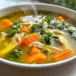 To make this healing chicken soup, you need a few main ingredients. Each one adds flavor and nutrition. Here’s what you will need: - 1 tablespoon olive oil - 1 medium onion, diced - 2 cloves garlic, minced - 3 medium carrots, sliced - 2 stalks celery, diced - 6 cups low-sodium chicken broth - 2 cups shredded cooked chicken (rotisserie chicken works well) - 1 teaspoon dried thyme - 1 teaspoon turmeric powder - 1/2 teaspoon black pepper - 1 cup kale, chopped - 1 lemon, juiced - Salt, to taste - Fresh parsley, for garnish These ingredients come together to create a warm and soothing bowl of comfort. You can add extra goodies to boost health. Here are some options: - Ginger: Grate a small piece for warmth and digestion. - Spinach: Swap kale for spinach for a different flavor. - Mushrooms: Add sliced mushrooms for earthy notes and extra fiber. - Quinoa: Stir in cooked quinoa for protein and texture. These additions will make your soup even more nourishing. Having the right tools makes cooking easier. Here are some essentials: - Large pot: Use this for cooking the soup. - Cutting board: A sturdy board helps with chopping. - Sharp knife: A good knife makes slicing quick and safe. - Ladle: Use a ladle to serve your soup with ease. With these tools, you will create a hearty healing chicken soup that warms both your body and soul. {{ingredient_image_1}} 1. Start by gathering all your ingredients. This makes cooking easier. 2. Dice the medium onion and mince the garlic. 3. Slice the carrots and dice the celery. 4. Chop the kale into bite-sized pieces. 5. Juice one lemon for a fresh flavor boost. 1. Heat 1 tablespoon of olive oil in a large pot over medium heat. 2. Add the diced onion and minced garlic. Sauté until the onion is soft, about 3-4 minutes. 3. Next, add the sliced carrots and diced celery. Stir and cook for 5 minutes. This helps soften the veggies. 4. Pour in 6 cups of low-sodium chicken broth and bring to a gentle boil. 5. Once boiling, add 2 cups of shredded cooked chicken, 1 teaspoon of dried thyme, 1 teaspoon of turmeric powder, and 1/2 teaspoon of black pepper. Stir well. 6. Lower the heat and let it simmer for 15 minutes. This lets the flavors blend nicely. 7. After simmering, add 1 cup of chopped kale and the lemon juice. Simmer for another 5 minutes until the kale wilts. 8. Finally, season with salt to taste. Adjust to your liking. 1. Ladle the soup into bowls. 2. Sprinkle fresh parsley on top for color and taste. 3. Serve with a slice of crusty bread for dipping. This makes it a hearty meal. To boost your healing chicken soup, layer flavors. Start with the onion and garlic. Sauté them until soft. This step builds a strong base. You can also add fresh herbs like thyme or parsley. They bring a burst of freshness. A squeeze of lemon brightens the taste. Don’t forget to season well with salt. Taste as you go for the best results. One common mistake is using low-quality broth. Always choose low-sodium chicken broth for better flavor. Another mistake is overcooking the vegetables. You want them tender but not mushy. Adding kale too early can also ruin its texture. Add it toward the end. Lastly, forget not to taste your soup before serving. Adjust the seasoning as needed. To make your soup healthier, add more veggies. You can include spinach or zucchini. They add fiber and vitamins. Using rotisserie chicken is a great time saver. It’s also packed with protein. For extra health benefits, add turmeric. It helps fight inflammation. You can even mix in beans for added protein and fiber. This makes your soup heartier and more filling. Pro Tips Use Fresh Herbs: Fresh herbs can elevate the flavor of your chicken soup significantly. Consider adding fresh thyme or parsley just before serving for a burst of freshness. Customize Your Veggies: Feel free to add other vegetables such as bell peppers or zucchini to enhance the nutritional profile and flavor of the soup. Make it Ahead: This soup can be made in advance and stored in the refrigerator for up to three days. It actually tastes better the next day as the flavors continue to develop. Freeze for Later: Portion out leftovers in freezer-safe containers for a quick meal later. Simply reheat on the stove or in the microwave when you're ready to enjoy! {{image_2}} You can easily turn this soup into a vegetarian delight. Swap the chicken broth for vegetable broth. Replace the shredded chicken with cooked beans or lentils. Both options add protein and texture. You can add mushrooms for a hearty feel. Consider using chickpeas for a nutty taste. Kale can stay, as it adds great nutrients. Feel free to experiment with your favorite veggies, like zucchini or bell peppers. To make a low-sodium version, use homemade broth. This way, you control the salt. Look for low-sodium canned broth if you’re short on time. Fresh herbs can also help boost flavor without extra salt. Use more garlic and onion for a rich taste. Try adding a splash of vinegar for a bright kick. This keeps the soup tasty while reducing sodium. If you need to avoid gluten, ensure your broth is gluten-free. You can use quinoa instead of chicken for a grain-rich soup. For dairy-free options, skip any creamy additions. If you have nut allergies, stick to legumes for protein. Adjust the spices based on your taste and needs. This soup can adapt to many different diets. Mix and match to find what works best for you! To keep your healing chicken soup fresh, use an airtight container. Let the soup cool to room temperature first. This step prevents moisture build-up, which can spoil the soup. Store it in the fridge for up to four days. If you want to save it longer, consider freezing it. Freezing your soup lets you enjoy it later. Pour the cooled soup into freezer-safe bags or containers. Leave some space at the top for expansion. Label the bags with the date. You can freeze the soup for up to three months. Thaw it in the fridge overnight before reheating. When reheating, use a pot on low heat. Stir the soup often to heat it evenly. If the soup is too thick, add a splash of water or broth. For the best flavor, heat until it's steaming hot. Enjoy your soup just like it was freshly made! Chicken soup is full of good stuff. It helps fight colds and boosts your immune system. The warm broth soothes your throat and keeps you hydrated. Chicken gives you protein, which is great for healing. Veggies like carrots and kale add vitamins and minerals. Turmeric can help reduce inflammation. Overall, this soup is like a warm hug for your body. Yes, you can use raw chicken! Just make sure to cook it properly. Start by boiling the chicken in the broth. This will add flavor, and you can shred it after it's cooked. Using raw chicken takes a bit longer, but it can be very tasty. Just be careful with food safety. Always wash your hands and any surfaces that touch raw chicken. Healing chicken soup can last about three to four days in the fridge. Keep it in an airtight container to stay fresh. If you want it to last longer, consider freezing it. Just let it cool before putting it in the freezer. When you’re ready to eat it, thaw it overnight in the fridge and reheat on the stove. Healing chicken soup is full of key ingredients that help you feel better. You learned how to prepare it, cook it, and serve it for the best taste. Tips and tricks showed you how to boost flavor and avoid mistakes. With variations, you can adapt it for different diets. Proper storage keeps it fresh for later. In conclusion, making healing chicken soup is simple. It nourishes your body and warms your soul. Enjoy your soup, knowing it can make a real difference.
