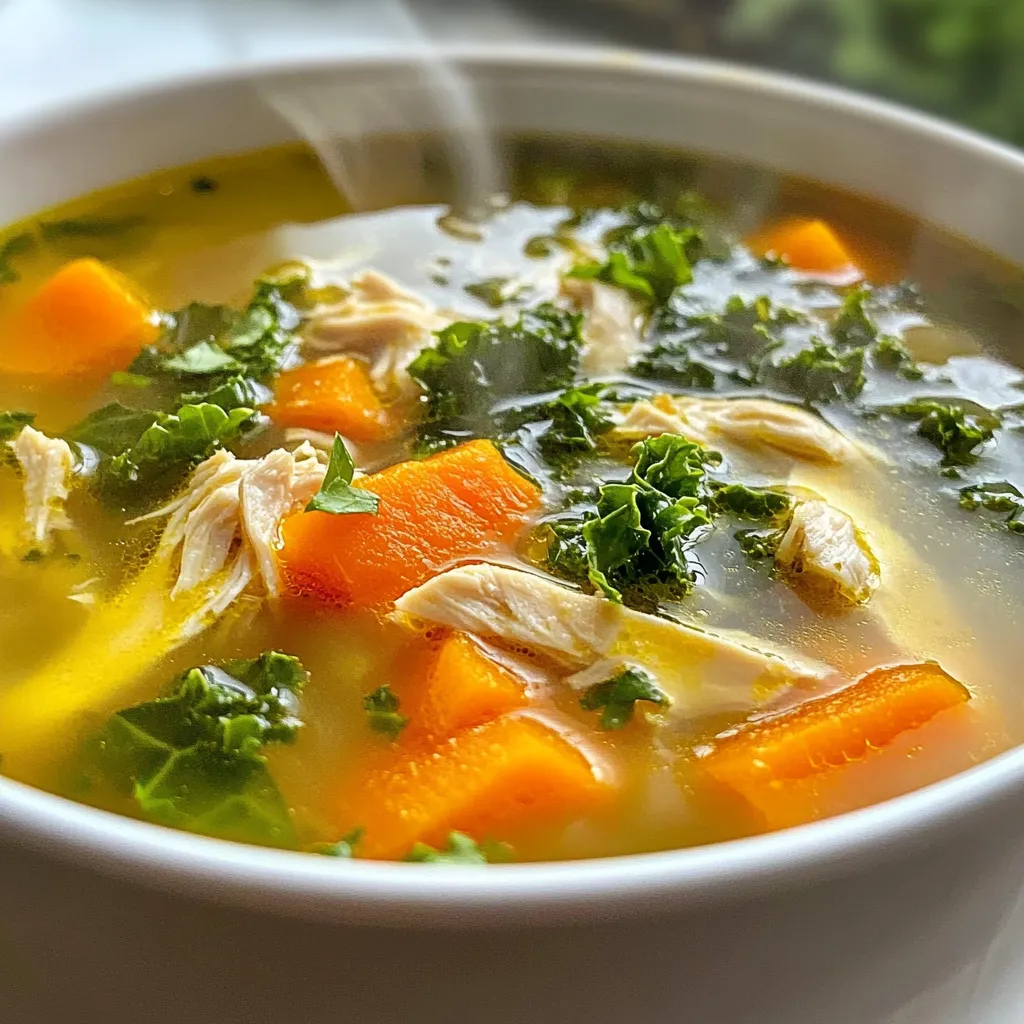 To make this healing chicken soup, you need a few main ingredients. Each one adds flavor and nutrition. Here’s what you will need: - 1 tablespoon olive oil - 1 medium onion, diced - 2 cloves garlic, minced - 3 medium carrots, sliced - 2 stalks celery, diced - 6 cups low-sodium chicken broth - 2 cups shredded cooked chicken (rotisserie chicken works well) - 1 teaspoon dried thyme - 1 teaspoon turmeric powder - 1/2 teaspoon black pepper - 1 cup kale, chopped - 1 lemon, juiced - Salt, to taste - Fresh parsley, for garnish These ingredients come together to create a warm and soothing bowl of comfort. You can add extra goodies to boost health. Here are some options: - Ginger: Grate a small piece for warmth and digestion. - Spinach: Swap kale for spinach for a different flavor. - Mushrooms: Add sliced mushrooms for earthy notes and extra fiber. - Quinoa: Stir in cooked quinoa for protein and texture. These additions will make your soup even more nourishing. Having the right tools makes cooking easier. Here are some essentials: - Large pot: Use this for cooking the soup. - Cutting board: A sturdy board helps with chopping. - Sharp knife: A good knife makes slicing quick and safe. - Ladle: Use a ladle to serve your soup with ease. With these tools, you will create a hearty healing chicken soup that warms both your body and soul. {{ingredient_image_1}} 1. Start by gathering all your ingredients. This makes cooking easier. 2. Dice the medium onion and mince the garlic. 3. Slice the carrots and dice the celery. 4. Chop the kale into bite-sized pieces. 5. Juice one lemon for a fresh flavor boost. 1. Heat 1 tablespoon of olive oil in a large pot over medium heat. 2. Add the diced onion and minced garlic. Sauté until the onion is soft, about 3-4 minutes. 3. Next, add the sliced carrots and diced celery. Stir and cook for 5 minutes. This helps soften the veggies. 4. Pour in 6 cups of low-sodium chicken broth and bring to a gentle boil. 5. Once boiling, add 2 cups of shredded cooked chicken, 1 teaspoon of dried thyme, 1 teaspoon of turmeric powder, and 1/2 teaspoon of black pepper. Stir well. 6. Lower the heat and let it simmer for 15 minutes. This lets the flavors blend nicely. 7. After simmering, add 1 cup of chopped kale and the lemon juice. Simmer for another 5 minutes until the kale wilts. 8. Finally, season with salt to taste. Adjust to your liking. 1. Ladle the soup into bowls. 2. Sprinkle fresh parsley on top for color and taste. 3. Serve with a slice of crusty bread for dipping. This makes it a hearty meal. To boost your healing chicken soup, layer flavors. Start with the onion and garlic. Sauté them until soft. This step builds a strong base. You can also add fresh herbs like thyme or parsley. They bring a burst of freshness. A squeeze of lemon brightens the taste. Don’t forget to season well with salt. Taste as you go for the best results. One common mistake is using low-quality broth. Always choose low-sodium chicken broth for better flavor. Another mistake is overcooking the vegetables. You want them tender but not mushy. Adding kale too early can also ruin its texture. Add it toward the end. Lastly, forget not to taste your soup before serving. Adjust the seasoning as needed. To make your soup healthier, add more veggies. You can include spinach or zucchini. They add fiber and vitamins. Using rotisserie chicken is a great time saver. It’s also packed with protein. For extra health benefits, add turmeric. It helps fight inflammation. You can even mix in beans for added protein and fiber. This makes your soup heartier and more filling. Pro Tips Use Fresh Herbs: Fresh herbs can elevate the flavor of your chicken soup significantly. Consider adding fresh thyme or parsley just before serving for a burst of freshness. Customize Your Veggies: Feel free to add other vegetables such as bell peppers or zucchini to enhance the nutritional profile and flavor of the soup. Make it Ahead: This soup can be made in advance and stored in the refrigerator for up to three days. It actually tastes better the next day as the flavors continue to develop. Freeze for Later: Portion out leftovers in freezer-safe containers for a quick meal later. Simply reheat on the stove or in the microwave when you're ready to enjoy! {{image_2}} You can easily turn this soup into a vegetarian delight. Swap the chicken broth for vegetable broth. Replace the shredded chicken with cooked beans or lentils. Both options add protein and texture. You can add mushrooms for a hearty feel. Consider using chickpeas for a nutty taste. Kale can stay, as it adds great nutrients. Feel free to experiment with your favorite veggies, like zucchini or bell peppers. To make a low-sodium version, use homemade broth. This way, you control the salt. Look for low-sodium canned broth if you’re short on time. Fresh herbs can also help boost flavor without extra salt. Use more garlic and onion for a rich taste. Try adding a splash of vinegar for a bright kick. This keeps the soup tasty while reducing sodium. If you need to avoid gluten, ensure your broth is gluten-free. You can use quinoa instead of chicken for a grain-rich soup. For dairy-free options, skip any creamy additions. If you have nut allergies, stick to legumes for protein. Adjust the spices based on your taste and needs. This soup can adapt to many different diets. Mix and match to find what works best for you! To keep your healing chicken soup fresh, use an airtight container. Let the soup cool to room temperature first. This step prevents moisture build-up, which can spoil the soup. Store it in the fridge for up to four days. If you want to save it longer, consider freezing it. Freezing your soup lets you enjoy it later. Pour the cooled soup into freezer-safe bags or containers. Leave some space at the top for expansion. Label the bags with the date. You can freeze the soup for up to three months. Thaw it in the fridge overnight before reheating. When reheating, use a pot on low heat. Stir the soup often to heat it evenly. If the soup is too thick, add a splash of water or broth. For the best flavor, heat until it's steaming hot. Enjoy your soup just like it was freshly made! Chicken soup is full of good stuff. It helps fight colds and boosts your immune system. The warm broth soothes your throat and keeps you hydrated. Chicken gives you protein, which is great for healing. Veggies like carrots and kale add vitamins and minerals. Turmeric can help reduce inflammation. Overall, this soup is like a warm hug for your body. Yes, you can use raw chicken! Just make sure to cook it properly. Start by boiling the chicken in the broth. This will add flavor, and you can shred it after it's cooked. Using raw chicken takes a bit longer, but it can be very tasty. Just be careful with food safety. Always wash your hands and any surfaces that touch raw chicken. Healing chicken soup can last about three to four days in the fridge. Keep it in an airtight container to stay fresh. If you want it to last longer, consider freezing it. Just let it cool before putting it in the freezer. When you’re ready to eat it, thaw it overnight in the fridge and reheat on the stove. Healing chicken soup is full of key ingredients that help you feel better. You learned how to prepare it, cook it, and serve it for the best taste. Tips and tricks showed you how to boost flavor and avoid mistakes. With variations, you can adapt it for different diets. Proper storage keeps it fresh for later. In conclusion, making healing chicken soup is simple. It nourishes your body and warms your soul. Enjoy your soup, knowing it can make a real difference.