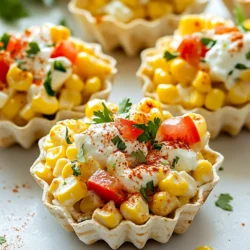 To make Mexican Street Corn Salad Cups, you'll need: - 4 ears of corn, husked - 1/2 cup mayonnaise - 1/4 cup sour cream - 1 tablespoon lime juice - 1 teaspoon chili powder - 1/2 teaspoon cumin - Salt to taste - 1 cup diced tomatoes - 1/2 cup crumbled queso fresco - 1/4 cup chopped cilantro - Mini tortilla cups or corn tortilla chips for serving If you want to swap some ingredients, here are my favorites: - Instead of mayonnaise, use Greek yogurt for a lighter taste. - Swap sour cream with plain yogurt for a tangy flavor. - Lime juice can be replaced with lemon juice if you're out. - For chili powder, use paprika for less spice. - You can use feta cheese if queso fresco isn't available. When picking corn, look for bright green husks. They should be firm and tightly wrapped around the cob. The silk should be light brown and slightly sticky. Press a kernel; it should feel plump and juicy. Avoid corn with dark spots or dry husks. Fresh corn tastes sweet and is perfect for this salad. {{ingredient_image_1}} Start by bringing a large pot of water to a boil. Make sure it is bubbling well. Add the husked ears of corn to the pot. Cook the corn for about 5 to 7 minutes. You want it to be tender but not mushy. Once done, carefully take the corn out of the pot. Let it cool slightly before you handle it. After it cools, cut the kernels off the cobs. This fresh corn gives the salad a sweet and juicy flavor. In a mixing bowl, combine the mayonnaise and sour cream. Add the lime juice for a zesty kick. Then, sprinkle in the chili powder and cumin for spice. Don't forget to add salt to taste. Mix all these ingredients until you have a smooth dressing. This creamy dressing is key to making the salad rich and tasty. Now, it's time to bring it all together. Add the corn kernels to the bowl with the dressing. Next, toss in the diced tomatoes. Crumble the queso fresco over the top and add the chopped cilantro. Gently fold everything together. Make sure all the ingredients are well mixed. Taste the salad and adjust seasoning if needed. You can add more lime juice or salt for extra flavor. Finally, spoon the mixture into mini tortilla cups or serve it with corn tortilla chips. Enjoy your fresh and flavorful Mexican street corn salad cups! To make your Mexican Street Corn Salad Cups shine, seasoning is key. Start by tasting your dressing. Mix mayonnaise, sour cream, lime juice, chili powder, cumin, and salt. Adjust each ingredient to suit your taste. If you love tanginess, add more lime juice. For spice lovers, a hint more chili powder can work wonders. Remember, it’s easier to add than to take away. Balance is important, so try to find that perfect blend. When serving, presentation makes a big difference. I love using mini tortilla cups; they add crunch and style. You can also use corn tortilla chips for a fun dip. Spoon the salad mixture into the cups just before serving. This keeps everything fresh. For that extra touch, garnish with a sprinkle of chili powder or fresh cilantro. This not only looks great but also adds flavor. This salad pairs well with many dishes. Try it alongside grilled meats like chicken or steak. Tacos also complement this salad beautifully. If you want a lighter meal, serve it with a fresh green salad. For drinks, I suggest a cold beer or a refreshing limeade. Both will enhance the flavors of the corn salad and make your meal even better. Pro Tips Fresh Corn is Best: For the sweetest flavor, use fresh corn when it’s in season. It will enhance the overall taste of the salad. Customize Your Heat: Adjust the chili powder to your personal spice preference. If you like it spicier, consider adding diced jalapeños or a pinch of cayenne pepper. Make Ahead: You can prepare the corn salad a few hours in advance. Just wait to fill the tortilla cups until you’re ready to serve to keep them crispy. Garnish for Presentation: A sprinkle of extra queso fresco and a few cilantro leaves on top just before serving can elevate the presentation of your dish. {{image_2}} To spice up your Mexican street corn salad cups, add jalapeños. Diced fresh jalapeños give a nice heat. You can also mix in a teaspoon of hot sauce. This heat pairs well with the creaminess of the mayo and sour cream. If you want more flavor, try adding smoked paprika. It adds depth without too much heat. For a vegetarian option, you can keep the same great taste. Just skip the queso fresco and use a plant-based cheese. To make it vegan, swap out the mayo and sour cream for vegan versions. Look for brands that use cashews or tofu for creaminess. You might also add avocado for extra nutrients and creaminess. The cheese you choose can change the whole flavor. Queso fresco is traditional, but you can try cotija for a bolder taste. Feta cheese works well too, adding a salty kick. If you want a creamier texture, use a soft cheese like goat cheese. Just crumble it in for an easy mix. To store leftover salad, let it cool completely. Place it in a bowl with a lid. If you used mini tortilla cups, remove the salad from them first. This keeps the cups crispy. Cover the bowl tightly with plastic wrap or a lid. Use airtight containers to keep the salad fresh. Glass or plastic containers with tight seals work best. Choose a size that fits your leftover amount. Avoid using metal containers, as they can react with the lime juice. You should not reheat the salad. The flavors taste best cold. If it seems dry, add a splash of lime juice or a bit of mayonnaise. Mix well to bring back moisture. Add fresh cilantro on top to refresh the dish. Yes, you can use frozen corn. Just thaw it first. Frozen corn tastes sweet and works well. It saves time too. However, fresh corn has a better crunch and flavor. If you can, choose fresh for the best taste. You can store the salad for about three days. Keep it in an airtight container. The flavors get better over time. However, the corn may lose some crunch. For the best taste and texture, enjoy it fresh. Mini tortilla cups are not gluten-free. Instead, use corn tortilla chips. Rice cakes also work well. They add a nice crunch and are gluten-free. You can even serve the salad on lettuce cups for a fresh bite. Yes, you can make the salad a few hours in advance. Just keep it in the fridge. It allows the flavors to blend. Avoid adding toppings until you serve. This keeps them fresh and crunchy. In this blog post, we covered how to make Mexican Street Corn Salad Cups. We explored key ingredients, substitutions, and tips for fresh corn. I shared easy steps for boiling corn, preparing the dressing, and combining everything. You also learned about seasoning, serving ideas, and different salad variations. Final thoughts: This salad is fun to make and enjoy. It’s tasty and flexible. Use this guide to create your perfect dish every time.