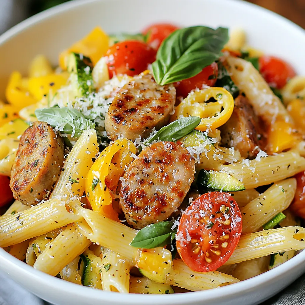 - 8 oz penne pasta - 2 chicken sausages, sliced - 1 cup cherry tomatoes, halved - 1 zucchini, spiralized or diced - 1 bell pepper, diced (any color) - 2 cloves garlic, minced - 1 tablespoon olive oil - 1 tablespoon balsamic vinegar - 1 teaspoon Italian seasoning - Salt and pepper to taste - 1/4 cup fresh basil leaves, chopped - Grated Parmesan cheese for serving (optional) To make these chicken sausage pasta bowls, gather your ingredients first. Start with 8 ounces of penne pasta. This pasta shape holds the sauce well. Next, grab 2 chicken sausages. Slice them for even cooking. Use 1 cup of cherry tomatoes, cut in half. They add sweetness and color. You also need 1 zucchini. You can spiralize or dice it. The zucchini adds a nice crunch. For color, use 1 bell pepper of your choice. Diced bell pepper brightens the dish. Don’t forget 2 cloves of garlic, minced. Garlic gives great flavor. You will need 1 tablespoon of olive oil to cook the sausages. Add 1 tablespoon of balsamic vinegar for tanginess. This will enhance the taste. Season with 1 teaspoon of Italian seasoning. Also, use salt and pepper to taste. Lastly, have 1/4 cup of fresh basil leaves, chopped. They add freshness. If you like cheese, consider grated Parmesan for serving. With these ingredients, you are ready to create a tasty and simple meal! {{ingredient_image_1}} - Bring a large pot of salted water to a boil. - Cook 8 oz of penne pasta according to package instructions. Aim for al dente. This keeps the pasta firm and tasty. Drain the pasta and set it aside. - Heat 1 tablespoon of olive oil in a large skillet over medium heat. - Add 2 sliced chicken sausages. Cook them for about 5-7 minutes until they turn nice and brown. This step gives the sausages great flavor. - Stir in 2 cloves of minced garlic, 1 diced bell pepper, and 1 cup of halved cherry tomatoes into the skillet. - Sauté these for another 3-4 minutes until the vegetables soften. This mix adds color and taste to your dish. - Add 1 spiralized or diced zucchini to the skillet. - Pour in 1 tablespoon of balsamic vinegar. Sprinkle 1 teaspoon of Italian seasoning on top. Cook everything for 2-3 minutes until the zucchini is just tender. The vinegar brings a sweet tang to the mix. - Add the cooked penne pasta back into the skillet with the sausage and veggies. - Toss everything together to combine. Season with salt and pepper to taste. - Remove from heat and stir in 1/4 cup of chopped fresh basil. Serve in pasta bowls. Top with grated Parmesan cheese if you like. Enjoy your flavorful meal! To cook pasta al dente, start with salted water. Use about 1 tablespoon of salt for every 4 quarts of water. This helps flavor the pasta as it cooks. Bring the water to a rolling boil before adding the penne. Check the package for cooking time, and taste a piece a minute or two early. It should be firm but not hard. Salting the pasta water is crucial. It enhances the flavor of the pasta and makes the dish better overall. If you skip this step, your pasta might taste bland. You can add more flavor to your chicken sausage pasta bowls. Try adding red pepper flakes for a spicy kick. Fresh herbs like oregano or thyme can also boost taste. A pinch of smoked paprika adds a nice depth, too. Balsamic vinegar balances acidity in your dish. It adds a sweet touch that complements the tomatoes and zucchini. Just a tablespoon does wonders. If it feels too tangy, you can mix in a bit of honey for sweetness. Serving your pasta bowls nicely makes a big difference. Use deep bowls to showcase the colors of your dish. Layer the pasta first, then add the sausages and veggies on top. Garnishing adds visual appeal. Sprinkle fresh basil on top for color and flavor. A light dusting of grated Parmesan cheese can elevate the look, too. For a pop of color, add a few cherry tomato halves on top. Pro Tips Use Fresh Ingredients: Fresh veggies and high-quality chicken sausages will enhance the flavor and nutrition of your pasta dish. Cook Pasta Al Dente: Ensure your pasta is cooked al dente for the best texture. It will continue to cook slightly when mixed with the hot sausage and veggies. Customize the Veggies: Feel free to swap out vegetables based on what you have on hand. Spinach, kale, or mushrooms make great additions! Leftovers Tip: This dish keeps well in the fridge for up to 3 days. Reheat with a splash of olive oil for a quick meal. {{image_2}} You can switch out chicken sausage for turkey sausage. It gives a lighter taste. If you prefer a plant-based option, try using veggie sausage. It works great too! For pasta, feel free to mix it up. You can use farfalle, fusilli, or even gluten-free pasta. Each type adds its own charm to the dish. Want to amp up the flavor? Add red pepper flakes for a spicy kick. It brings warmth and depth to every bite. You can also play with seasonal veggies. In summer, toss in fresh corn or bell peppers. In winter, add hearty greens like kale or spinach. These changes keep the dish fresh and exciting. For gluten-free diets, use pasta made from rice or chickpeas. They work well and taste great. If you want to skip dairy, try using nutritional yeast as a cheese substitute. It adds a cheesy flavor without the dairy. With these adjustments, everyone can enjoy this tasty meal! To keep your chicken sausage pasta bowls fresh, follow these steps: - Refrigerator: Store leftovers in an airtight container. This keeps the flavors intact. Use within three days for best taste. - Freezing Portions: For longer storage, freeze individual portions. Use freezer-safe containers or bags. This helps prevent freezer burn. Make sure to label each container with the date. To enjoy your pasta again, reheating methods matter: - Best Methods: Use a microwave or stovetop. If using a microwave, heat in short bursts. Stir between each burst for even heating. On the stovetop, add a splash of water to help steam the pasta. - Avoiding Sogginess: When reheating, avoid adding too much liquid. This keeps the pasta from getting mushy. Stir gently and cover to keep moisture in. Yes, you can prep chicken sausage pasta bowls in advance. Cook the pasta and sausage as directed. Then, cool them before storing. Place them in an airtight container in the fridge. They will keep for up to three days. Reheat gently on the stove with a splash of water or broth. This keeps everything moist and tasty. Many sides go well with chicken sausage pasta bowls. Try a simple green salad to add freshness. A side of garlic bread complements the dish nicely too. You can also serve roasted vegetables for added flavor. For a healthy twist, consider a light cucumber salad. These sides enhance the meal and balance the flavors. To add some heat, consider using spicy chicken sausage. You can also sprinkle red pepper flakes while cooking. Another option is to add some diced jalapeños or fresh chili peppers. Just remember to start with a small amount and taste. Adjust the spice level to your liking for the perfect kick! This blog post has shown you how to make delicious chicken sausage pasta bowls. You learned about the key ingredients, cooking steps, and helpful tips for perfecting your dish. Remember to try different ingredients and spices to suit your taste. Storage and reheating methods ensure you enjoy leftovers without losing flavor. With these insights, you can create a tasty meal everyone will love. Go ahead and make this recipe your own!