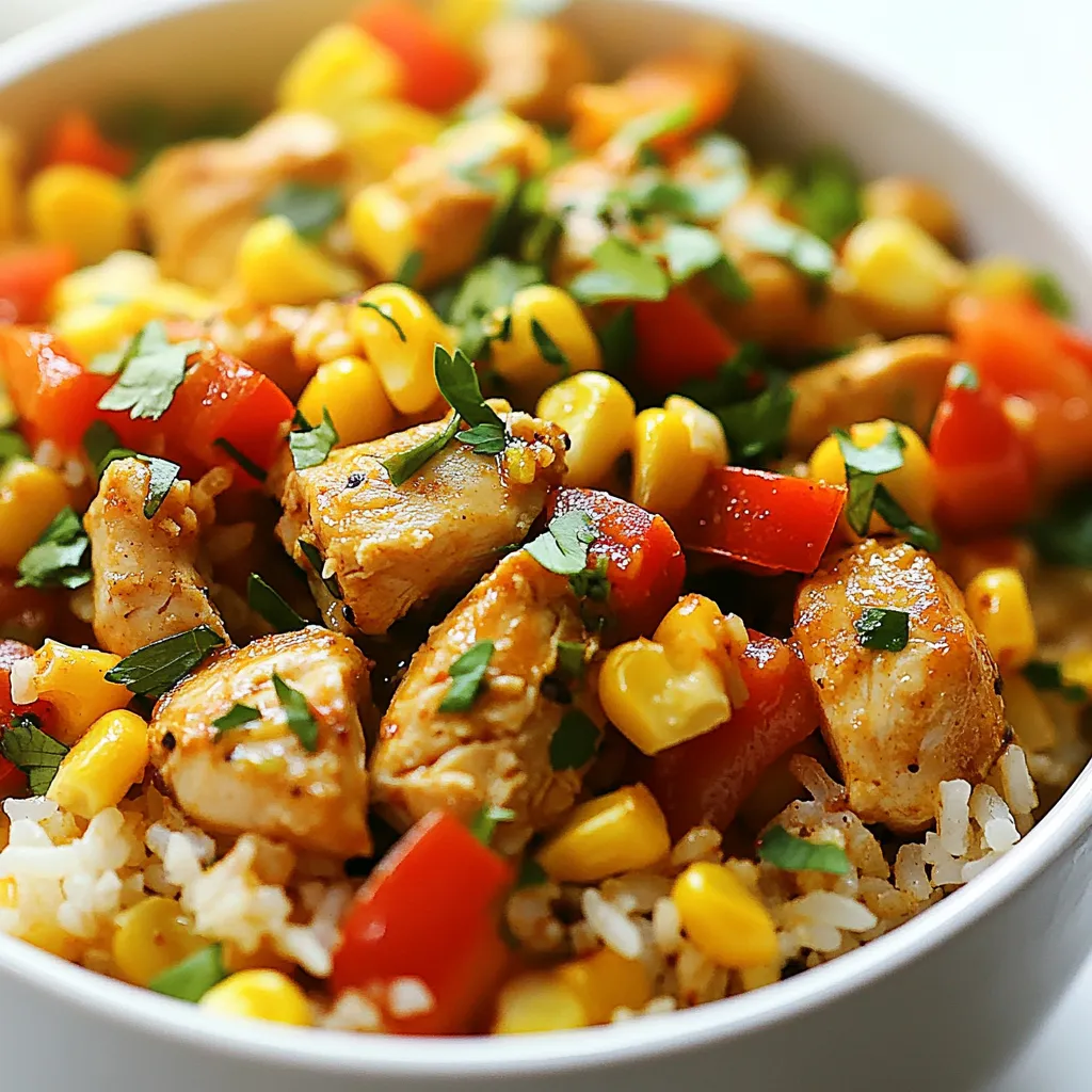 - 1 pound boneless, skinless chicken thighs, cut into bite-sized pieces - 1 cup long-grain white rice - 2 cups chicken broth - 1 medium onion, diced - 1 red bell pepper, diced - 1 green bell pepper, diced - 3 cloves garlic, minced For this dish, chicken thighs are the star. They stay juicy and cook well. I like using long-grain white rice. It absorbs flavors and cooks nicely. The vegetables add both color and crunch. Use fresh onion and bell peppers for the best taste. - 2 tablespoons Cajun seasoning - 1 teaspoon smoked paprika - 1/2 teaspoon cayenne pepper (adjust for spice preference) - Salt and pepper to taste Cajun seasoning gives this dish its kick. It brings warmth and spice. Smoked paprika adds a nice depth to the flavor too. If you want more heat, toss in cayenne pepper. Always taste as you go to get it just right. - Fresh parsley, chopped for garnish - Additional toppings Fresh parsley makes a great garnish. It adds brightness and color. You could also add cheese, sour cream, or avocado for extra flavor. These toppings can make your meal even more special. {{ingredient_image_1}} First, I heat 2 tablespoons of olive oil in a large skillet over medium-high heat. Next, I add 1 pound of diced chicken thighs. I season the chicken with salt, pepper, 2 tablespoons of Cajun seasoning, 1 teaspoon of smoked paprika, and 1/2 teaspoon of cayenne pepper. I cook the chicken until it turns brown and is fully cooked, about 6-8 minutes. Once done, I remove the chicken from the skillet and set it aside. In the same skillet, I add 1 medium diced onion and 1 diced red bell pepper along with 1 diced green bell pepper. I sauté the veggies for about 5 minutes until they are tender. Then, I add 3 minced cloves of garlic and cook for 1 more minute. The garlic adds a nice flavor to the dish. Next, I stir in 1 cup of long-grain white rice and cook it for 1-2 minutes. This step helps the rice soak up the flavors from the skillet. After that, I pour in 2 cups of chicken broth and 1 can of undrained diced tomatoes. I stir everything well and bring it to a simmer. I then reduce the heat to low. I add 1 cup of frozen corn and return the cooked chicken to the skillet. I cover it and let it simmer for about 20 minutes, or until the rice is tender and absorbs the liquid. After that, I fluff the rice with a fork and check the seasoning, adjusting if needed. Lastly, I let it sit for 5 minutes before serving. - To ensure tender chicken, cut it into bite-sized pieces. This helps it cook evenly. Season well with salt and spices before cooking. Sear it until browned for great flavor. - For perfect rice texture, use long-grain white rice. Rinse it before cooking to remove excess starch. This prevents clumping. Stir the rice gently when adding broth to keep it fluffy. - Adjust the spice level easily by changing the cayenne pepper. Add less for milder heat or more for a kick. You can also use a different Cajun blend. - To add more veggies, try adding zucchini or mushrooms. You can also mix in some spinach for added nutrients. This makes the dish colorful and healthy. - For the best sides, serve this dish with a fresh salad or crusty bread. Both options balance the meal's flavors. - Garnish with fresh parsley for a pop of color. You can also add a squeeze of lime for extra brightness. Serve with hot sauce on the side for those who love more heat. Pro Tips Use Quality Chicken: Choosing fresh, high-quality chicken thighs will enhance the flavor and texture of your dish. Adjust the Spice: Feel free to modify the amount of cayenne pepper to suit your heat preference; start with less and add more if desired. Resting Time: Letting the dish sit for a few minutes after cooking allows the flavors to meld together beautifully. Garnish for Freshness: Adding fresh parsley not only adds a pop of color but also a burst of freshness to balance the spices. {{image_2}} You can switch the chicken with other proteins. Shrimp is a great choice. It cooks fast and adds a nice flavor. You might also try pork or beef for a twist. If you want a vegetarian option, use firm tofu. It soaks up the spices well and gives a nice texture. If you want to change the base, rice is not the only option. Quinoa works well too. It adds protein and a nutty taste. Cauliflower rice is a good low-carb choice. It cooks fast and absorbs the spices nicely. Just remember to adjust the cooking time. You can mix up the spices to change the flavor. Try using Creole spices for a different taste. You can also add herbs like thyme or oregano. For a kick, toss in some jalapeños or hot sauce. Each change makes the dish unique and fun to explore! Store leftovers in an airtight container. This keeps them fresh and safe. Place the chicken rice skillet in the fridge within two hours of cooking. It will stay good for about 3 to 4 days. Always check for any off smells or changes in texture before eating. For longer storage, freeze the dish. Let it cool completely before packing. Use freezer-safe containers or bags to prevent freezer burn. Label each bag with the date. You can freeze it for up to 3 months. To reheat, thaw overnight in the fridge. Then, warm it in a skillet over medium heat until heated through. Add a splash of broth if it seems dry. Get creative with your leftovers! You can make a spicy chicken burrito by wrapping it in a tortilla. You could also create a zesty chicken salad by mixing it with greens and a tangy dressing. Another fun idea is to make a rice bowl topped with avocado and salsa. Transforming this dish keeps meals exciting and reduces waste! Yes, you can use brown rice. However, it needs more time to cook. Brown rice usually takes about 40-45 minutes, while white rice cooks in about 20 minutes. This longer time will change the texture too. Brown rice is chewier and has a nuttier flavor. White rice is softer and fluffier. If you do not have Cajun seasoning, you can use other spices. Try a mix of paprika, garlic powder, and onion powder. You can also add thyme and oregano for extra flavor. To make your own Cajun seasoning, mix: - 1 tablespoon paprika - 1 teaspoon garlic powder - 1 teaspoon onion powder - 1 teaspoon dried oregano - 1 teaspoon dried thyme - 1/2 teaspoon cayenne pepper (or more for heat) Yes, this dish is gluten-free if you use gluten-free chicken broth. Avoid any flour-based ingredients. Check your Cajun seasoning too, as some brands may add gluten. Using fresh, whole ingredients helps keep the dish safe for a gluten-free diet. This blog post covers the key ingredients for a tasty dish, step-by-step cooking instructions, and useful tips. You learned how to combine chicken, rice, and vegetables, along with Cajun seasoning for flavor. We also discussed variations, storage tips, and answers to common questions. Now it’s time to cook and enjoy your meal. Experiment with flavors and have fun! Happy cooking!