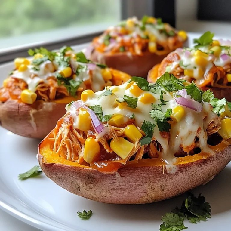 - 4 medium sweet potatoes - 2 cups cooked chicken, shredded - 1 cup BBQ sauce (your favorite brand) - 1 tablespoon olive oil - 1 teaspoon garlic powder - 1 teaspoon smoked paprika - 1/2 teaspoon salt - 1/2 teaspoon black pepper - 1 cup corn (fresh, frozen, or canned) - 1/2 cup red onion, finely diced - 1 cup shredded cheddar cheese - Fresh cilantro or parsley, for garnish - Optional: Greek yogurt or sour cream for serving I love using sweet potatoes because they are sweet and healthy. They add a nice twist to the dish. You will need about four medium sweet potatoes. Look for ones that are firm and free of blemishes. Next, we need cooked shredded chicken. You can use leftovers or buy rotisserie chicken. I recommend two cups for the right amount of protein. BBQ sauce is key in this recipe. Pick your favorite brand, as it adds flavor and moisture. A cup will be just right. Adding spices can really elevate the taste. Garlic powder and smoked paprika give depth to the chicken. Use one teaspoon of each, plus half a teaspoon each of salt and black pepper. For some color and crunch, I add corn and red onion. One cup of corn and half a cup of diced red onion will work well. Don’t forget the cheese! Shredded cheddar will melt beautifully on top. You will need one cup. To finish it off, I like to garnish with fresh cilantro or parsley. A dollop of Greek yogurt or sour cream is optional but adds a nice creaminess. Gathering all these ingredients will set you up for a tasty BBQ Chicken Stuffed Sweet Potato meal. {{ingredient_image_1}} 1. Preheat the oven and bake the potatoes: Start by heating your oven to 400°F (200°C). This step is vital to ensure your sweet potatoes cook evenly. 2. Creating pockets for filling: Once the oven is ready, wash and scrub the sweet potatoes. Prick them several times with a fork. This helps steam escape while they bake. Place the potatoes on a baking sheet. Bake for 45 to 60 minutes. They are done when a knife goes in easily. 1. Seasoning and warming the chicken: While the sweet potatoes bake, heat olive oil in a skillet over medium heat. Add 2 cups of cooked, shredded chicken to the pan. Sprinkle in 1 teaspoon of garlic powder, 1 teaspoon of smoked paprika, 1/2 teaspoon of salt, and 1/2 teaspoon of black pepper. Stir the chicken until it is heated through, which takes about 5 minutes. 2. Mixing in BBQ sauce and optional ingredients: Pour in 1 cup of your favorite BBQ sauce. Stir well to coat the chicken. Let this mixture simmer on low heat for about 3 to 5 minutes. If you want extra flavor, add 1 cup of corn to the skillet. This adds a nice texture and sweetness to your dish. 1. Filling the sweet potatoes: After the sweet potatoes cool slightly, cut each one in half lengthwise. Scoop out a small part of the flesh to make a pocket for your filling. 2. Topping with cheese and final baking: Fill each potato half with the BBQ chicken mixture. Top with 1 cup of shredded cheddar cheese. Return the stuffed potatoes to the oven for another 10 minutes. Bake until the cheese melts and bubbles. Now you have a delicious BBQ chicken stuffed sweet potato to enjoy! - Choosing the right sweet potatoes: Look for firm, smooth sweet potatoes. They should have no soft spots or blemishes. Medium-sized sweet potatoes work best for stuffing. - Ensuring tenderness after baking: Bake at 400°F (200°C) for 45-60 minutes. Prick them with a fork to let steam escape. They are done when a knife goes in easily. - Spice variations and additions: Add a pinch of cayenne for heat. Try chili powder for a smoky kick. Adjust spices to match your taste. - Recommended BBQ sauces: Use your favorite BBQ sauce. A sweeter sauce pairs well with sweet potatoes. Try a tangy sauce for a nice contrast. - Pairing sides for a complete meal: Serve with a fresh salad or coleslaw. Roasted vegetables or corn on the cob also make great sides. - Garnishing for presentation: Use fresh cilantro or parsley for color. A dollop of Greek yogurt or sour cream adds creaminess and makes the dish pop. Pro Tips Choose the Right Sweet Potatoes: Look for firm, unblemished sweet potatoes for the best texture and flavor. Make Ahead: You can prepare the BBQ chicken mixture in advance and store it in the fridge for up to three days, saving you time on busy nights. Customize Your Toppings: Feel free to add other toppings like avocado, jalapeños, or green onions for extra flavor and texture. Use Different Proteins: Swap the chicken for pulled pork, beef, or even plant-based proteins for a different twist on this dish. {{image_2}} You can switch the chicken for turkey or beef. Ground turkey works well and gives a lighter taste. Shredded beef adds a rich flavor that pairs nicely with BBQ sauce. For a vegetarian option, use black beans or lentils. They add protein and a hearty texture. You can also try tempeh or tofu for a great plant-based choice. Change the flavor by using sweet or spicy BBQ sauce. A sweet sauce gives a nice balance to the sweet potato. A spicy sauce adds a kick that many love. You can also toss in different vegetables, like bell peppers or zucchini, for added crunch. They blend well with the chicken and BBQ sauce. This dish can be gluten-free. Just make sure your BBQ sauce is gluten-free. Many brands offer great options. If you want a dairy-free meal, try using dairy-free cheese. These cheeses melt nicely and keep the dish creamy. These small changes can make the dish fit many diets without losing flavor. To keep your BBQ chicken stuffed sweet potatoes fresh, use proper refrigeration. First, let the stuffed potatoes cool down to room temperature. This helps avoid excess moisture inside the container. Next, wrap each potato in plastic wrap or place them in an airtight container. - Best containers to use: - Glass containers with tight lids - BPA-free plastic containers - Heavy-duty aluminum foil for wrapping These methods help keep your meal tasty for up to 3 days in the fridge. When it comes time to enjoy your leftovers, reheating them properly is key. You want to keep the sweet potatoes soft and the filling warm. - Best methods for retaining texture: - Oven method: Preheat your oven to 350°F (175°C). Place the stuffed potatoes on a baking sheet and cover them with foil. Heat for about 15-20 minutes. - Microwave method: Place a potato on a microwave-safe plate. Heat for 1-2 minutes, checking if it’s warm enough. If you want the cheese to melt again, the oven is the best choice. The microwave is quicker but may make the potatoes a bit soggy. Choose the method that fits your needs! How do I know when sweet potatoes are done? You can tell sweet potatoes are done when they are soft and tender. Use a knife to poke them. If the knife goes in easily, they are ready. The skin may also look a bit wrinkly. Can I make this recipe ahead of time? Yes, you can make this dish ahead. Prepare the sweet potatoes and the BBQ chicken mixture. Store them separately in the fridge. When you are ready, just fill the potatoes and bake them. What other ingredients can I add? You can add many things to this recipe. Try adding black beans for protein or diced peppers for crunch. Avocado is also a great topping. Get creative with ingredients you love! Caloric content per serving Each serving has about 400 calories. This can vary based on the BBQ sauce you choose. Always check the label for precise numbers. Macronutrient breakdown - Protein: 30 grams - Carbs: 50 grams - Fat: 10 grams This dish gives you a good mix of nutrients to keep you full. Preparing components in advance You can cook the sweet potatoes and chicken in advance. Bake the sweet potatoes and shred the chicken. Store each in separate containers. This makes it easy to put together when you are ready to eat. Best ways to freeze leftovers To freeze leftovers, let the stuffed sweet potatoes cool completely. Wrap each one in plastic wrap. Place them in a freezer bag, and label it with the date. You can keep them in the freezer for up to three months. You now have all the tools to make delicious BBQ chicken stuffed sweet potatoes. We covered the key ingredients, from sweet potatoes to toppings. You learned step-by-step instructions, cooking tips, and storage advice. We also explored tasty variations and answered common questions. Memorize these tips, enjoy the process, and let your creativity shine. This dish is not only easy to make but also fun to share. Dive in and savor every bite!