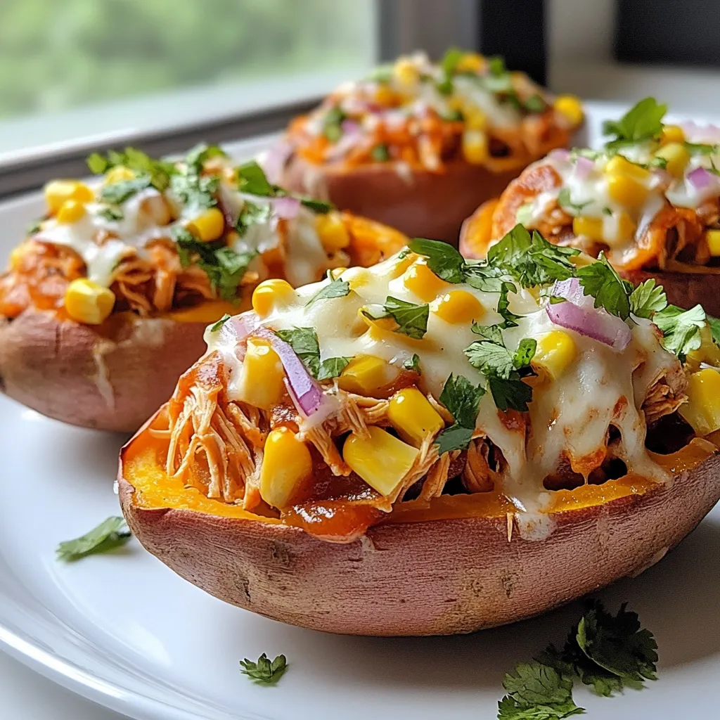 - 4 medium sweet potatoes - 2 cups cooked chicken, shredded - 1 cup BBQ sauce (your favorite brand) - 1 tablespoon olive oil - 1 teaspoon garlic powder - 1 teaspoon smoked paprika - 1/2 teaspoon salt - 1/2 teaspoon black pepper - 1 cup corn (fresh, frozen, or canned) - 1/2 cup red onion, finely diced - 1 cup shredded cheddar cheese - Fresh cilantro or parsley, for garnish - Optional: Greek yogurt or sour cream for serving I love using sweet potatoes because they are sweet and healthy. They add a nice twist to the dish. You will need about four medium sweet potatoes. Look for ones that are firm and free of blemishes. Next, we need cooked shredded chicken. You can use leftovers or buy rotisserie chicken. I recommend two cups for the right amount of protein. BBQ sauce is key in this recipe. Pick your favorite brand, as it adds flavor and moisture. A cup will be just right. Adding spices can really elevate the taste. Garlic powder and smoked paprika give depth to the chicken. Use one teaspoon of each, plus half a teaspoon each of salt and black pepper. For some color and crunch, I add corn and red onion. One cup of corn and half a cup of diced red onion will work well. Don’t forget the cheese! Shredded cheddar will melt beautifully on top. You will need one cup. To finish it off, I like to garnish with fresh cilantro or parsley. A dollop of Greek yogurt or sour cream is optional but adds a nice creaminess. Gathering all these ingredients will set you up for a tasty BBQ Chicken Stuffed Sweet Potato meal. {{ingredient_image_1}} 1. Preheat the oven and bake the potatoes: Start by heating your oven to 400°F (200°C). This step is vital to ensure your sweet potatoes cook evenly. 2. Creating pockets for filling: Once the oven is ready, wash and scrub the sweet potatoes. Prick them several times with a fork. This helps steam escape while they bake. Place the potatoes on a baking sheet. Bake for 45 to 60 minutes. They are done when a knife goes in easily. 1. Seasoning and warming the chicken: While the sweet potatoes bake, heat olive oil in a skillet over medium heat. Add 2 cups of cooked, shredded chicken to the pan. Sprinkle in 1 teaspoon of garlic powder, 1 teaspoon of smoked paprika, 1/2 teaspoon of salt, and 1/2 teaspoon of black pepper. Stir the chicken until it is heated through, which takes about 5 minutes. 2. Mixing in BBQ sauce and optional ingredients: Pour in 1 cup of your favorite BBQ sauce. Stir well to coat the chicken. Let this mixture simmer on low heat for about 3 to 5 minutes. If you want extra flavor, add 1 cup of corn to the skillet. This adds a nice texture and sweetness to your dish. 1. Filling the sweet potatoes: After the sweet potatoes cool slightly, cut each one in half lengthwise. Scoop out a small part of the flesh to make a pocket for your filling. 2. Topping with cheese and final baking: Fill each potato half with the BBQ chicken mixture. Top with 1 cup of shredded cheddar cheese. Return the stuffed potatoes to the oven for another 10 minutes. Bake until the cheese melts and bubbles. Now you have a delicious BBQ chicken stuffed sweet potato to enjoy! - Choosing the right sweet potatoes: Look for firm, smooth sweet potatoes. They should have no soft spots or blemishes. Medium-sized sweet potatoes work best for stuffing. - Ensuring tenderness after baking: Bake at 400°F (200°C) for 45-60 minutes. Prick them with a fork to let steam escape. They are done when a knife goes in easily. - Spice variations and additions: Add a pinch of cayenne for heat. Try chili powder for a smoky kick. Adjust spices to match your taste. - Recommended BBQ sauces: Use your favorite BBQ sauce. A sweeter sauce pairs well with sweet potatoes. Try a tangy sauce for a nice contrast. - Pairing sides for a complete meal: Serve with a fresh salad or coleslaw. Roasted vegetables or corn on the cob also make great sides. - Garnishing for presentation: Use fresh cilantro or parsley for color. A dollop of Greek yogurt or sour cream adds creaminess and makes the dish pop. Pro Tips Choose the Right Sweet Potatoes: Look for firm, unblemished sweet potatoes for the best texture and flavor. Make Ahead: You can prepare the BBQ chicken mixture in advance and store it in the fridge for up to three days, saving you time on busy nights. Customize Your Toppings: Feel free to add other toppings like avocado, jalapeños, or green onions for extra flavor and texture. Use Different Proteins: Swap the chicken for pulled pork, beef, or even plant-based proteins for a different twist on this dish. {{image_2}} You can switch the chicken for turkey or beef. Ground turkey works well and gives a lighter taste. Shredded beef adds a rich flavor that pairs nicely with BBQ sauce. For a vegetarian option, use black beans or lentils. They add protein and a hearty texture. You can also try tempeh or tofu for a great plant-based choice. Change the flavor by using sweet or spicy BBQ sauce. A sweet sauce gives a nice balance to the sweet potato. A spicy sauce adds a kick that many love. You can also toss in different vegetables, like bell peppers or zucchini, for added crunch. They blend well with the chicken and BBQ sauce. This dish can be gluten-free. Just make sure your BBQ sauce is gluten-free. Many brands offer great options. If you want a dairy-free meal, try using dairy-free cheese. These cheeses melt nicely and keep the dish creamy. These small changes can make the dish fit many diets without losing flavor. To keep your BBQ chicken stuffed sweet potatoes fresh, use proper refrigeration. First, let the stuffed potatoes cool down to room temperature. This helps avoid excess moisture inside the container. Next, wrap each potato in plastic wrap or place them in an airtight container. - Best containers to use: - Glass containers with tight lids - BPA-free plastic containers - Heavy-duty aluminum foil for wrapping These methods help keep your meal tasty for up to 3 days in the fridge. When it comes time to enjoy your leftovers, reheating them properly is key. You want to keep the sweet potatoes soft and the filling warm. - Best methods for retaining texture: - Oven method: Preheat your oven to 350°F (175°C). Place the stuffed potatoes on a baking sheet and cover them with foil. Heat for about 15-20 minutes. - Microwave method: Place a potato on a microwave-safe plate. Heat for 1-2 minutes, checking if it’s warm enough. If you want the cheese to melt again, the oven is the best choice. The microwave is quicker but may make the potatoes a bit soggy. Choose the method that fits your needs! How do I know when sweet potatoes are done? You can tell sweet potatoes are done when they are soft and tender. Use a knife to poke them. If the knife goes in easily, they are ready. The skin may also look a bit wrinkly. Can I make this recipe ahead of time? Yes, you can make this dish ahead. Prepare the sweet potatoes and the BBQ chicken mixture. Store them separately in the fridge. When you are ready, just fill the potatoes and bake them. What other ingredients can I add? You can add many things to this recipe. Try adding black beans for protein or diced peppers for crunch. Avocado is also a great topping. Get creative with ingredients you love! Caloric content per serving Each serving has about 400 calories. This can vary based on the BBQ sauce you choose. Always check the label for precise numbers. Macronutrient breakdown - Protein: 30 grams - Carbs: 50 grams - Fat: 10 grams This dish gives you a good mix of nutrients to keep you full. Preparing components in advance You can cook the sweet potatoes and chicken in advance. Bake the sweet potatoes and shred the chicken. Store each in separate containers. This makes it easy to put together when you are ready to eat. Best ways to freeze leftovers To freeze leftovers, let the stuffed sweet potatoes cool completely. Wrap each one in plastic wrap. Place them in a freezer bag, and label it with the date. You can keep them in the freezer for up to three months. You now have all the tools to make delicious BBQ chicken stuffed sweet potatoes. We covered the key ingredients, from sweet potatoes to toppings. You learned step-by-step instructions, cooking tips, and storage advice. We also explored tasty variations and answered common questions. Memorize these tips, enjoy the process, and let your creativity shine. This dish is not only easy to make but also fun to share. Dive in and savor every bite!