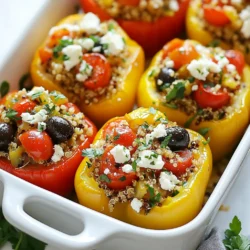 - 4 large bell peppers (any color) - 1 cup quinoa (rinsed) - 2 cups vegetable broth - 1 cup feta cheese, crumbled - 1 cup cherry tomatoes, halved - ½ cup black olives, sliced - 1 small red onion, finely chopped - 2 cloves garlic, minced - 1 teaspoon dried oregano - 1 teaspoon dried thyme - 2 tablespoons olive oil - Salt and pepper to taste - Fresh parsley or dill for garnish Greek stuffed bell peppers are a colorful and tasty dish. You can use any color bell pepper. I love using red, yellow, or green for a vibrant look. Each pepper will hold a yummy filling. The base of the filling is quinoa. It’s a great grain that cooks fast. First, rinse it to remove any bitter taste. Then, cook it in vegetable broth for extra flavor. Next, we add feta cheese. It gives a creamy texture and salty taste. Cherry tomatoes add freshness, while black olives bring a nice briny touch. Don't forget the red onion and garlic! They add depth to the dish. I always chop the onion finely and mince the garlic for even flavor. Herbs like oregano and thyme boost the taste. They remind me of sunny days in Greece. Olive oil brings it all together and adds richness. Finally, season with salt and pepper. You want to balance the flavors. As a finishing touch, I like to garnish with fresh parsley or dill. It makes the dish look beautiful and adds a pop of color. This mix creates a hearty meal that’s fun to make and even better to eat. {{ingredient_image_1}} First, preheat your oven to 375°F (190°C). While the oven heats, take four large bell peppers. Cut off the tops and remove the seeds and membranes. This step helps the peppers cook evenly and hold the filling well. Once cleaned, lightly brush the outside of each pepper with olive oil. This adds flavor and helps them brown nicely. In a medium pot, combine one cup of rinsed quinoa with two cups of vegetable broth. Bring this mixture to a boil over medium-high heat. After it boils, lower the heat to a simmer. Cover the pot and let it cook for about 15 minutes. You'll know it's ready when the quinoa is fluffy and the broth is all absorbed. Now, grab a large skillet and heat two tablespoons of olive oil over medium heat. Add one finely chopped small red onion and two cloves of minced garlic. Sauté these for about five minutes. You want the onion to become soft and see-through. This mix will make your kitchen smell amazing! Once the quinoa is cooked, add it to the skillet with the onion and garlic. Now, add one cup of crumbled feta cheese, one cup of halved cherry tomatoes, and half a cup of sliced black olives. Season this mixture with one teaspoon of dried oregano, one teaspoon of dried thyme, salt, and pepper to taste. Stir everything together until it’s well combined. This filling is packed with flavor and nutrients! Take each prepared bell pepper and carefully fill it with the quinoa mixture. Pack it tightly but gently so it holds together. Make sure every pepper is full and ready to go. Now, place the stuffed peppers upright in a baking dish. Cover the dish with aluminum foil and bake for 25 minutes. After that, remove the foil and bake for another 10 minutes. This last step helps the tops brown nicely while the peppers soften. You want them to be tender and have a little char for that perfect taste. To get the best texture and flavor in your stuffed peppers, fill them well. Pack the quinoa mixture tightly inside. This helps keep the filling from falling out. Always choose firm peppers so they hold their shape while cooking. For even cooking, place the peppers upright in a baking dish. This way, they bake evenly all around. Cover the dish with foil during the first part of baking. This helps steam the peppers, making them tender. Remove the foil for the last 10 minutes to get a nice char. Using fresh herbs can make a big difference. Fresh parsley or dill adds a pop of flavor. They also bring bright color to your dish. If you only have dried herbs, that's okay! Just remember to use less. Dried herbs are stronger, so one-third the amount works well. If you want more flavor, you can try mixing fresh and dried herbs. This gives you a nice balance. You can adjust based on your taste. Want to add more flavor? Consider adding some extras to your filling. Chopped spinach can add nutrients and color. You can also toss in some cooked chickpeas for extra protein. If you like a kick, add some chopped jalapeños or red pepper flakes. Nuts like pine nuts can add a nice crunch. Just be sure to mix them in well with the other ingredients. Pro Tips Choose Colorful Peppers: Using a mix of colored bell peppers not only enhances the visual appeal of the dish but also adds subtle variations in flavor. Rinse Quinoa Thoroughly: Always rinse quinoa before cooking to remove its natural coating, saponin, which can impart a bitter taste. Customize Your Filling: Feel free to add other ingredients like spinach, artichokes, or even ground meat to the quinoa filling for a personal twist. Let Them Rest: Allow the stuffed peppers to rest for a few minutes after baking; this helps the flavors meld together and makes them easier to serve. {{image_2}} For those who crave meat, you can add ground meat to your Greek stuffed peppers. Ground beef or lamb works well. Brown the meat in the skillet before adding the onions and garlic. This step adds both flavor and heartiness to the dish. Mix the cooked meat into the quinoa filling. Then stuff the peppers as usual. You will get a protein-packed meal that feels more filling. If you prefer plant-based options, there are many ways to make these stuffed peppers vegetarian. You can replace the quinoa with other grains like rice or farro. Add more vegetables, such as zucchini or spinach, to the filling. You can also use vegan cheese instead of feta. These choices keep the dish tasty while making it meat-free. This recipe is naturally gluten-free! Quinoa is a great choice because it is gluten-free. Just make sure to check the vegetable broth label. Some broths may contain gluten. If you want to add grains, use gluten-free rice or millet. This way, everyone can enjoy this delicious meal without worry. To keep your Greek stuffed bell peppers fresh, store them in an airtight container. Place them in the fridge right after they cool. They stay good for about 3 to 4 days. If you want to enjoy them later, make sure to check them for any signs of spoilage. Freezing stuffed peppers is a great way to save them for later. Let the peppers cool completely. Wrap each pepper in plastic wrap or foil. Place them in a freezer-safe bag or container. They can last up to 3 months in the freezer. When you're ready to eat, just thaw them overnight in the fridge. To reheat your stuffed peppers, use the oven for best results. Preheat it to 350°F (175°C). Place the peppers in a baking dish and cover them with foil. Heat for about 20 minutes. This method keeps the flavors and texture intact. You can also use a microwave, but be careful. Heat them in short bursts to avoid drying them out. Yes, you can use brown rice, farro, or bulgur. Brown rice takes about 40-45 minutes to cook. Farro cooks in about 30 minutes, while bulgur only needs 12-15 minutes. Make sure to adjust the liquid based on the grain you choose. You can use goat cheese for a similar flavor. For a dairy-free option, try almond feta or tofu. Nutritional yeast also adds a cheesy flavor without dairy. Look for tender skins and slight charring on the outside. You can also check the filling; it should be hot throughout. A fork should easily pierce the pepper. Yes, you can prep them a day ahead. Stuff the peppers and store them in the fridge. Just bake them when you are ready. You can also freeze unbaked peppers for future meals. Stuffed bell peppers offer a fun and tasty way to enjoy healthy ingredients. We covered the essentials: ingredients, step-by-step cooking, tips for the best results, and storage advice. Use quinoa, veggies, and your favorite spices for a dish full of flavor. Remember, you can adapt it to fit your taste, whether you prefer meat, vegetarian, or gluten-free options. With these insights, you can make delicious stuffed peppers anytime. Happy cooking!