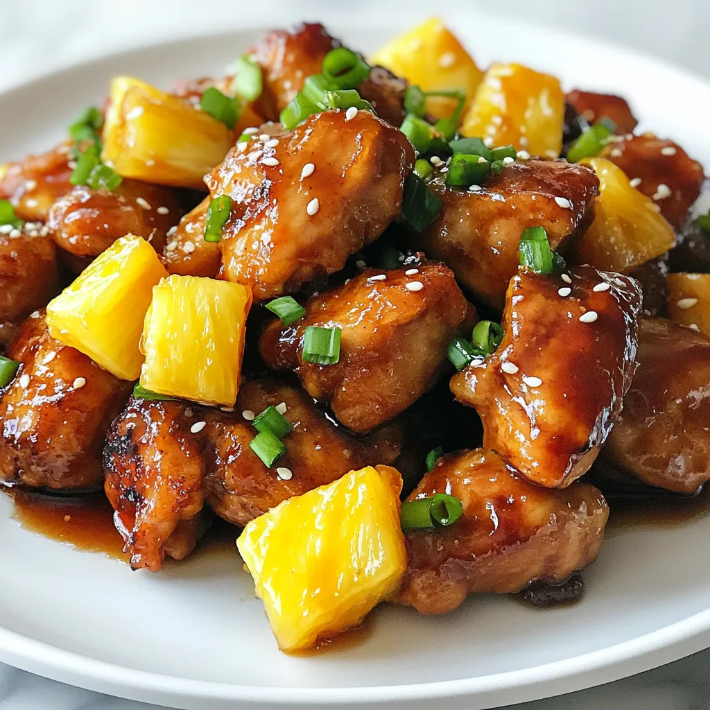 - 2 lbs boneless, skinless chicken thighs, cut into bite-sized pieces - 1 cup fresh pineapple, diced - 1/2 cup low-sodium soy sauce - 1/4 cup apple cider vinegar - 1/4 cup honey - 1 tablespoon grated fresh ginger - 3 cloves garlic, minced - 1 teaspoon sesame oil - Green onions, chopped (for garnish) - Sesame seeds (for garnish) In this recipe, chicken thighs are the star. They are juicy and tender. Fresh pineapple adds a sweet twist. The marinade is easy to make and full of flavor. You mix soy sauce, apple cider vinegar, and honey. This blend gives a nice balance of sweet and tangy. You also add ginger, garlic, and sesame oil for depth. Ginger brings warmth, while garlic adds a punch. Sesame oil adds a nutty flavor. When you combine these ingredients, they create a perfect coating for the chicken. Don't forget the garnishes! Chopped green onions add a fresh crunch. Sesame seeds give a nice finish. Together, these ingredients will make a delightful Pineapple Bourbon Chicken that you’ll want to enjoy again and again. {{ingredient_image_1}} To start, you need to prepare the marinade. In a large mixing bowl, combine the soy sauce, apple cider vinegar, honey, grated ginger, minced garlic, and sesame oil. Mix everything well. This mix will give your chicken a lot of flavor. Next, add the chicken pieces into the marinade. Make sure each piece is well coated. Cover the bowl and place it in the fridge. Let it marinate for at least 30 minutes. If you have time, marinating for two hours gives even better taste. Heat a large skillet or wok over medium heat. Add the marinated chicken to the skillet. Remember to keep some marinade for later. Cook the chicken for about 5 to 7 minutes. Stir frequently to prevent sticking. Once it turns brown and is fully cooked, remove the chicken from the skillet. Set it aside. In the same skillet, pour in the reserved marinade. Bring it to a simmer. This part is key for the sauce’s flavor. After a minute, add the diced pineapple. Stir the mix for about 3 to 4 minutes. You want the pineapple to warm up and the sauce to thicken slightly. Now, it's time to thicken the sauce. Mix the cornstarch with two tablespoons of water to make a slurry. Stir this mixture into the sauce. Cook for another 1 to 2 minutes. The sauce should thicken nicely and be ready for the chicken. Return the cooked chicken to the skillet. Toss everything together so the chicken is well coated in the thickened sauce. Let it cook for another 2 minutes. This step helps the chicken absorb all those delicious flavors. After that, your Pineapple Bourbon Chicken is ready to serve! Marination time Marinating the chicken is key. I suggest at least 30 minutes. For a deeper taste, aim for 2 hours. This lets the flavors soak in well. Ingredient substitutions Don't have all the ingredients? You can swap soy sauce for coconut aminos. This gives a sweeter touch. For honey, maple syrup works great too. Each change can make the dish unique. Cooking time adjustments Watch your cooking time. If you cut the chicken smaller, it cooks faster. Typically, 5-7 minutes is enough. Ensure it’s cooked through but not dry. Using fresh pineapple Fresh pineapple adds a bright taste. It keeps the dish juicy. Canned pineapple can work, but the fresh version shines. Best side dishes Serve Pineapple Bourbon Chicken with rice or quinoa. Steamed broccoli or snap peas add color and crunch. A simple side salad also pairs nicely. Presentation ideas Make the dish pop with garnishes. I love using green onions and sesame seeds. Serve it in a bowl with the sauce drizzled on top. This makes it look fancy and inviting! Pro Tips Marinating Time: The longer you marinate the chicken, the more flavor it will absorb. Aim for at least 2 hours for the best results. Fresh Pineapple: Using fresh pineapple enhances the flavor and texture of the dish compared to canned pineapple. Thickening the Sauce: Ensure the cornstarch slurry is well mixed before adding it to the sauce to avoid clumps. Serving Suggestions: This dish pairs wonderfully with steamed rice or stir-fried vegetables to soak up the delicious sauce. {{image_2}} You can spice up your Pineapple Bourbon Chicken in a few easy ways. If you like heat, add chili flakes to the marinade. Start with a pinch, and adjust to your taste. For a sweeter twist, mix in brown sugar. This adds a nice caramel flavor. Both options let you make this dish your own. Not a fan of chicken? No problem! You can use pork or tofu instead. Pork brings a rich flavor that pairs well with pineapple. Tofu is a great choice for a lighter option. It soaks up the marinade well. You can also try shrimp or scallops for a seafood twist. They cook quickly and add a nice touch. You can cook this dish in several ways. For a slow cooker version, place the marinated chicken in the cooker. Cook on low for 4-6 hours. This will make the chicken very tender. If you prefer grilling, marinate the chicken and grill it over medium heat. Add the pineapple on the grill for extra flavor. Each method brings its own fun twist to this meal. To keep your Pineapple Bourbon Chicken fresh, use proper storage containers. Glass or BPA-free plastic containers work well. Make sure the chicken is cool before sealing. Store it in the fridge for up to 3 days. If you plan to eat it later, it's best to freeze it. You can freeze the cooked chicken for up to 3 months. Allow it to cool completely before packing it into airtight bags. Remove as much air as possible to prevent freezer burn. To thaw, place the chicken in the fridge overnight. If you need it faster, you can use the microwave. For reheating, use the stovetop or microwave. On the stovetop, heat it in a skillet over medium heat. Add a splash of water to keep it moist. In the microwave, use a microwave-safe dish. Heat in short bursts, stirring in between, until hot. This helps maintain the flavor and texture. Yes, you can use different cuts of chicken. Chicken breast is a great option. It is lean and cooks well in this dish. You might also use drumsticks or wings. Just adjust the cooking time. Thighs are juicier, but other cuts will work too. To add heat, try these options: - Add red pepper flakes for a quick kick. - Use sriracha or chili paste for a bold flavor. - Slice fresh jalapeños and mix them in. - Spicy mustard can also add nice heat. Yes, you can prepare it ahead of time. Marinate the chicken the night before. This allows the flavors to soak in. You can cook it and store it in the fridge for up to three days. Just reheat it before serving. This dish pairs well with several sides: - Steamed rice complements the sauce well. - Fresh green salad adds a crisp touch. - Roasted vegetables bring color and flavor. - For drinks, try iced tea or a light beer. In this post, we explored Pineapple Bourbon Chicken, focusing on its tasty ingredients and easy steps. We covered how to marinate chicken, cook it, and make a flavorful sauce. I shared tips for enhancing flavors and suggested variations to try. Proper storage and reheating methods ensure your dish stays fresh. In conclusion, enjoy this recipe's rich taste and adjust it to your liking. Cooking should be fun, so dive in and make it your own!