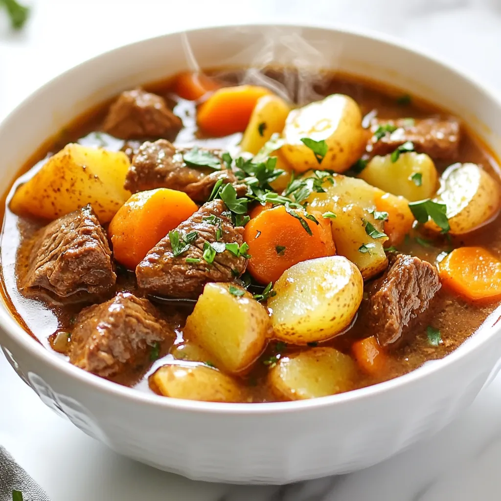 - 2 pounds beef chuck, cut into 1-inch cubes - 4 medium potatoes, diced - 3 carrots, sliced - 1 onion, chopped - 3 cloves garlic, minced To start, beef chuck is the star of this dish. It gives the stew a rich taste and tender texture. Cut it into 1-inch cubes for even cooking. Next, you need potatoes for heartiness. Dice them into bite-sized pieces. Carrots add sweetness and color. Slice them thin for quick cooking. Onion and garlic bring depth to the flavor. Chop the onion and mince the garlic to release their natural oils. - 4 cups beef broth - 2 tablespoons tomato paste - 2 teaspoons dried thyme - 1 teaspoon rosemary - 1 tablespoon Worcestershire sauce - Salt and pepper to taste The broth is key for moisture and flavor. Use beef broth for its rich, savory taste. Tomato paste adds body and a slight tang. Thyme and rosemary provide warmth and earthiness. Worcestershire sauce enhances umami. Finally, always season with salt and pepper to bring out all the flavors. - 1 cup frozen peas - 2 tablespoons cornstarch (optional for thickening) If you want extra color and nutrition, add frozen peas. They cook quickly and brighten the stew. For a thicker stew, use cornstarch. Mix it with water to create a slurry. Stir it in during the last 30 minutes of cooking for the best results. {{ingredient_image_1}} Start by getting all your veggies ready. Chop the onion into small pieces. Dice the potatoes into cubes. Slice the carrots into rounds. Mince the garlic cloves finely. Make sure you have everything prepped for smooth cooking. If you want more flavor, brown the beef first. Heat a skillet over medium heat. Add the beef cubes and cook for 5-7 minutes. Make sure the beef is brown on all sides. This step adds deep flavor but can be skipped if you’re in a hurry. Now, it’s time to load the crockpot. Place the beef in first, then add the chopped potatoes, sliced carrots, and onion. Sprinkle the minced garlic on top. This mix creates a great base for your stew. Next, let’s make the broth. In a separate bowl, combine the beef broth, tomato paste, thyme, rosemary, and Worcestershire sauce. Add salt and pepper to taste. Stir until the tomato paste blends well. This mixture adds a rich flavor to your stew. Pour the broth mixture over the beef and veggies in the crockpot. Stir gently to cover everything. Cover the pot and cook on low for 7-8 hours. If you choose high, cook for 4-5 hours. The beef should be tender and veggies cooked through when done. About 30 minutes before serving, stir in the frozen peas. If you like your stew thicker, mix 2 tablespoons of cornstarch with water to make a slurry. Add it to the stew and stir gently. Let it cook for another 30 minutes to thicken up nicely. Browning the beef before slow cooking makes a big difference. It adds a rich flavor and deep color. When you sear the meat, it creates a tasty crust. This crust gives your stew a wonderful taste. If you have time, don’t skip this step. It will make your stew even better. To make your stew thick, there are easy options. You can use cornstarch. Mix it with water to create a slurry. Stir it into the stew about 30 minutes before serving. This will give your stew a nice, hearty consistency. You can also mash some of the potatoes in the stew. This adds thickness without extra ingredients. Garnishing your stew can make it look even more inviting. Fresh parsley adds a pop of color. It also gives a nice hint of flavor. Serve your stew in deep bowls while hot. Pair it with crusty bread for dipping. This adds a wonderful texture and makes the meal complete. Enjoy the warmth and comfort of this hearty dish! Pro Tips Brown the Beef for Extra Flavor: Searing the beef before adding it to the crockpot enhances the overall flavor of the stew. It creates a rich, caramelized crust that deepens the taste. Use Fresh Herbs for a Lively Taste: If available, substitute dried thyme and rosemary with fresh herbs. Fresh herbs can elevate the flavor profile and add a vibrant aroma to your stew. Adjust Thickness to Your Preference: If you like a thicker stew, be sure to add the cornstarch slurry towards the end of cooking. This prevents the stew from becoming too thick and ensures a perfect consistency. Let It Rest for Best Flavor: Allowing the stew to sit for about 30 minutes after cooking can help the flavors meld together, resulting in a more delicious final dish. {{image_2}} When it comes to beef stew, you can make it your own. Here are some fun ways to change things up. You can swap out some veggies or protein in your stew. If you don't have potatoes, try using sweet potatoes or parsnips. They add a nice sweetness. For carrots, you could use turnips or even bell peppers. If beef isn't your thing, you can use chicken or turkey instead. Just remember to adjust the cooking time. If you follow a gluten-free diet, choose gluten-free broth. Many brands offer this option. You can also skip the Worcestershire sauce or use a gluten-free version. To make a low-sodium stew, pick low-sodium broth and cut down on added salt. This way, you still enjoy the flavor without extra sodium. Want to add some flair? Try different spices! Add cumin and chili powder for a Mexican twist. Or, use curry powder for an Indian touch. You can also stir in soy sauce or sesame oil for an Asian flavor. These changes can give your stew a whole new vibe. To store leftover stew, let it cool first. Pour it into an airtight container. Make sure the lid seals well. Place it in the fridge. Your beef stew will stay fresh for up to four days. When you're ready to eat, just reheat it on the stove or in the microwave. For freezing, use a freezer-safe container. It’s best to leave some space at the top. This allows the stew to expand as it freezes. Beef stew can last for up to three months in the freezer. When you want to eat it, thaw it overnight in the fridge. Then, reheat it on the stove or in the microwave. Stir occasionally for even heating. You can keep beef stew in the fridge for up to four days. If you freeze it, it'll last for three months. After that, the flavors may fade, and texture may change. Always check for off smells or signs of spoilage before eating. Yes, you can! If you want to change the cut, try using brisket or round. Both cuts work well in slow cooking. Brisket offers a rich flavor, while round is leaner but still tasty. Choose what you like best! To add some heat, mix in red pepper flakes or diced jalapeños. Start with a small amount, and taste as you go. You can also use spicy sauce, like hot sauce or sriracha, for an extra kick. Spice it up to match your taste! Beef stew pairs well with crusty bread or warm rolls. A simple green salad also complements the meal nicely. For a heartier option, try serving it with mashed potatoes or rice. Each side adds a nice touch to your stew! Yes, you can! Just set your crockpot on low and let it cook. This way, you wake up to a warm, ready meal. Make sure to check your crockpot's timer. Enjoy the comfort of a hot stew waiting for you! You can make a hearty beef stew with simple steps. We covered the key ingredients like beef and veggies, along with delicious seasonings. I shared the step-by-step process for cooking and tips to enhance flavor. Remember, you can customize the stew with different ingredients and dietary choices. Proper storage keeps leftovers fresh for future meals. With this guide, you can enjoy a warm bowl of stew anytime. Happy cooking!