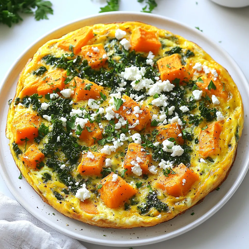 - 1 large sweet potato, peeled and diced - 2 cups kale, stems removed and chopped - 1 small onion, diced - 2 cloves garlic, minced - Fresh parsley, chopped (for garnish) - 6 large eggs - 1/2 cup milk (dairy or plant-based) - 2 tablespoons olive oil - Salt and pepper to taste - 1/4 teaspoon smoked paprika - 1/2 cup crumbled feta cheese {{ingredient_image_1}} First, gather your ingredients. You need: - 1 large sweet potato, peeled and diced - 2 cups kale, stems removed and chopped - 6 large eggs - 1/2 cup milk (dairy or plant-based) - 1 small onion, diced - 2 cloves garlic, minced - 2 tablespoons olive oil - Salt and pepper to taste - 1/4 teaspoon smoked paprika - Fresh parsley, chopped for garnish Start by peeling and dicing the sweet potato. Chop the kale and onion. Mince the garlic. This step makes cooking easier and faster. Heat olive oil in a large oven-safe skillet over medium heat. Add the diced onion and cook for about five minutes. Stir until the onion turns clear. Next, add the sweet potato. Cook for 10-12 minutes. Stir often to stop it from sticking. The sweet potato should start to soften. Now, add the minced garlic and chopped kale. Cook for another 3-5 minutes. You want the kale to wilt down nicely. This mix will give your frittata great flavor. In a mixing bowl, whisk the eggs and milk together. Add smoked paprika, salt, and pepper. Mix until everything is combined. Pour the egg mixture over the sweet potato and kale in the skillet. Stir gently to mix. If you want to add feta cheese, sprinkle it on top now. Cook on the stovetop for 2-3 minutes. Look for the edges to start setting. Then, transfer the skillet to your preheated oven at 375°F (190°C). Bake for 15-20 minutes. The frittata is done when it is set in the middle and golden on top. Once cooked, let it cool for a few minutes. Garnish with chopped parsley before slicing. Enjoy your nourishing meal! When picking sweet potatoes, look for ones that are firm and smooth. Avoid those with soft spots or cracks. The skin should be a rich orange color. Smaller sweet potatoes often have a sweeter flavor. If you can, choose organic options for better taste and health. To make sure your frittata cooks evenly, cut the sweet potatoes into small, equal pieces. This helps them cook at the same rate. Sauté them until they start to soften before adding other ingredients. Stirring gently can also help the kale and other veggies cook well. This frittata is easy to adjust for different diets. You can use plant-based milk to make it dairy-free. If you want it vegan, swap the eggs for a chickpea flour mix. You can also skip the feta cheese or use a dairy-free version. Feel free to add your favorite veggies to suit your taste. Pro Tips Choose the Right Sweet Potato: Opt for a firm sweet potato that is free of blemishes to ensure even cooking and flavor. Test for Doneness: Insert a toothpick in the center of the frittata; if it comes out clean, it's ready to be taken out of the oven. Customize Your Greens: Feel free to substitute kale with spinach or Swiss chard for a different flavor profile. Storage Tips: Store leftovers in an airtight container in the fridge for up to 3 days, and reheat in the oven for best texture. {{image_2}} You can mix in various veggies to your frittata. Bell peppers, spinach, or zucchini work great. Just chop them up and add them to your skillet. You can even use leftover veggies from your fridge. This adds color and flavor. Feta cheese is tasty, but you can swap it for other cheeses. Goat cheese gives a tangy flavor. Cheddar offers a rich taste. You can also use dairy-free cheese for a vegan option. Choose what fits your taste and diet. Herbs and spices make your frittata shine. Fresh herbs like basil or thyme add a nice touch. You can also use dried herbs like oregano or rosemary. A sprinkle of red pepper flakes adds heat. Experiment with flavors to find your favorite mix. To store your sweet potato kale frittata, let it cool first. Once it cools, slice it into pieces. Place the slices in an airtight container. Make sure to keep them in the fridge. The frittata will stay fresh for about 3 to 4 days. If you want to freeze your frittata, wait until it cools completely. Wrap each slice tightly in plastic wrap. Then, place the wrapped slices in a freezer-safe bag or container. Label the bag with the date. Your frittata can last up to 3 months in the freezer. To reheat, take a slice of the frittata from the fridge or freezer. If it’s frozen, let it thaw overnight in the fridge. Preheat your oven to 350°F (175°C). Place the slice on a baking sheet. Heat for about 10-15 minutes until warm. You can also use a microwave. Heat for about 1-2 minutes on high. Enjoy your tasty meal! Yes, you can make this frittata ahead of time. Cook it, let it cool, and store it in the fridge. Cover it well to keep it fresh. You can enjoy it cold or warm it up in the oven. Just heat it at 350°F (175°C) for about 10 minutes. This way, you save time on busy mornings. You will know the frittata is done when it is slightly golden on top and firm in the middle. You can gently shake the skillet. If the center wobbles, it needs more time. The edges should pull away from the skillet. Use a toothpick to check. If it comes out clean, the frittata is ready. This frittata pairs well with many sides. Here are some ideas: - A simple green salad with vinaigrette - Toasted bread or whole-grain toast - Sliced avocado for creaminess - Fresh fruit for a sweet touch - A dollop of yogurt for added richness These sides will make your meal more filling and tasty! In this blog, we covered key aspects of making a tasty sweet potato kale frittata. We discussed fresh ingredients, pantry staples, and optional add-ins for flavor. You learned how to prep, cook, and bake for the best texture. I shared tips on selecting sweet potatoes, achieving even cooking, and customizing for diets. We also explored variations like adding vegetables and cheese alternatives. Finally, I provided storage tips and answered common questions. Enjoy your cooking adventure and feel free to get creative!