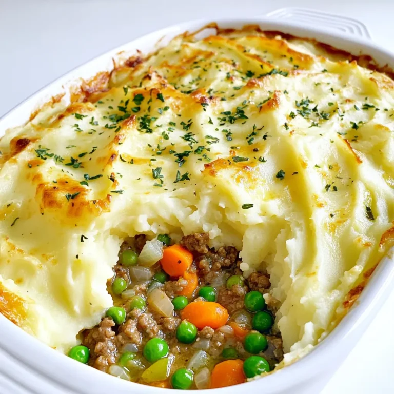 Here is what you need to make a tasty Shepherd's Pie: - 1 lb ground lamb (or beef for variation) - 1 medium onion, diced - 2 carrots, diced - 2 garlic cloves, minced - 1 cup frozen peas - 1 tablespoon tomato paste - 1 tablespoon Worcestershire sauce - 1 teaspoon dried thyme - 1 teaspoon dried rosemary - Salt and pepper to taste - 4 large potatoes, peeled and cubed - ½ cup milk - 4 tablespoons butter - ½ cup shredded cheese (optional for topping) These ingredients combine to create a warm and comforting meal. Each one plays a key role. The ground lamb or beef provides rich flavor. The onions, carrots, and garlic add sweetness and depth. Peas bring color and a pop of freshness. The herbs, thyme and rosemary, give a lovely aroma. Tomato paste and Worcestershire sauce add umami and complexity. Finally, the mashed potatoes create a creamy top that completes the dish. Feel free to mix and match ingredients. You can use beef instead of lamb for a different taste. Choose your favorite cheese for the topping to make it your own. Happy cooking! Start with four large potatoes. Peel and cube them into small pieces. Place the cubes in a large pot. Fill the pot with salted water. Boil the potatoes for 15-20 minutes, or until tender. You can test with a fork. Once done, drain the potatoes. Return them to the pot for mashing. Add half a cup of milk and four tablespoons of butter to the drained potatoes. Mash them until creamy and smooth. Use a potato masher for best results. Season with salt and pepper to taste. Set the mashed potatoes aside while you prepare the filling. In a large skillet, add one pound of ground lamb or beef. Cook over medium heat until the meat is browned. This should take about 5-7 minutes. Break the meat apart as it cooks. If there's too much fat, drain the excess. This keeps your dish from being greasy. Now, add one medium diced onion, two diced carrots, and two minced garlic cloves to the skillet. Stir to mix with the meat. Cook these for about 5 minutes until they soften. This step builds flavor in the filling. Next, stir in one cup of frozen peas, one tablespoon of tomato paste, and one tablespoon of Worcestershire sauce. Add one teaspoon of dried thyme and one teaspoon of dried rosemary. Mix well and cook for another 2-3 minutes. Season the mixture with salt and pepper to your taste. Preheat your oven to 400°F (200°C). Take a baking dish and transfer the meat and vegetable mixture into it. Spread it out evenly. Top the filling with your creamy mashed potatoes. Smooth the potatoes over the filling for a nice finish. If you like, sprinkle half a cup of shredded cheese on top. Bake the pie for 25-30 minutes. Look for a golden and slightly crispy top. This is when it’s ready to serve! You can choose between lamb or beef for your shepherd's pie. Lamb adds a rich flavor, while beef offers a more familiar taste. For the best texture, use ground meat. Ground lamb or chuck beef are great cuts. They cook well and keep the filling juicy. To make creamy mashed potatoes, start by boiling cubed potatoes until they are soft. Then, mash them with milk and butter. This combo creates a smooth mix. Season with salt and pepper for added flavor. You can also add garlic or cheese to make them special. Getting a crispy top is key. After layering your mashed potatoes on the pie, use a fork to create some peaks. This helps them brown nicely. You can also sprinkle cheese on top for extra taste. If you want a quicker method, try using an air fryer. Just adjust the time to avoid burning. {{image_2}} You can make shepherd's pie with different meats. Ground lamb is traditional, but ground beef works too. If you want lighter options, use chicken. For a plant-based meal, choose lentils or mushrooms. These swaps give you a new twist on the classic dish. Adding more veggies makes this meal even better. Try sweet corn for a pop of sweetness. Bell peppers add color and crunch. You could also use green beans or mushrooms. Mix and match your favorite veggies for a fun surprise in every bite. Herbs and spices can change the flavor of your pie. Try adding fresh parsley or basil for a bright taste. A dash of paprika gives a warm kick. You can also use garlic powder for more depth. Feel free to get creative with flavors that you love! To store your shepherd's pie leftovers, first let it cool. Once cool, cover it tightly with plastic wrap or foil. You can also place it in an airtight container. This keeps it fresh. For best results, refrigerate your leftovers if you plan to eat them within three days. If you want to save it longer, freeze it. Just make sure to use a freezer-safe container. It will stay good in the freezer for up to three months. When you reheat shepherd's pie, the goal is to keep it tasty. For the best texture, use the oven. Preheat your oven to 350°F (175°C). Place the pie in a baking dish and cover it with foil. Heat for about 20-25 minutes. Check it halfway through to see if it's warm. If you want a crispy top, remove the foil for the last five minutes. You can also use the microwave for quick reheating. Just heat it in short bursts, checking often. Shepherd's pie is safe to eat when stored correctly. In the fridge, it lasts for about three days. If frozen, it can last up to three months. Always check for signs of spoilage. If it smells bad or looks off, throw it away. Proper storage helps keep your meal fresh and safe to enjoy later. Shepherd’s Pie uses lamb. Cottage Pie uses beef. The names reflect the meat used. Both pies have a layer of meat and veggies topped with potatoes. The cooking method is the same for both dishes. Yes, you can make Shepherd’s Pie ahead of time. You can prepare the meat filling and mash the potatoes. Store them separately in the fridge for up to two days. When ready, assemble the pie and bake. This saves time on a busy day. Yes, you can make it vegetarian. Use lentils or mushrooms instead of meat. Add extra veggies like zucchini or bell peppers for flavor. Swap out the Worcestershire sauce for a vegetarian version. This keeps the dish tasty and hearty. Check the top of the pie for a golden color. The edges should bubble slightly. Use a fork to test the mashed potatoes. They should be firm but not hard. Let it cool for a few minutes before serving. This keeps the filling from spilling out. This blog explained how to make Shepherd's Pie with simple steps and tips. You learned about the key ingredients, from ground lamb to mashed potatoes. We covered cooking techniques and shared bonus ideas for variations and storage. Remember, cooking should be fun and personal. Feel free to adjust the recipe as you like. Enjoy making your version of this classic dish!
