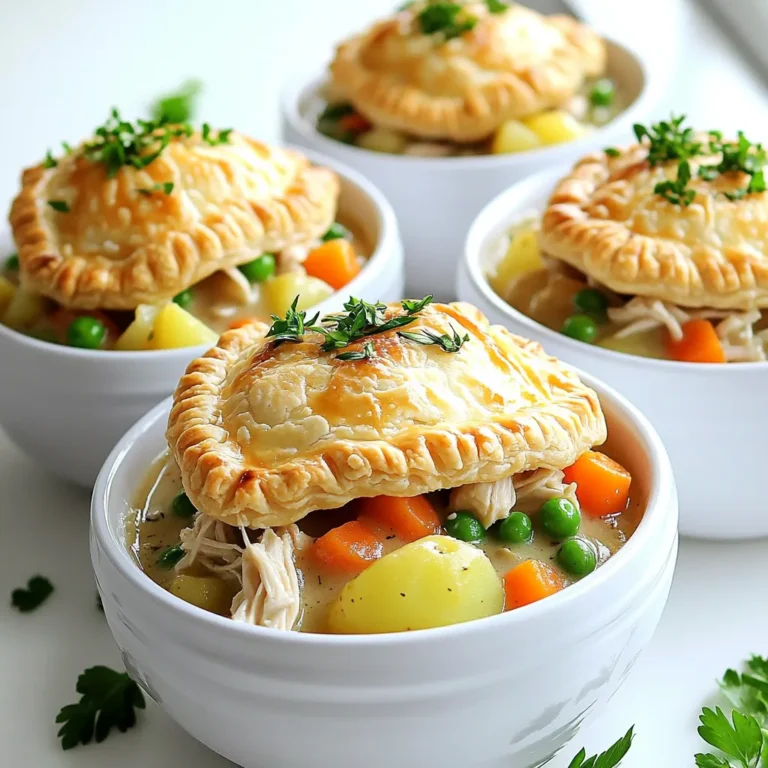 For this crock pot chicken pot pie, you'll need: - 2 pounds boneless, skinless chicken breasts - 4 medium carrots, diced - 3 medium potatoes, diced - 1 cup frozen peas - 1 cup celery, chopped - 1 medium onion, chopped - 4 cloves garlic, minced - 1 can (10.5 oz) cream of chicken soup - 1 cup chicken broth - 1 cup heavy cream - 1 pre-made pie crust (for topping) These ingredients create a hearty base. The chicken gives protein, while the veggies bring color and texture. To enhance the dish, you'll want: - 1 teaspoon dried thyme - 1 teaspoon dried rosemary - Salt and pepper to taste - 1 tablespoon Worcestershire sauce These seasonings add depth. Thyme and rosemary provide an earthy aroma, while Worcestershire sauce boosts the savory flavor. If you want to mix it up, consider adding: - 1 cup corn for sweetness - 1 cup green beans for crunch - Fresh herbs like parsley for garnish These add-ins can change the taste. They allow you to tailor the dish to your family's favorites. Start by cutting the chicken into bite-sized pieces. Place the chicken in the bottom of the Crock Pot. Season it with salt and pepper for extra flavor. Next, chop the carrots, potatoes, celery, and onion. Dice the garlic as well. Add the diced carrots, potatoes, peas, celery, onions, and minced garlic on top of the chicken. In a bowl, mix the cream of chicken soup, chicken broth, and Worcestershire sauce. Stir until it is smooth. Pour this mixture over the chicken and vegetables in the Crock Pot. Sprinkle the dried thyme and rosemary on top. This will add great flavor to your dish. Cover the Crock Pot with its lid. Cook on low for 6-8 hours or on high for 4-5 hours. The chicken should be tender when done. About 30 minutes before serving, stir in the heavy cream for richness. Preheat the oven to 425°F (220°C). Once the cooking time is up, shred the chicken with two forks. Mix it back into the pot. Transfer the mixture to a baking dish. Roll out the pre-made pie crust on top. Cut slits in the crust for steam. Bake for 20-25 minutes until the crust is golden brown. Enjoy your warm, savory chicken pot pie! Cooking time can change based on your Crock Pot. If you use a larger size, the food may cook faster. For smaller pots, it may take longer. Always check if the chicken is cooked through. A good rule is to cook on low for 6-8 hours or high for 4-5 hours. To boost flavor, use fresh herbs instead of dried ones. Fresh thyme and rosemary can make a big difference. Adding a bit more garlic or onion will enhance the taste. Don’t skip the Worcestershire sauce; it adds depth to the dish. Taste the filling before baking and adjust salt and pepper if needed. Presentation matters, even for comfort food. Serve your pot pie in individual bowls for a warm touch. A sprinkle of fresh parsley adds color. You can also add some black pepper for a pop. These small touches make your dish look gourmet and inviting. {{image_2}} You can use other proteins for this dish. Instead of chicken, try turkey. It gives a nice flavor. You can also use cooked beef or pork. For a twist, use shredded rotisserie chicken. Each option adds a unique taste while keeping it cozy. If you want a vegan version, swap the chicken for jackfruit or chickpeas. These options provide great texture. Use vegetable broth instead of chicken broth. For creaminess, try coconut cream or cashew cream. This keeps the dish rich and satisfying without meat. Feel free to mix and match your veggies. Swap carrots for sweet potatoes or add green beans. You can also use fresh herbs instead of dried. If you don’t have cream of chicken soup, use cream of mushroom soup. It works well and adds a different flavor. To store your leftover chicken pot pie, let it cool first. Place it in an airtight container. You can keep it in the fridge for up to three days. Make sure to cover it well to avoid drying out. If you want to keep it longer, freezing is a great option. To freeze chicken pot pie, let it cool completely. Use a freezer-safe dish to store it. You can also wrap it tightly with plastic wrap and then foil. This helps to prevent freezer burn. It will stay good for up to three months. When you're ready to eat, just thaw it in the fridge overnight. Reheat your chicken pot pie in the oven for the best results. Preheat the oven to 350°F (175°C). Place the pie in a baking dish and cover it with foil. Heat for about 20-30 minutes until it's hot. You can also microwave it, but the crust may not stay crispy. If using a microwave, heat in short bursts. Check it often so it doesn’t overcook. Yes, you can use frozen chicken. Just add it to the Crock Pot without thawing. This makes it easy and quick. Just keep in mind that the cooking time will be a bit longer. If you cook it on low, allow 8-10 hours. On high, aim for 5-6 hours. Always check the chicken's temperature before serving. It should reach 165°F (75°C). The chicken is done when it is tender and easy to shred. Use a meat thermometer to check the internal temperature. It should be at least 165°F (75°C). If you do not have a thermometer, shred it with two forks. If it falls apart easily, it's ready. Also, make sure the juices run clear. This shows it has cooked through. Chicken pot pie is great on its own, but you can add sides for a full meal. Here are some tasty options: - Green Salad: A fresh salad with mixed greens adds crunch. - Mashed Potatoes: Creamy mashed potatoes complement the pie well. - Steamed Vegetables: Broccoli or green beans are healthy choices. - Crusty Bread: Serve warm bread to soak up the filling. These sides enhance the meal and bring new flavors to the table. Enjoy mixing and matching! This blog post covered everything you need for a great chicken pot pie. We discussed key ingredients like chicken, veggies, and spices. I shared easy steps to prepare, cook, and enhance your dish. Tips for timing and flavor help make it even better. Plus, I gave ideas for variations and how to store leftovers. Enjoy cooking your meal and impress your friends and family with your skills!