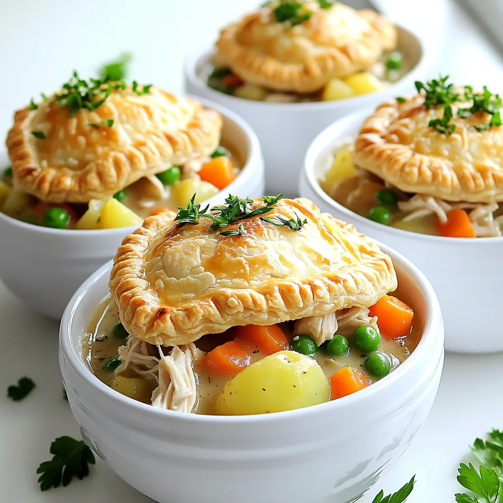 For this crock pot chicken pot pie, you'll need: - 2 pounds boneless, skinless chicken breasts - 4 medium carrots, diced - 3 medium potatoes, diced - 1 cup frozen peas - 1 cup celery, chopped - 1 medium onion, chopped - 4 cloves garlic, minced - 1 can (10.5 oz) cream of chicken soup - 1 cup chicken broth - 1 cup heavy cream - 1 pre-made pie crust (for topping) These ingredients create a hearty base. The chicken gives protein, while the veggies bring color and texture. To enhance the dish, you'll want: - 1 teaspoon dried thyme - 1 teaspoon dried rosemary - Salt and pepper to taste - 1 tablespoon Worcestershire sauce These seasonings add depth. Thyme and rosemary provide an earthy aroma, while Worcestershire sauce boosts the savory flavor. If you want to mix it up, consider adding: - 1 cup corn for sweetness - 1 cup green beans for crunch - Fresh herbs like parsley for garnish These add-ins can change the taste. They allow you to tailor the dish to your family's favorites. Start by cutting the chicken into bite-sized pieces. Place the chicken in the bottom of the Crock Pot. Season it with salt and pepper for extra flavor. Next, chop the carrots, potatoes, celery, and onion. Dice the garlic as well. Add the diced carrots, potatoes, peas, celery, onions, and minced garlic on top of the chicken. In a bowl, mix the cream of chicken soup, chicken broth, and Worcestershire sauce. Stir until it is smooth. Pour this mixture over the chicken and vegetables in the Crock Pot. Sprinkle the dried thyme and rosemary on top. This will add great flavor to your dish. Cover the Crock Pot with its lid. Cook on low for 6-8 hours or on high for 4-5 hours. The chicken should be tender when done. About 30 minutes before serving, stir in the heavy cream for richness. Preheat the oven to 425°F (220°C). Once the cooking time is up, shred the chicken with two forks. Mix it back into the pot. Transfer the mixture to a baking dish. Roll out the pre-made pie crust on top. Cut slits in the crust for steam. Bake for 20-25 minutes until the crust is golden brown. Enjoy your warm, savory chicken pot pie! Cooking time can change based on your Crock Pot. If you use a larger size, the food may cook faster. For smaller pots, it may take longer. Always check if the chicken is cooked through. A good rule is to cook on low for 6-8 hours or high for 4-5 hours. To boost flavor, use fresh herbs instead of dried ones. Fresh thyme and rosemary can make a big difference. Adding a bit more garlic or onion will enhance the taste. Don’t skip the Worcestershire sauce; it adds depth to the dish. Taste the filling before baking and adjust salt and pepper if needed. Presentation matters, even for comfort food. Serve your pot pie in individual bowls for a warm touch. A sprinkle of fresh parsley adds color. You can also add some black pepper for a pop. These small touches make your dish look gourmet and inviting. {{image_2}} You can use other proteins for this dish. Instead of chicken, try turkey. It gives a nice flavor. You can also use cooked beef or pork. For a twist, use shredded rotisserie chicken. Each option adds a unique taste while keeping it cozy. If you want a vegan version, swap the chicken for jackfruit or chickpeas. These options provide great texture. Use vegetable broth instead of chicken broth. For creaminess, try coconut cream or cashew cream. This keeps the dish rich and satisfying without meat. Feel free to mix and match your veggies. Swap carrots for sweet potatoes or add green beans. You can also use fresh herbs instead of dried. If you don’t have cream of chicken soup, use cream of mushroom soup. It works well and adds a different flavor. To store your leftover chicken pot pie, let it cool first. Place it in an airtight container. You can keep it in the fridge for up to three days. Make sure to cover it well to avoid drying out. If you want to keep it longer, freezing is a great option. To freeze chicken pot pie, let it cool completely. Use a freezer-safe dish to store it. You can also wrap it tightly with plastic wrap and then foil. This helps to prevent freezer burn. It will stay good for up to three months. When you're ready to eat, just thaw it in the fridge overnight. Reheat your chicken pot pie in the oven for the best results. Preheat the oven to 350°F (175°C). Place the pie in a baking dish and cover it with foil. Heat for about 20-30 minutes until it's hot. You can also microwave it, but the crust may not stay crispy. If using a microwave, heat in short bursts. Check it often so it doesn’t overcook. Yes, you can use frozen chicken. Just add it to the Crock Pot without thawing. This makes it easy and quick. Just keep in mind that the cooking time will be a bit longer. If you cook it on low, allow 8-10 hours. On high, aim for 5-6 hours. Always check the chicken's temperature before serving. It should reach 165°F (75°C). The chicken is done when it is tender and easy to shred. Use a meat thermometer to check the internal temperature. It should be at least 165°F (75°C). If you do not have a thermometer, shred it with two forks. If it falls apart easily, it's ready. Also, make sure the juices run clear. This shows it has cooked through. Chicken pot pie is great on its own, but you can add sides for a full meal. Here are some tasty options: - Green Salad: A fresh salad with mixed greens adds crunch. - Mashed Potatoes: Creamy mashed potatoes complement the pie well. - Steamed Vegetables: Broccoli or green beans are healthy choices. - Crusty Bread: Serve warm bread to soak up the filling. These sides enhance the meal and bring new flavors to the table. Enjoy mixing and matching! This blog post covered everything you need for a great chicken pot pie. We discussed key ingredients like chicken, veggies, and spices. I shared easy steps to prepare, cook, and enhance your dish. Tips for timing and flavor help make it even better. Plus, I gave ideas for variations and how to store leftovers. Enjoy cooking your meal and impress your friends and family with your skills!