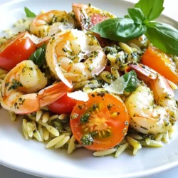 Cooking Pesto Shrimp Orzo is simple and fun. Here’s what you need: - 1 cup orzo pasta - 1 lb shrimp, peeled and deveined - 1 cup basil pesto - 1 cup cherry tomatoes, halved - 2 cloves garlic, minced - 2 tablespoons olive oil - 1/2 teaspoon red pepper flakes - Salt and pepper to taste - 2 tablespoons grated Parmesan cheese - Fresh basil leaves for garnish Each ingredient plays a key role. The orzo gives a nice chewy texture. Shrimp adds protein and flavor. Basil pesto brings a fresh taste. Cherry tomatoes add sweetness. Garlic gives a warm aroma. Olive oil keeps everything moist. Red pepper flakes add a hint of heat. Salt and pepper enhance all the flavors. Parmesan cheese can make it creamy. Fresh basil leaves are perfect for a bright finish. Feel free to adjust these ingredients to fit your taste. If you want more veggies, add spinach or bell peppers. Want a spicy kick? Add more red pepper flakes. This dish is versatile, and you can make it your own! {{ingredient_image_1}} 1. Boil Water: Fill a large pot with water. Add salt and bring it to a boil. 2. Cook Orzo: Add 1 cup of orzo pasta. Cook it for about 8-10 minutes. Check the package for exact times. 3. Al Dente Tips: To get that perfect bite, taste a piece. It should be firm but not hard. 4. Drain: Once done, drain the orzo in a colander. Set it aside while you cook the shrimp. 1. Prepare Skillet: Grab a large skillet and heat 2 tablespoons of olive oil over medium heat. 2. Sauté Garlic: Add 2 cloves of minced garlic. Cook for about 30 seconds. You want it fragrant, not brown. 3. Add Shrimp: Toss in 1 pound of peeled and deveined shrimp. Season with salt, pepper, and optional red pepper flakes. 4. Cook Perfectly: Cook the shrimp for 2-3 minutes on one side. Flip them and cook for another 2-3 minutes. They should turn pink and opaque. 1. Add Ingredients: Once the shrimp are cooked, add the drained orzo, 1 cup of halved cherry tomatoes, and 1 cup of basil pesto to the skillet. 2. Toss Together: Gently toss everything. Heat through for about 2 minutes. 3. Serve: Remove from heat. Top with optional grated Parmesan cheese and fresh basil leaves for a lovely touch. To get the best shrimp, avoid overcooking. Overcooked shrimp can turn tough. Cook them just until they turn pink and opaque. This usually takes about 4 to 6 minutes total. To tell when shrimp are done, look for a few signs: - They should be pink in color. - They should curl into a C shape. - The flesh should feel firm to the touch. You can use store-bought or homemade pesto for this dish. Homemade pesto gives a fresh taste. It can be easy to make with basil, garlic, and nuts. Store-bought pesto is quick and still tasty. For dietary needs, swap ingredients easily. For a nut-free option, skip the nuts in homemade pesto. If you're vegan, use a dairy-free pesto. You can also make it without cheese. Pair this dish with a fresh salad or crusty bread. A side of steamed veggies also works well. This dish shines at family dinners or casual get-togethers. It’s also great for quick weeknight meals. Pro Tips Use Fresh Pesto: If possible, use fresh basil pesto for a brighter flavor. Homemade pesto can elevate this dish significantly. Perfectly Cooked Shrimp: Be careful not to overcook the shrimp; they should be just pink and opaque. Overcooking can make them tough. Add Veggies: Feel free to add other vegetables like spinach or zucchini for added nutrition and color. Garnish Wisely: Fresh basil leaves not only enhance the presentation but also add a burst of fresh flavor to the finished dish. {{image_2}} You can make Pesto Shrimp Orzo your own. Adding vegetables brings more color and flavor. Consider these options: - Spinach - Zucchini - Bell peppers - Peas - Asparagus For proteins, you can swap the shrimp for chicken or scallops. If you love a kick, add more red pepper flakes. For a milder dish, skip the spice or use less. If you need a gluten-free meal, try different pasta. You can use gluten-free orzo made from rice or quinoa. Other great choices include: - Brown rice pasta - Corn pasta - Vegetable noodles These options keep the dish tasty while meeting your diet needs. Want a vegan or vegetarian dish? Skip the shrimp and cheese. Use mushrooms for a hearty texture. You can also add chickpeas for protein. For low-carb options, try spiralized zucchini noodles. They make a fresh base for the pesto and shrimp. This way, you enjoy the flavor without the carbs. To keep your Pesto Shrimp Orzo fresh, choose a good storage container. A glass or plastic container with a tight lid works well. This dish lasts about three days in the fridge. Make sure it cools down before you seal it up. When you reheat your shrimp orzo, use low heat. This keeps the shrimp tender and juicy. You can use a microwave or a skillet for reheating. If you use a skillet, add a splash of water or broth to keep the orzo moist. Avoid high heat; it can dry out the orzo. To freeze Pesto Shrimp Orzo, place it in an airtight container or a freezer bag. Try to remove as much air as possible. It stays good for up to three months in the freezer. When you are ready to eat, thaw it in the fridge overnight. Reheat gently on the stove or in the microwave. You can use several types of pasta instead of orzo. Here are some options: - Farfalle: These butterfly-shaped noodles add fun to your dish. - Ditalini: Small tubes that catch sauce well. - Rice: For a gluten-free option, use cooked rice. - Quinoa: A healthy grain that adds protein. Try these for a twist on your Pesto Shrimp Orzo. Yes, you can prepare parts of this dish in advance. Here are some tips: - Cook the orzo: You can cook it a day early and store it in the fridge. - Prep shrimp: Clean and season the shrimp ahead of time. Just cook them fresh for the best taste. - Make pesto: If you're using homemade, it can last in the fridge for a week. Assemble the dish closer to serving time for the best flavor. Pesto Shrimp Orzo can be a healthy meal choice. Here’s why: - Shrimp: Low in calories and high in protein. - Orzo: Offers carbs for energy; whole-grain orzo is even better. - Pesto: It has healthy fats from olive oil and nuts. Watch your portion sizes and use fresh veggies for added nutrients. This blog post gave you a complete guide to making Pesto Shrimp Orzo. You learned about the key ingredients, step-by-step cooking instructions, and helpful tips. You can customize this dish to fit your tastes and dietary needs. Remember to store any leftovers properly and follow reheating tips to enjoy your meal later. Whether for a family dinner or a special occasion, Pesto Shrimp Orzo is a crowd-pleaser. Now, it's time to try making this tasty dish yourself!